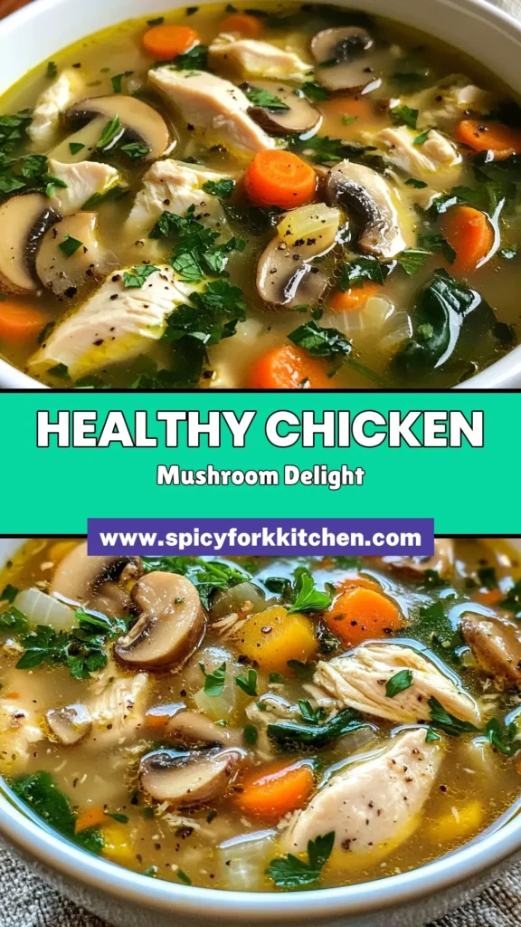 Warm up with this delicious Clean Chicken Mushroom Soup. This healthy chicken soup features tender chicken, cremini mushrooms, and vibrant spinach in a low-sodium soup recipe that’s perfect for those seeking a lighter meal. Discover how easy it is to make this flavorful mushroom soup recipe that everyone will love. Save this recipe for a comforting dish that’s good for you and your family! #CleanChickenSoup #HealthyChickenSoup #MushroomSoupRecipe #LowSodiumSoup
