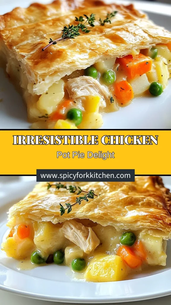Savor the flavors of this ultimate chicken pot pie recipe! With its creamy chicken filling and flaky crust, this easy chicken pot pie is perfect for cozy dinners. Made from scratch, this homemade pot pie is packed with tender chicken, peas, and potatoes, making it a true comfort food favorite. Try this recipe today and enjoy a delicious meal that the whole family will love! Save this creamy chicken pie recipe for your next cooking adventure. #ChickenPotPie #EasyChickenPotPie #HomemadePotPie #ComfortFood