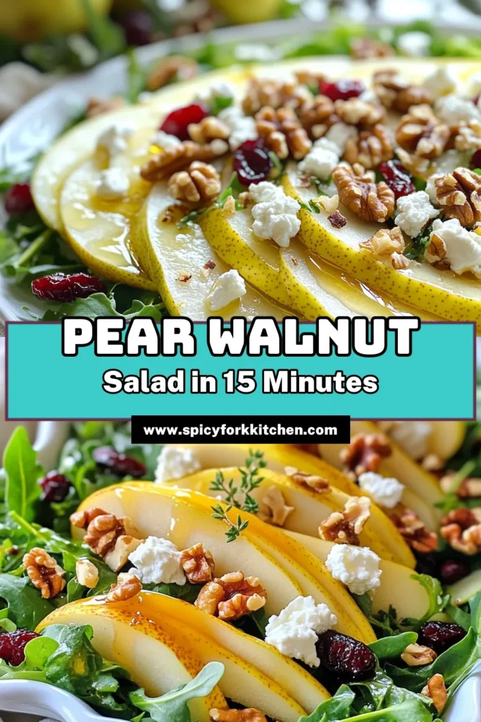 Discover the delightful Pear Walnut Salad, a perfect addition to your healthy meal rotation! This mixed greens salad recipe features juicy pears, toasted walnuts, and creamy goat cheese, creating a tasty and nutritious option for any occasion. Try this easy salad with fruit that's both vibrant and satisfying. Ideal for lunch or dinner, it’s a must-save for anyone seeking delicious healthy salad recipes! Pin it now! #PearWalnutSalad #HealthySaladRecipes #MixedGreensSalad #GoatCheeseSalad