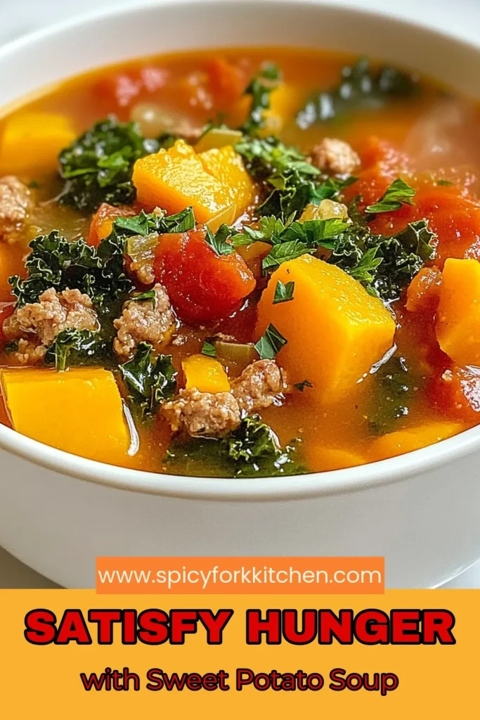Warm up with this delicious Sweet Potato Sausage Soup! This healthy soup recipe combines the goodness of sweet potatoes, kale, and Italian chicken sausage for a hearty meal. Perfect for those chilly days, this easy vegetable broth soup is simple to make and incredibly tasty. Enjoy a bowl of comforting kale and sweet potato soup that your family will love. Save this recipe for a wholesome dinner! #SweetPotatoSausageSoup #HealthySoupRecipes #ItalianChickenSausageSoup #EasyVegetableBrothSoup