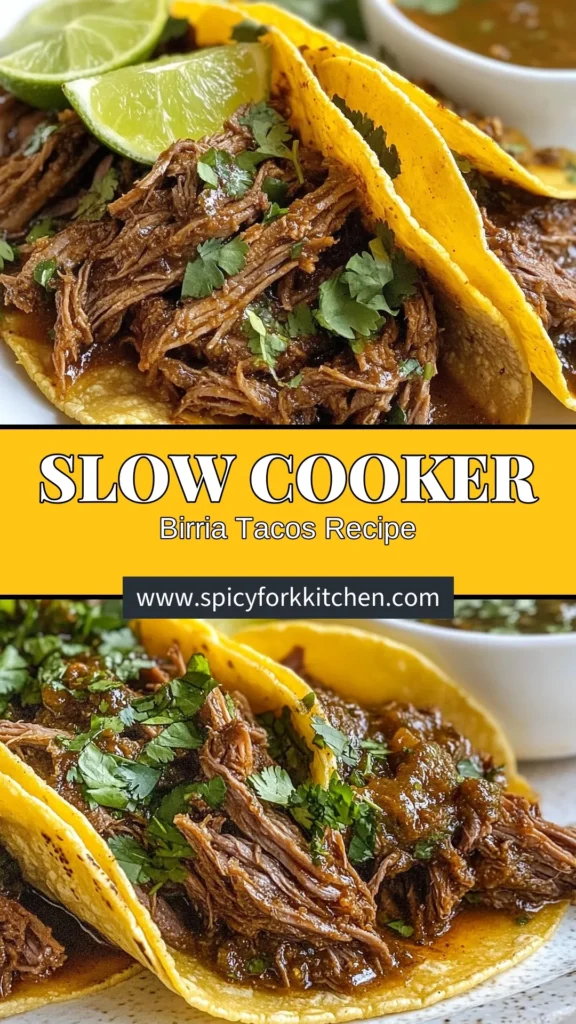 Discover our delicious Crockpot Beef Birria recipe that makes perfect easy birria tacos! This slow cooker birria uses authentic beef birria ingredients for a deeply flavorful dish. Enjoy tender beef infused with rich spices, all made effortlessly in your crockpot. Impress your family and friends with these mouthwatering tacos at your next gathering. Don't forget to save this recipe for later! #BeefBirria #BirriaTacos #CrockpotRecipes #SlowCookerMeals