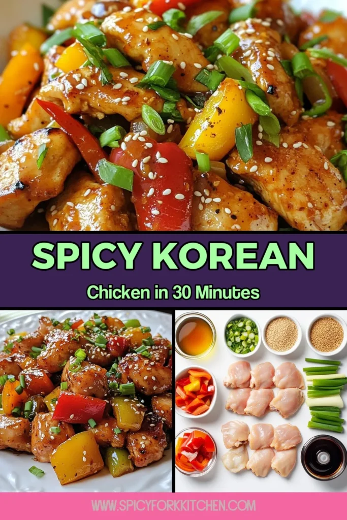 Get ready to spice up your dinner with this Korean spicy chicken stir-fry! This easy chicken stir-fry recipe features tender chicken marinated in gochujang, perfectly stir-fried with fresh vegetables for a quick Korean dinner. In just under an hour, you can enjoy a flavorful dish that's both satisfying and simple to make. Perfect for busy weeknights! Save this gochujang chicken recipe for your next meal! #KoreanFood #ChickenRecipes #QuickDinner #StirFry
