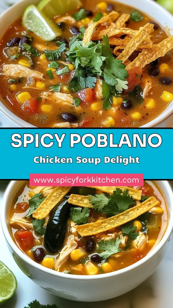 Discover a deliciously spicy Poblano Chicken Tortilla Soup that's sure to warm you up! This easy tortilla soup recipe features roasted poblano peppers, tender chicken, and a medley of flavorful spices for a comforting bowl of chicken tortilla soup. Perfect for lunch or dinner, this spicy chicken soup is a family favorite. Try it today and elevate your weeknight meals! Save this recipe for later! #PoblanoChickenSoup #TortillaSoupRecipe #ChickenTortillaSoup #SpicyChickenSoup