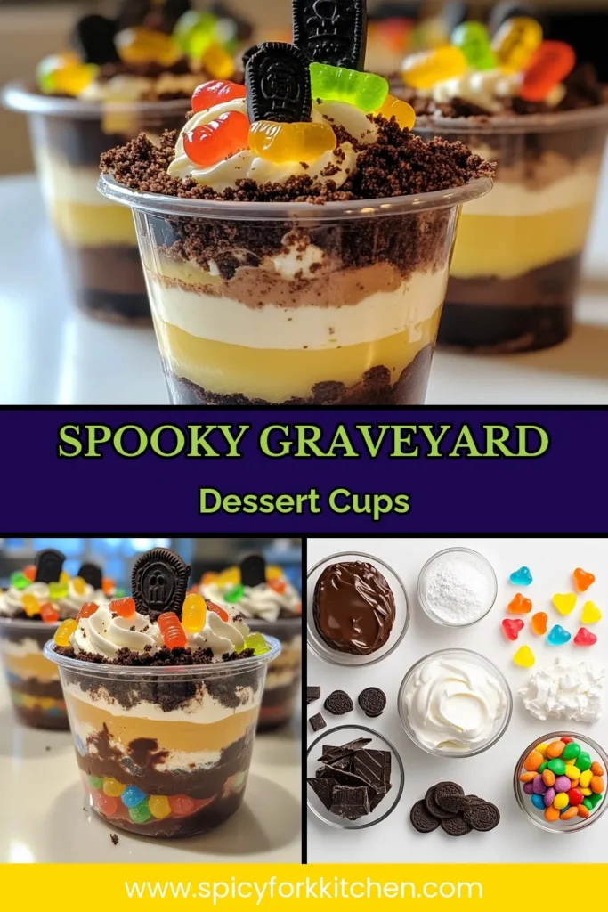 Indulge in a fun Halloween treat with these Graveyard Dirt Cake Cups! This easy spooky cake recipe layers chocolate pudding cups, creamy filling, and crushed Oreo dirt for a deliciously eerie dessert. Perfect for parties, these Halloween dessert cups are a crowd-pleaser that kids and adults will adore. Get ready to impress your guests—save this recipe now! #GraveyardDirtCake #HalloweenDessertCups #ChocolatePuddingCups #OreoDirtCake