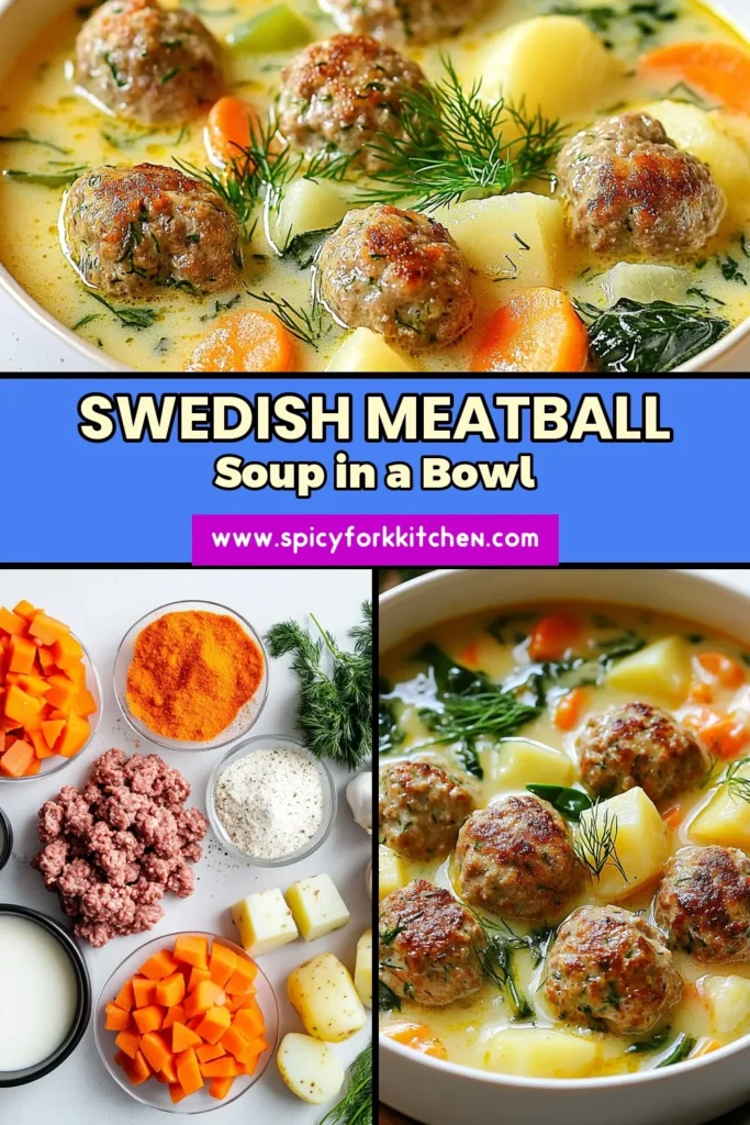 Warm up your kitchen with this delightful Swedish meatball soup, a perfect comfort food recipe for cozy nights. This easy meatball soup features tender beef and pork meatballs simmered in a creamy broth with carrots, potatoes, and spinach. Prepare it for your family and enjoy the rich flavors together. Save this creamy soup recipe now and make sure to try it soon! #SwedishMeatballSoup #ComfortFoodRecipes #EasyMeatballSoup #CreamySoupRecipes
