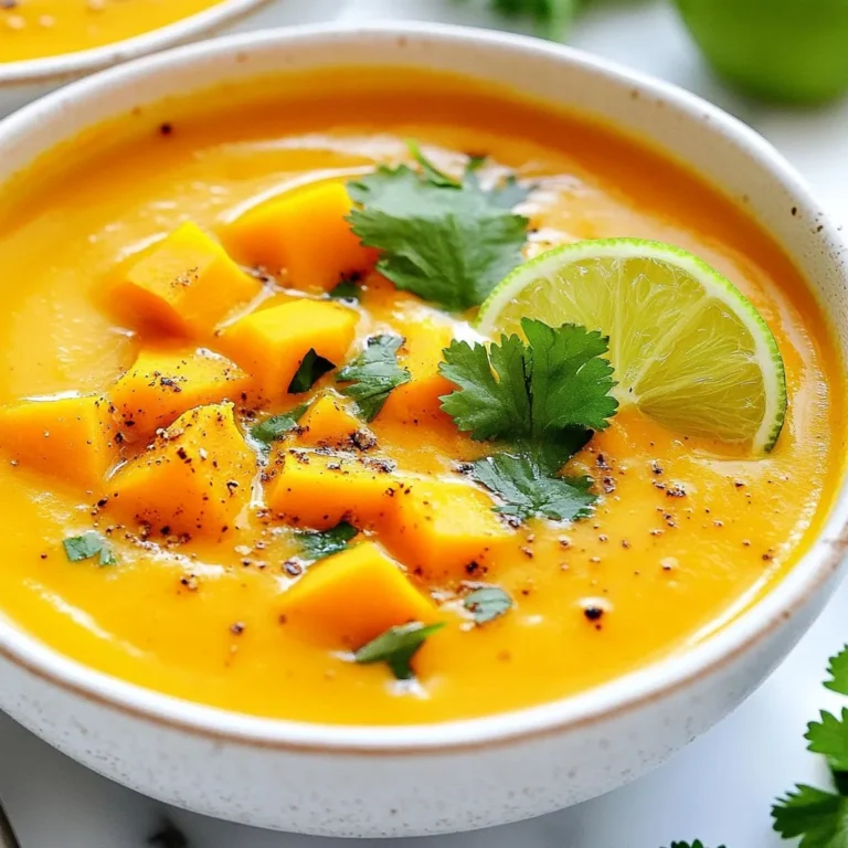 - 1 medium butternut squash, peeled and cubed - 2 medium sweet potatoes, peeled and cubed - 1 onion, chopped - 3 cloves garlic, minced - 2 tablespoons olive oil - 1 teaspoon ground cumin - 1 teaspoon smoked paprika - ½ teaspoon cayenne pepper (adjust to taste) - 4 cups vegetable broth - 1 can (13.5 oz) coconut milk - Salt and pepper to taste - Fresh cilantro for garnish - Optional: Lime wedges for serving To make Spicy Butternut Sweet Potato Soup, gather all these ingredients. Each one adds flavor and texture. The butternut squash and sweet potatoes bring sweetness. The onion and garlic provide a savory base. Olive oil helps in sautéing and adds richness. Spices like cumin and smoked paprika give warmth. Cayenne pepper brings heat, but you can adjust it. Vegetable broth gives depth and helps cook the veggies. Coconut milk adds creaminess and a hint of sweetness. Finally, fresh cilantro brightens each bowl. Having everything ready makes cooking smoother. You will enjoy the process and the warm flavors. Trust me; this soup will become a favorite! {{ingredient_image_1}} - Sautéing the onion and garlic Start by heating two tablespoons of olive oil in a large pot over medium heat. Once the oil is hot, add one chopped onion. Cook it for about five minutes until it becomes soft and clear. Next, add three minced garlic cloves. Cook for one more minute. This step builds a rich base of flavor. - Adding butternut squash and sweet potatoes Now, peel and cube one medium butternut squash and two medium sweet potatoes. Add these to the pot with the onion and garlic. Stir them well to mix everything together. The sweet and nutty flavors of the squash and potatoes will shine through. - Incorporating spices and broth Next, sprinkle in one teaspoon of ground cumin, one teaspoon of smoked paprika, and half a teaspoon of cayenne pepper. Mix everything well until the veggies are coated with spices. Now, pour in four cups of vegetable broth. Bring the mixture to a boil, then lower the heat to a simmer. Cover the pot and cook for 20 to 25 minutes. You want the squash and sweet potatoes to be soft. - Simmering the soup Keep the pot covered while it simmers. This helps the flavors meld together. Check the vegetables after 20 minutes. They should be tender and easy to pierce with a fork. - Blending the soup Once the veggies are tender, use an immersion blender to puree the soup until it’s smooth. If you don't have one, you can carefully transfer the soup to a blender in batches. Just be cautious with hot liquids. - Final seasoning and serving After blending, stir in one can of coconut milk. This adds creaminess and a hint of sweetness. Season with salt and pepper to taste. Heat the soup over low heat until warm. Serve it hot. Garnish with fresh cilantro and a lime wedge for a fresh kick. Enjoy! - Achieving the right texture: Blend the soup until smooth. If you like it chunky, blend only half. - Adjusting spice levels: Start with less cayenne pepper. You can always add more later. Taste as you go! - Enhancing flavor with herbs: Fresh cilantro works great as a garnish. Consider adding thyme or rosemary for depth. - Overcooking the vegetables: Check the butternut squash and sweet potatoes after 20 minutes. They should be soft but not mushy. - Incomplete blending for a smooth consistency: Make sure to blend long enough. A lumpy soup is not as nice to eat. Pro Tips Adjust the Spice Level: If you prefer a milder soup, reduce the cayenne pepper or omit it altogether. You can always add more spice later if needed! Use Fresh Ingredients: Fresh butternut squash and sweet potatoes will enhance the flavor of the soup. Opt for organic produce if possible. Variations on Garnish: Experiment with different garnishes like toasted pumpkin seeds or a swirl of yogurt for added creaminess and texture. Storage Tips: This soup stores well in the refrigerator for up to 5 days. For longer storage, freeze in airtight containers for up to 3 months. {{image_2}} You can change the recipe by using different vegetables. Consider using carrots or parsnips instead of sweet potatoes. These will still give you a nice, sweet flavor. You can try pumpkin as well for a unique twist. If you want a dairy-free option, coconut milk is great. However, you can also use almond milk or cashew cream for creaminess. Both will add a different flavor but keep the soup delicious. Spices can greatly change the taste of your soup. Try adding ginger for warmth. A pinch of cinnamon can also bring a lovely depth. You might want to experiment with curry powder for a new twist. For a protein boost, add cooked lentils or chickpeas. They blend well and make the soup heartier. You can also top the soup with grilled chicken or shrimp for extra protein. This will make your meal more filling. To store your spicy butternut sweet potato soup, first let it cool. Pour it into an airtight container. This keeps the soup fresh and prevents spills. Store it in the fridge for up to five days. When you want to reheat, pour the soup into a pot. Heat it over medium heat, stirring often. This keeps it from sticking. You can also use a microwave-safe bowl. Just heat it in short bursts, stirring in between. Freezing the soup is simple. First, let it cool completely. Pour the soup into freezer-safe bags or containers. Leave some space for expansion. Label each bag with the date and name, so you remember what it is. To thaw the soup, move it from the freezer to the fridge. Let it sit overnight. If you're in a hurry, run the sealed bag under cold water. When you are ready to reheat, follow the same steps as before. Enjoy your soup warm and fresh! Can I make Spicy Butternut Sweet Potato Soup in a slow cooker? Yes, you can! Start by sautéing the onion and garlic in a pan. Then, add them along with the butternut squash, sweet potatoes, spices, and broth to your slow cooker. Cook on low for 6-8 hours or high for 3-4 hours. Blend the soup at the end and stir in the coconut milk. How can I make this recipe vegan-friendly? This recipe is already vegan-friendly since it uses coconut milk and vegetable broth. Just make sure your vegetable broth is free from animal products. It’s a great option for plant-based diets! What can I serve with this soup? This soup pairs well with crusty bread or a fresh salad. You can also enjoy it with a dollop of vegan sour cream on top. For a fun twist, try adding some roasted chickpeas for crunch! This blog outlines a tasty Spicy Butternut Sweet Potato Soup. You learned about the key ingredients and the step-by-step instructions to make it. We discussed tips to perfect your soup and ways to avoid common mistakes. You can explore ingredient variations for a unique twist. Plus, we covered how to store and freeze leftovers effectively. In closing, this soup is easy and healthy. Enjoy making it and share with friends!
