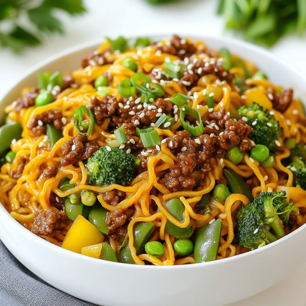 - 1 lb ground beef - 8 oz egg noodles - 2 tablespoons vegetable oil - 1 medium onion, finely chopped - 3 garlic cloves, minced - 1 inch ginger, grated - 2 green bell peppers, sliced - 1 cup broccoli florets - 1 cup snap peas These ingredients create a solid base for your dish. Ground beef gives it richness. Egg noodles provide a hearty texture. Fresh vegetables add color and crunch. - 3 tablespoons soy sauce - 1 tablespoon hoisin sauce - 1 tablespoon sesame oil - 1 tablespoon brown sugar - 1 teaspoon crushed red pepper flakes (optional) The sauce pulls it all together. Soy sauce adds umami. Hoisin sauce brings sweetness. Sesame oil provides a nutty flavor. Brown sugar balances the salty notes. If you like heat, add red pepper flakes! With these ingredients, you build a flavorful meal that is quick and easy to make. {{ingredient_image_1}} Start by cooking the egg noodles. Follow the package instructions carefully. This usually takes around 5-7 minutes. Once cooked, drain the noodles and set them aside. Make sure to toss them with a little oil to prevent sticking. In a large skillet or wok, heat the vegetable oil over medium-high heat. You want the oil to shimmer but not smoke. Next, add your chopped onion. Sauté for about 2-3 minutes until it turns translucent. This helps release its natural sweetness. After that, add minced garlic and grated ginger. Stir the mixture for about 1 minute. You’ll start to smell a wonderful aroma. Push the onion mixture to one side of the skillet. Now, add the ground beef to the empty side. Cook the beef until it is browned and fully cooked. This should take about 5-7 minutes. Use a spatula to break it apart as it cooks. Once the beef is ready, stir in sliced bell peppers, broccoli florets, and snap peas. Cook everything for an additional 4-5 minutes. The vegetables should be tender but still crisp. This adds great texture to your dish. In a small bowl, whisk together the soy sauce, hoisin sauce, sesame oil, brown sugar, and any red pepper flakes if you like some heat. Pour this sauce over the beef and vegetables. Stir well to coat everything evenly. Now, add the cooked egg noodles to the skillet. Toss everything together. Make sure the noodles are heated through and mixed well with the sauce. This should take about 2 minutes. Finally, remove the skillet from heat. Adjust the seasoning with extra soy sauce if needed. Enjoy your flavorful Mongolian Ground Beef Noodles! Adjusting Seasoning Taste your dish as you cook. If it seems bland, add more soy sauce. A touch more hoisin sauce can boost the sweet flavor. If you want more heat, sprinkle in some crushed red pepper flakes. Adjust until it feels just right for you. Balancing Sweet and Savory The key to great flavor is balance. You want both sweet and savory notes. If your dish is too sweet, add a splash more soy sauce. If it’s too savory, mix in a little brown sugar. This way, you create a rich, layered taste that delights your palate. Using a Wok vs. Skillet A wok is ideal for cooking at high heat. It allows for even cooking and great stir-frying. If you don’t have one, a large skillet works too. Just make sure it has high sides to contain the ingredients. Both methods will yield tasty results. Tips for High-Temperature Cooking Preheat your pan before adding oil. This helps to sear the beef quickly. Make sure not to overcrowd the pan. Cook in batches if needed. This keeps the beef juicy and tender while giving it a nice brown color. Enhancing Presentation Presentation matters! Serve the noodles in big bowls. This makes it look inviting. A sprinkle of sesame seeds adds a nice crunch. It also gives a lovely visual touch. Best Herbs and Toppings Chopped green onions make a great topping. They add freshness and color. You can also try cilantro for a different flavor. A squeeze of lime can brighten the dish even more. Use what you love! Pro Tips Use Fresh Ingredients: Fresh vegetables add vibrant flavor and nutrition to the dish. Whenever possible, choose seasonal produce for the best taste. Adjust Spice Levels: If you enjoy more heat, feel free to increase the amount of crushed red pepper flakes or add sliced fresh chili peppers to the mix. Meal Prep Friendly: This dish can be made ahead of time and stored in the refrigerator for up to 3 days. Simply reheat on the stove or in the microwave when ready to serve. Pair with Sides: Serve your Mongolian Ground Beef Noodles with a side of steamed rice or a fresh salad to round out the meal. {{image_2}} You can swap ground beef for other meats. Ground turkey or chicken works great. They are leaner but still tasty. You can use the same method as with beef. For a vegetarian option, try using lentils or mushrooms. Lentils add protein and fiber. Mushrooms give a nice texture and earthy flavor. Both choices keep the dish hearty. While egg noodles are traditional, you can switch to rice noodles. They soak up flavors well and are gluten-free. Simply cook them as per package directions. Zucchini noodles are another fun choice. They are low-carb and add freshness. Just spiralize the zucchini and toss them in at the end. This keeps them crisp. Feel free to add seasonal veggies. Carrots, bell peppers, and spinach all work well. They boost nutrition and color in the dish. If you like heat, add crushed red pepper flakes or sliced jalapeños. This adds spice without overwhelming the flavors. You can adjust based on your taste. To keep your Mongolian ground beef noodles fresh, cool them before storing. Let the dish sit at room temperature for about 30 minutes. Once cool, place it in an airtight container. Store in the fridge for up to three days. Be sure to label the container with the date. This way, you know when to eat it! You can freeze the noodles for later. First, let the dish cool completely. Then, divide it into portions for easy thawing. Use freezer-safe containers or bags. Remove as much air as you can to avoid freezer burn. Your noodles can stay good in the freezer for up to three months. When ready to enjoy, simply thaw overnight in the fridge. Reheating leftovers is simple! You can use the microwave or stovetop. If using the microwave, place the noodles in a bowl and cover it with a damp paper towel. Heat in 1-minute intervals, stirring in between. On the stovetop, add a splash of water to a skillet. Heat over medium-low until warmed through. Avoid overheating to keep the noodles from getting mushy. Mongolian Ground Beef Noodles come from Mongolian cuisine. This dish does not actually hail from Mongolia. It draws inspiration from East Asian flavors. It mixes savory beef with fresh vegetables and noodles. Culturally, it reflects the blend of nomadic traditions and modern cooking. Mongolian food often features hearty ingredients. It adapts to local tastes in many countries. This dish is loved by many due to its rich flavors and ease of preparation. Yes, you can make this dish ahead of time. It’s great for meal prep and saves time on busy days. You can cook the noodles and beef separately. Then, store them in airtight containers in the fridge. When you are ready to eat, just combine and heat them up. This dish will taste great for up to three days in the fridge. For best results, keep the sauce separate until serving. This keeps the noodles from getting soggy. To add more heat, you have many options. Start by adding more crushed red pepper flakes. You can also use a spicy sauce, like sriracha or chili paste. Another option is to add fresh chili peppers while cooking. If you prefer a smoky flavor, try using chipotle peppers. Adjust the heat to match your taste. Always taste as you go to find your perfect level of spice! This blog post covered all the key steps to make Mongolian Ground Beef Noodles. We reviewed the main ingredients, sauce options, and detailed cooking methods. I shared tips for flavor and cooking techniques. You also learned how to customize the dish with different proteins and noodles. Don't forget to store leftovers properly to enjoy them later. This easy recipe gives you room to play with flavors and ingredients. Now, it’s time to start cooking! Enjoy this tasty meal with your loved ones.