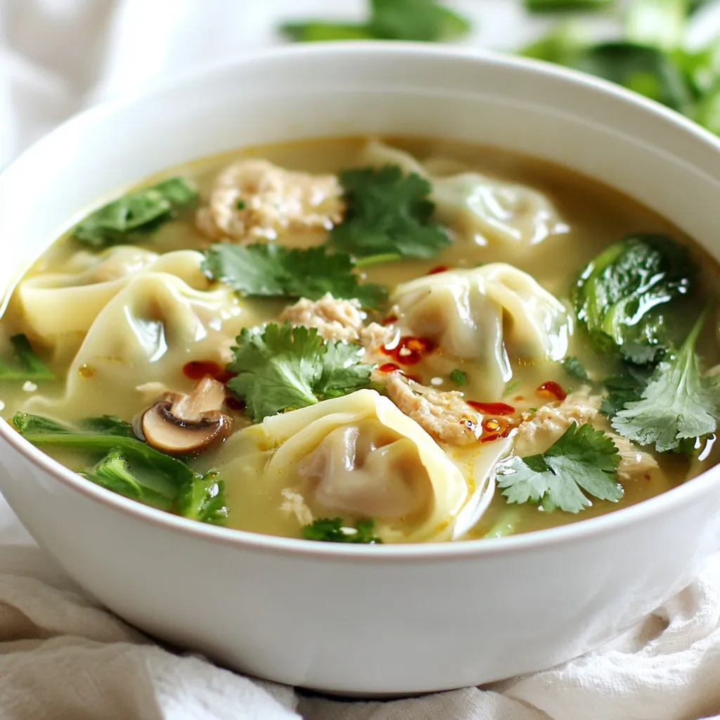 - 12 store-bought wonton wrappers - 1 cup ground chicken or turkey - 1 tablespoon green onion, finely chopped - 1 teaspoon ginger, minced - 1 teaspoon soy sauce - 1 teaspoon sesame oil - 4 cups chicken broth - 1 cup bok choy, chopped - 1 cup mushrooms, sliced (shiitake or button) - Salt and pepper to taste - Fresh cilantro for garnish (optional) - Chili oil for drizzling (optional) Wonton wrappers are the star of this dish. They hold the filling and cook quickly. I prefer store-bought wrappers for ease, but you can make your own if you want to. Ground chicken or turkey offers a mild flavor. You can also use pork or shrimp for a different taste. Green onion adds a fresh, crisp note. Ginger gives warmth and depth to the filling. Chicken broth forms the soup base. It brings all the flavors together. Bok choy and mushrooms add great texture and nutrition. You can use shiitake or button mushrooms, depending on what you like. If you can’t find wonton wrappers, try dumpling wrappers. They work well, too. If you want a meat-free option, replace ground meat with tofu or mushrooms. Use vegetable broth instead of chicken broth for a lighter soup. If you lack bok choy, spinach or kale can substitute. Feel free to adjust seasoning. If you don’t have sesame oil, olive oil will work in a pinch. Lastly, cilantro and chili oil are optional but add a nice touch. {{ingredient_image_1}} To make wontons, start by mixing the filling. In a bowl, combine 1 cup of ground chicken or turkey, 1 tablespoon of finely chopped green onion, 1 teaspoon of minced ginger, 1 teaspoon of soy sauce, 1 teaspoon of sesame oil, and a pinch of salt and pepper. Mix until everything blends well. Next, take a wonton wrapper. Place about 1 teaspoon of the meat mixture in the center. Moisten the edges with water. Fold the wrapper over to form a triangle. Press the edges to seal tightly. Repeat this for all the wrappers until your filling is gone. In a large pot, pour in 4 cups of chicken broth. Heat the pot on medium until the broth boils. Once boiling, gently drop the wontons into the broth. Cook them for about 4-5 minutes. You will know they are ready when they float to the top. After the wontons are cooked, add 1 cup of chopped bok choy and 1 cup of sliced mushrooms. Cook for an additional 2-3 minutes. This will make the vegetables tender and flavorful. Now it's time to serve your soup. Taste the broth and add more salt or pepper if needed. Ladle the hot soup into bowls. For a fresh touch, garnish with cilantro. If you like some heat, drizzle chili oil on top. Enjoy your warm and cozy wonton soup! To wrap wontons well, use a clean, flat surface. Place a wonton wrapper in front of you. Spoon about 1 teaspoon of filling in the center. Moisten the edges with a little water. Fold the wrapper over to form a triangle. Press the edges firmly to seal. You can also create a little pouch by bringing the two corners together. This makes them pretty and fun to eat. Practice makes perfect, so don't worry if they aren't perfect at first! To make your wonton soup even better, consider these tips. Add fresh herbs like cilantro or basil for a burst of flavor. A splash of lime juice can also brighten the soup. For a little heat, drizzle some chili oil on top. You can also add garlic or more ginger for extra zest. Experiment with different mushrooms to find your favorite. Shiitake and button mushrooms both add great taste. You can make wonton soup ahead of time, which is super helpful! Prepare the wontons and place them on a baking sheet. Cover them and freeze until firm. Once frozen, transfer them to a freezer bag. You can cook them from frozen when you're ready. Just add them directly to boiling broth. The soup will still taste fresh and delicious. If you make the broth ahead, store it in the fridge. Reheat it before adding the wontons and veggies. This saves time on busy nights! Pro Tips Make it Your Own: Feel free to experiment with different proteins like shrimp or tofu for the filling. You can also add vegetables like grated carrots or chopped spinach for extra nutrition. Seal the Wontons Properly: Ensure that you seal the wontons tightly to prevent them from opening during cooking. Use a little water on your fingers to help create a better seal. Freshness is Key: For the best flavor, use fresh ginger and green onions. They enhance the overall flavor profile of the soup and add a refreshing taste. Customize Your Broth: You can enhance the chicken broth by adding a splash of rice vinegar or a dash of fish sauce for a deeper umami flavor. {{image_2}} You can easily make a vegetarian version of wonton soup. Swap out the meat for a mix of vegetables. Use ingredients like finely chopped carrots, bell peppers, and tofu. The filling can be just as tasty without meat. Use the same wonton wrappers. Follow the same steps for wrapping and cooking. The broth stays the same, or you can use vegetable broth. This gives it a rich flavor. For those who love heat, try the spicy version. Add chili paste or Sriracha to the meat mixture. You can also drizzle chili oil on top when serving. This adds a nice kick. If you want more spice, sprinkle red pepper flakes into the broth. Adjust the spice level to your taste. It’s a great way to warm up on a chilly day. The broth is key to a great soup. While chicken broth works well, you can try other options. Use beef broth for a richer taste. If you prefer a lighter option, use seafood broth. For a vegan choice, stick with vegetable broth. Each option gives a different flavor. Don't be afraid to mix and match. It’s all about what you enjoy most! After enjoying your soup, store leftovers in an airtight container. Place it in the fridge. It lasts up to three days. The wontons may soften but will still taste great. Keep the soup and wontons separate if possible. This helps maintain their texture. When stored together, the wontons soak up the broth. If you have extra wontons, freeze them for later. Arrange them in a single layer on a baking sheet. Make sure they don’t touch each other. Freeze for about one hour. Once frozen, transfer them to a zip-top bag. They will keep well for up to three months. This way, you can enjoy wontons anytime. To reheat your soup, warm it on the stove. Use low heat to avoid burning. If you freeze wontons, cook them straight from the freezer. Add them to the boiling broth. They will need a few extra minutes to cook. Always check if they float to know they are done. Enjoy your warm soup with fresh toppings! Yes, you can use homemade wonton wrappers. Making them is fun and simple. Just mix flour and water to form dough. Roll it out thin and cut into squares. Fill them as you would with store-bought wrappers. Fresh wrappers can taste even better! Wonton soup lasts about 3 to 4 days in the fridge. Store it in an airtight container. If you keep the wontons separate, they stay fresh longer. Add them just before serving to keep them tender. You can use pork or beef for your wonton soup. Shrimp is also a popular choice. If you prefer plant-based options, try tofu or mushrooms. Each protein adds a unique flavor, making your soup special. We've covered all you need for a great wonton soup. We explored key ingredients, shared cooking steps, and offered helpful tips. You learned about tasty variations and how to store leftovers. Wonton soup can suit any taste, whether you prefer it spicy or vegetarian. In the end, making this dish can bring warmth and joy to your table. Enjoy creating and sharing this comforting recipe with loved ones.