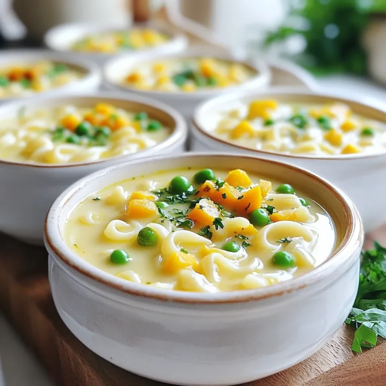 - 1 cup ditalini pasta - 2 tablespoons olive oil - 1 medium onion, diced - 3 cloves garlic, minced - 2 medium carrots, diced - 2 celery stalks, diced - 4 cups vegetable broth - 1 cup heavy cream (or coconut cream for a vegan option) - 1 cup frozen peas - 1 teaspoon dried thyme - Salt and pepper to taste - Fresh parsley, chopped (for garnish) You can change this soup to fit your taste. Add cooked chicken for protein. Use kale or spinach for greens. Replace peas with corn for a sweeter flavor. If you like heat, toss in some red pepper flakes. Always pick bright, firm vegetables. Look for onions that feel heavy for their size. Garlic should be dry and plump. When choosing broth, aim for low-sodium options. This helps you control salt levels. Fresh parsley should smell bright and look vibrant. Using quality ingredients makes your soup better. {{ingredient_image_1}} Start by gathering all your ingredients. You will need ditalini pasta, olive oil, onion, garlic, carrots, and celery. Dice the onion, carrots, and celery into small pieces. Mince the garlic cloves. This prep makes cooking easy and fast. In a large pot, heat the olive oil over medium heat. Add the diced onion. Cook it for about 5 minutes until it is soft and clear. Next, add the minced garlic, diced carrots, and diced celery. Stir and cook for 5 more minutes. Now, pour in the vegetable broth and bring it to a boil. Once it bubbles, add the ditalini pasta and dried thyme. Lower the heat and let it simmer. Cook according to the pasta package, about 8 to 10 minutes, until the pasta is tender but firm. After the pasta is ready, stir in the heavy cream or coconut cream and frozen peas. Let it simmer for an extra 5 minutes. This step helps all the flavors mix together. Now, taste your soup and add salt and pepper as needed. If you want it creamier, add more broth or cream. Once done, remove the pot from the heat. Allow the soup to cool for a few minutes. Ladle the soup into bowls. Don’t forget to sprinkle some fresh parsley on top for a pop of color. For a cozy feel, serve it with warm crusty bread. Enjoy your warm and creamy ditalini soup! To make your soup super creamy, choose heavy cream or coconut cream. Both add rich flavor. When you stir in the cream, make sure the soup is on low heat. This way, the cream won’t curdle. If you want it even creamier, add a bit more cream. You can also blend a portion of the soup and mix it back in. This gives a smooth texture that feels cozy. One common mistake is overcooking the pasta. Ditalini should be al dente, so check it a minute early. If you add the cream too soon, it might curdle. Always let the heat lower before mixing it in. Another mistake is not seasoning enough. Taste your soup before serving. Adjust the salt and pepper to make the flavors pop. Serve your Cozy Creamy Ditalini Soup in rustic bowls. This adds charm to your meal. For a special touch, sprinkle fresh parsley on top. A drizzle of olive oil can enhance the look and taste. Pair it with warm, crusty bread for dipping. You can also add a side salad for balance. Enjoy every warm, comforting spoonful! Pro Tips Use Fresh Herbs: Fresh thyme or parsley can enhance the flavor of your soup significantly compared to dried herbs. Adjust Creaminess: For a lighter soup, substitute half of the heavy cream with additional vegetable broth. Cook Pasta Separately: If you prefer your pasta less soggy, cook it separately and add it to the soup just before serving. Freeze Leftovers: This soup freezes well, so make a double batch and store individual portions for quick meals later. {{image_2}} To make a vegan version of Cozy Creamy Ditalini Soup, swap the heavy cream for coconut cream. This change keeps the soup rich and creamy while adding a hint of sweetness. Use vegetable broth to enhance the flavor. You can also add more veggies, like spinach or kale, for extra nutrients. You won’t miss the dairy at all! If you want a gluten-free soup, choose gluten-free ditalini pasta. Many brands offer great options that taste just as good. Check for gluten-free vegetable broth too. This way, you keep the soup delicious and safe for those with gluten allergies. You can still enjoy its creamy texture without worry. Using seasonal ingredients can change up the flavors in your soup. In spring, add fresh peas and asparagus. In summer, try zucchini or tomatoes for a bright taste. Fall brings squash and sweet potatoes, while winter can include root veggies like parsnips and turnips. These swaps not only add flavor but also keep your soup fresh and fun. To keep your Cozy Creamy Ditalini Soup fresh, store it in an airtight container. Make sure to let the soup cool before sealing it. This helps prevent moisture build-up. Place the container in the fridge if you plan to eat it within three days. Remember to label the container with the date. This way, you’ll know when to use it. If you want to save the soup for longer, freezing is a great option. First, let the soup cool completely. Pour it into freezer-safe containers, leaving some space at the top for expansion. Seal tightly and label with the date. You can freeze the soup for up to three months. For best taste and texture, avoid freezing the soup with cream. It may change when thawed. When you're ready to enjoy your soup again, take it out of the fridge or freezer. If frozen, let it thaw in the fridge overnight. For quick reheating, use a pot on the stove. Heat it over medium heat, stirring often. If the soup seems thick, add a splash of vegetable broth or water. This will help bring it back to a nice creamy consistency. You can also microwave it in a bowl, covered loosely, stirring every minute until hot. Enjoy feeling cozy once again! Cozy Creamy Ditalini Soup lasts about three to four days in the fridge. Store it in a sealed container. This keeps it fresh and safe to eat. Always check for any signs of spoilage before you dig in. If you see any changes in smell or color, it’s best to toss it. Yes, you can make this soup ahead of time. It tastes even better the next day! Just cook the soup and let it cool. Then, store it in the fridge. When you are ready to eat, gently reheat it on the stove. If the soup seems thick, add a bit of broth to loosen it. You can serve ditalini soup with warm crusty bread. A simple green salad pairs well too. For a heartier meal, add a grilled cheese sandwich on the side. These options balance the creamy soup and make your meal even cozier. Enjoy your warm and comforting meal! We covered the key parts of making Cozy Creamy Ditalini Soup. You know the best ingredients to use and how to cook them step by step. We also shared tips to make your soup creamy and avoid common mistakes. Plus, I offered variations for vegan and gluten-free diets. Finally, I went over storage tips and answered common questions. Keep this guide handy for your next soup night. Enjoy your cooking and the cozy flavors!