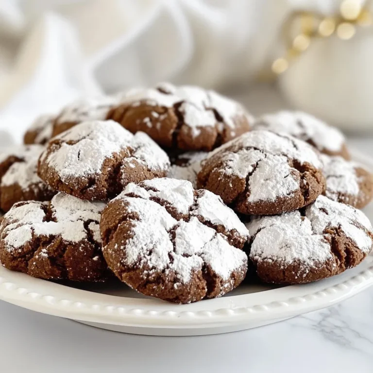 To make Gingerbread Crinkle Cookies, gather these ingredients: - 2 cups all-purpose flour - 1/4 cup unsweetened cocoa powder - 1 teaspoon baking soda - 1/2 teaspoon salt - 2 teaspoons ground ginger - 1 teaspoon ground cinnamon - 1/2 teaspoon ground nutmeg - 1/2 cup unsalted butter, softened - 1 cup packed brown sugar - 1/4 cup molasses - 1 large egg - 1 teaspoon vanilla extract - 1 cup powdered sugar (for rolling) These ingredients come together to create warm, spiced flavors with a rich cocoa twist. You might want to change some ingredients. Here are some easy swaps: - Flour: Use gluten-free flour for a gluten-free option. - Butter: Coconut oil works well if you're dairy-free. - Molasses: Honey or maple syrup can replace molasses, but the taste will change slightly. - Egg: A flax egg (1 tablespoon ground flaxseed mixed with 2.5 tablespoons water) is a great vegan choice. These substitutions let you keep the spirit of the recipe while fitting your needs. Make sure you have these tools ready: - Mixing bowls (one large and one medium) - Electric mixer for creaming butter and sugar - Whisk for dry ingredients - Measuring cups and spoons for accuracy - Baking sheet lined with parchment paper - Plastic wrap to cover the dough These tools help make your baking process smooth and enjoyable, ensuring lovely cookies every time! {{ingredient_image_1}} Start by preheating your oven to 350°F (175°C). This step is key for perfect cookies. Line a baking sheet with parchment paper to prevent sticking and make cleanup easy. In a large bowl, whisk together the dry ingredients: 2 cups of all-purpose flour, 1/4 cup of cocoa powder, 1 teaspoon of baking soda, and 1/2 teaspoon of salt. Also, add 2 teaspoons of ground ginger, 1 teaspoon of ground cinnamon, and 1/2 teaspoon of ground nutmeg. This mix gives the cookies their warm, spicy flavor. In another bowl, cream together 1/2 cup of softened unsalted butter and 1 cup of packed brown sugar until it looks light and fluffy. Use an electric mixer for this; it makes things easier. Next, add 1/4 cup of molasses, 1 large egg, and 1 teaspoon of vanilla extract. Mix until everything is well combined. Now, slowly add the dry mix to the wet mix. Do this on low speed to avoid a flour cloud. Keep mixing until you have a smooth dough. Make sure there are no bits of flour left. Cover the bowl with plastic wrap and chill it in the fridge for at least 30 minutes. This makes the dough easier to handle. After the dough has chilled, take it out of the fridge. Scoop tablespoons of dough and roll them into small balls with your hands. You should get about 24 balls from the dough. Next, roll each ball in 1 cup of powdered sugar until they are fully coated. This step gives them their signature crinkle look when baked. Place the sugar-coated balls on the prepared baking sheet. Make sure to space them about 2 inches apart. They need room to spread while baking. Bake the cookies in the preheated oven for 10-12 minutes. The edges should set, but the centers should still be soft. Remember, they will continue to cook a bit after you take them out. Once baked, let the cookies cool on the baking sheet for about 5 minutes. Then, transfer them to a wire rack to cool completely. This cooling step helps them firm up and enhances their texture. For a festive touch, stack the cookies in a tin or arrange them on a platter with extra powdered sugar on top. You can even add a sprig of rosemary or a cinnamon stick for decoration. Enjoy the process and the delicious results! To get the best texture for your gingerbread crinkle cookies, start by chilling the dough. Chilling helps the cookies hold their shape while baking. Aim for a dough that is smooth and not too sticky. If your dough feels too soft, add a little more flour. Rolling the dough balls in powdered sugar gives them that lovely crinkle look as they bake. One common mistake is not measuring ingredients correctly. Use a kitchen scale for accuracy. Too much flour can make the cookies dry. Another mistake is skipping the chilling step. If you don’t chill the dough, the cookies may spread too much. Keep an eye on the baking time. Overbaking makes cookies hard and less tasty. To boost the flavor of your cookies, try adding a pinch of black pepper or a dash of cloves. These spices add warmth and depth. You can also mix in chocolate chips for extra sweetness. If you love nuts, consider adding chopped pecans or walnuts. They add a nice crunch and pair well with the ginger flavor. Pro Tips Chill the Dough: Refrigerating the dough for at least 30 minutes helps the cookies maintain their shape and enhances the flavors. Use Fresh Spices: For the best flavor, use fresh ground spices. They’ll make a noticeable difference in the taste of your cookies. Experiment with Toppings: Try rolling the cookies in crushed candy canes or sprinkles for a festive twist. Store Properly: Keep the cookies in an airtight container at room temperature for up to a week, or freeze them for longer storage. {{image_2}} You can make gluten-free gingerbread crinkle cookies easily. Instead of all-purpose flour, use a gluten-free flour blend. Make sure the blend has xanthan gum, which helps bind the dough. Follow the same steps in the recipe. The cookies will still be soft and tasty. To make vegan gingerbread crinkle cookies, swap out a few ingredients. Replace the egg with 1/4 cup of unsweetened applesauce. Use vegan butter in place of the unsalted butter. Also, check that your molasses is vegan. The cookies will turn out just as delicious and crinkly! Get creative with flavor add-ins! Try adding chocolate chips or dried fruit, like cranberries or raisins. You can also mix in chopped nuts for crunch. For a spicy kick, add a dash of cayenne pepper or a pinch of ground cloves. These choices will give your cookies a fun twist! To keep your gingerbread crinkle cookies fresh, store them in an airtight container. This helps retain moisture and flavor. You can layer the cookies with parchment paper to prevent sticking. If you prefer, you can also wrap each cookie in plastic wrap. This extra layer keeps them moist longer. Remember to keep the cookies in a cool, dry place away from heat and sunlight. Freezing these cookies is easy. First, let the cookies cool completely. Then, place them in a single layer on a baking sheet. Freeze them for about one hour until firm. Once frozen, transfer the cookies to a freezer-safe bag or container. Be sure to remove as much air as possible. Label the container with the date. These cookies can stay fresh for up to three months in the freezer. Gingerbread crinkle cookies have a good shelf life. At room temperature, they can last for about one week. If you refrigerate them, they can last up to two weeks. However, the best taste comes from eating them fresh. To enjoy their best flavor, eat them within the first few days. For maximum freshness, check for any signs of staleness before serving. Yes, you can use different flours. All-purpose flour works best for this recipe. If you want a gluten-free option, try using a gluten-free flour blend. Just ensure the blend is made for baking. This will help with texture and taste. Keep in mind that results may vary. If you lack molasses, you can use honey or maple syrup. These alternatives will keep the cookies sweet and moist. You may need to adjust the sugar slightly. Remember, molasses adds a unique flavor, so the taste will change a bit. Check your cookies after 10 minutes. The edges should look set. The centers may still seem soft, and that’s okay! They will firm up as they cool. If you see cracks on the surface, that’s a good sign too. Enjoy the aroma as they bake! This blog post covered how to make gingerbread crinkle cookies. We discussed the key ingredients and how to prepare them. I shared useful tips to get the right texture and flavor. You learned about gluten-free and vegan options, too. Remember, practice leads to better cookies. Keep these tips in mind for future baking. Enjoy creating your cookies and sharing them with friends and family!