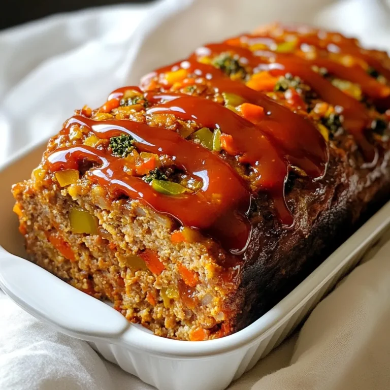 To make Vegan Impossible Meatloaf, gather these key items: - 1 lb Impossible Burger (or any plant-based ground meat) - 1 cup cooked quinoa - 1/2 cup finely chopped onion - 1/2 cup finely chopped bell pepper (any color) - 2 cloves garlic, minced - 1/2 cup grated carrots - 1/4 cup ground flaxseed mixed with 1/4 cup water (flax egg) - 1/4 cup gluten-free breadcrumbs (or regular breadcrumbs) - 2 tablespoons soy sauce (or tamari for gluten-free) - 1 tablespoon maple syrup - 1 teaspoon dried thyme - 1 teaspoon smoked paprika - 1 teaspoon black pepper - Salt to taste These add flavors and textures: - 1/4 cup ketchup for glazing You can make some easy swaps if needed: - Use any plant-based ground meat for Impossible Burger. - If you don’t have quinoa, try using brown rice or bulgur. - For gluten-free, use gluten-free breadcrumbs and tamari. - Maple syrup can be replaced with agave if desired. - Swap flax egg with chia seeds mixed with water for a similar binding effect. Feel free to get creative with these ingredients. Each choice can change the taste or look of your meatloaf! {{ingredient_image_1}} First, preheat your oven to 350°F (175°C). This ensures your meatloaf bakes evenly. Next, line a loaf pan with parchment paper. This makes it easy to remove the meatloaf later. In a large mixing bowl, combine the following: - 1 lb Impossible Burger - 1 cup cooked quinoa - 1/2 cup finely chopped onion - 1/2 cup finely chopped bell pepper - 2 cloves garlic, minced - 1/2 cup grated carrots - 1/4 cup ground flaxseed mixed with 1/4 cup water - 1/4 cup gluten-free breadcrumbs - 2 tablespoons soy sauce - 1 tablespoon maple syrup - 1 teaspoon dried thyme - 1 teaspoon smoked paprika - 1 teaspoon black pepper - Salt to taste Mix all these ingredients well. You can use your hands to make sure everything blends nicely. This helps the flavors mix better. Once mixed, transfer the mixture into the loaf pan. Press it down firmly to shape it into a loaf. If you like, spread 1/4 cup of ketchup over the top for a tasty glaze. Now, place the loaf pan in your preheated oven. Bake for 45-50 minutes. You want the loaf to be firm and slightly browned on top. After baking, let it cool for 10 minutes. This helps it set and makes slicing easier. Enjoy your warm vegan meatloaf! To get the right texture, use a mix of ingredients. The Impossible Burger gives a nice base. Adding cooked quinoa adds a chewy bite. Grated carrots help with moisture. The flax egg binds it all together. You want it firm but not dry. Press the mixture firmly in the pan. This helps shape the loaf well. You can boost flavor in many ways. Adding soy sauce gives it a savory taste. Smoked paprika adds a nice depth. Don't skip the maple syrup for a touch of sweetness. Fresh herbs can also add a lot. Try adding chopped parsley or basil for freshness. If you like heat, add some red pepper flakes too. One common mistake is overmixing the ingredients. This can make the loaf dense. Mix just until well combined. Another mistake is not letting it cool before slicing. This helps the loaf hold its shape. Also, avoid skipping the glaze. Ketchup on top adds a nice finish and extra flavor. Pro Tips Flax Egg Tip: Make sure to let the flaxseed mixture sit for about 5 minutes to thicken before adding it to the other ingredients. This helps bind the meatloaf effectively. Texture Tip: For a meatier texture, consider adding finely chopped mushrooms or lentils to the mixture. They enhance the flavor and provide extra nutrition. Glazing Tip: If you enjoy a sweeter glaze, mix the ketchup with a little bit of brown sugar or balsamic vinegar for a unique flavor boost. Serving Tip: Allow the meatloaf to rest for at least 10 minutes after baking. This helps it firm up, making it easier to slice and serve. {{image_2}} You can easily make this vegan meatloaf gluten-free. Use gluten-free breadcrumbs instead of regular ones. Ensure your soy sauce is gluten-free by using tamari. Quinoa is naturally gluten-free, so it works well in this dish. You can change the flavor by adding spices or herbs. For a zestier taste, add a pinch of cayenne pepper or chili powder. If you prefer a sweeter flavor, try adding more maple syrup or even a splash of balsamic vinegar. Italian herbs like oregano and basil can give it an Italian twist. Feel free to sneak in more veggies or nuts. Chopped mushrooms or zucchini can add moisture and flavor. You can also add chopped walnuts or pecans for extra crunch and protein. Just be sure to chop them small so they mix well with the other ingredients. Store leftover Vegan Impossible Meatloaf in an airtight container. Keep it in the fridge for up to five days. Before storing, let it cool to room temperature. This helps preserve texture and flavor. You can freeze the meatloaf for later use. Wrap it tightly in plastic wrap and then in foil. Label it with the date. It will stay good in the freezer for up to three months. To thaw, place it in the fridge overnight before reheating. To reheat, slice the meatloaf into portions. Place it in a preheated oven at 350°F (175°C) for about 20 minutes. You can also use a microwave for quicker reheating. If you use a microwave, heat it in 30-second bursts until warm. Enjoy it warm for the best taste! Yes, you can skip quinoa. Use more breadcrumbs instead. This keeps the meatloaf firm. You could also add cooked lentils or rice. Both will work well in this dish. To add heat, mix in some chili powder. You can also use diced jalapeños for a fresh kick. A dash of hot sauce in the mix gives a nice boost. Adjust the heat to your taste. This meatloaf pairs great with mashed potatoes or a fresh salad. You can also serve it with steamed veggies for a balanced meal. A side of roasted sweet potatoes adds a lovely touch too. Enjoy your meal! In this guide, we explored the key ingredients for meatloaf, from main to optional. You learned step-by-step how to prepare and bake it to perfection. We shared tips for texture and flavor while highlighting variations for different diets. Proper storage and reheating can keep your meatloaf fresh, too. Remember, cooking is a fun way to experiment. Enjoy making each batch your own. Happy cooking!