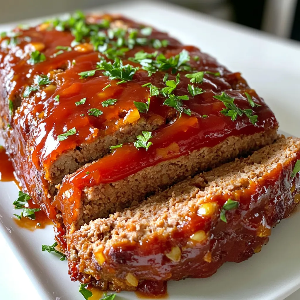 To make a tasty stove top meatloaf, gather these main ingredients: - 1 pound ground beef - 1 cup breadcrumbs - 1/2 cup milk - 1/2 cup onion, finely chopped - 2 cloves garlic, minced - 1 large egg - 2 tablespoons Worcestershire sauce - 1 tablespoon mustard (yellow or Dijon) - 1 teaspoon salt - 1/2 teaspoon black pepper - 1/2 teaspoon dried thyme - 1/2 cup ketchup (for topping) - Fresh parsley, chopped (for garnish) These ingredients create a juicy and flavorful meatloaf. The ground beef provides protein and a rich taste. Breadcrumbs help bind the meatloaf and keep it moist. You can change the flavor and texture of your meatloaf with these optional ingredients: - 1/2 cup grated cheese - 1/2 cup chopped bell pepper - 1/2 teaspoon smoked paprika - 1 tablespoon hot sauce - 1/2 cup finely chopped mushrooms Adding these items can give your meatloaf a fun twist. Cheese adds creaminess, while peppers and mushrooms boost flavor and nutrients. To make cooking easier, use these tools: - Large mixing bowl - Skillet with a lid - Measuring cups and spoons - Spatula or wooden spoon - Meat thermometer These tools help you mix the ingredients well and cook the meatloaf evenly. A meat thermometer checks that your meatloaf is safely cooked. {{ingredient_image_1}} To start, gather your ingredients. You need: - 1 pound ground beef - 1 cup breadcrumbs - 1/2 cup milk - 1/2 cup onion, finely chopped - 2 cloves garlic, minced - 1 large egg - 2 tablespoons Worcestershire sauce - 1 tablespoon mustard (yellow or Dijon) - 1 teaspoon salt - 1/2 teaspoon black pepper - 1/2 teaspoon dried thyme - 1/2 cup ketchup (for topping) - Fresh parsley, chopped (for garnish) In a large bowl, combine the ground beef, breadcrumbs, milk, and onion. Add the garlic, egg, Worcestershire sauce, mustard, salt, pepper, and thyme. Mix everything well. Use your hands to blend the mixture until it holds together. This step is very important for the meatloaf to form well when cooking. Shape the mixture into a loaf. Make it smooth and even. Set it aside while you heat the skillet. Heat a large skillet over medium heat. Add a small amount of oil to the pan. This helps to stop the meatloaf from sticking. Carefully place the meatloaf in the skillet. Cover the skillet with a lid. Cook the meatloaf for about 30 to 35 minutes. Turn the meatloaf every 10 minutes. This keeps it cooking evenly. After about 20 minutes, spread ketchup over the top. This adds a nice glaze and flavor. Use a meat thermometer to check the internal temperature. It should reach 160°F (71°C). Once it’s ready, remove the meatloaf from the pan. Let it rest on a cutting board for 5 to 10 minutes. This helps the juices settle inside. - Use Fresh Ingredients: Fresh garlic and onion enhance flavor. - Don’t Overmix: Mixing too much makes the meatloaf tough. - Check Temperature: Always use a meat thermometer for best results. - Rest Before Slicing: Letting it rest keeps the meatloaf juicy. These tips will help you make a delicious and tender meatloaf every time. Enjoy the process and savor each bite! When making meatloaf, avoid over-mixing the meat. This can make it tough. Use just enough force to combine the ingredients. Also, don't skip the resting time. Letting the meatloaf sit helps it stay juicy. Lastly, make sure to check the internal temperature. It should reach 160°F (71°C) for safe eating. Always use a non-stick skillet or add oil to prevent sticking. Keep the heat on medium to cook evenly. Covering the skillet helps trap steam and keeps the meatloaf moist. Turn the meatloaf gently to avoid breaking it apart. This way, you'll have a nicely shaped loaf. To boost the flavor, try adding spices like smoked paprika or cayenne pepper. Fresh herbs like thyme or rosemary can add a lovely aroma. Mixing in some grated cheese gives a nice creaminess. You can also top the meatloaf with BBQ sauce for a sweet twist. Each of these adds a unique taste that makes your meatloaf stand out. Pro Tips Use Lean Meat: Opt for lean ground beef to reduce the fat content, which can help prevent a greasy meatloaf. Add Vegetables: Incorporate finely diced bell peppers or carrots for added moisture and flavor. Rest Before Slicing: Let the meatloaf rest for at least 10 minutes after cooking to allow the juices to redistribute. Experiment with Seasonings: Feel free to adjust the seasoning or add herbs like rosemary or parsley for a unique twist. {{image_2}} You can make this meatloaf healthier by swapping some ingredients. Instead of ground beef, use ground turkey or chicken. These options are leaner and lower in fat. You can also replace breadcrumbs with oats or crushed whole-grain crackers. Both add texture and fiber. For milk, try almond milk or low-fat milk. This change keeps the meatloaf moist while cutting calories. Add fun flavors to your meatloaf to keep things exciting. For a BBQ twist, mix in your favorite BBQ sauce instead of Worcestershire sauce. This gives a sweet and tangy taste. If you like some heat, add red pepper flakes or chopped jalapeños to the mix. You could even try adding herbs like basil or cilantro for a fresh touch. Pair your meatloaf with tasty sides for a complete meal. Mashed potatoes or roasted veggies go well with it. You can also serve a fresh salad on the side for crunch. For condiments, ketchup is a classic choice, but try mustard or a spicy aioli for a twist. A dollop of sour cream can also add creaminess and flavor. To store leftover meatloaf, let it cool first. Wrap it tightly in plastic wrap or aluminum foil. You can also place it in an airtight container. This way, it stays fresh in the fridge for up to four days. Make sure to label the container with the date. When you're ready to eat, preheat your oven to 350°F (175°C). Place the meatloaf in an oven-safe dish. Add a splash of broth or water to keep it moist. Cover it with foil to prevent it from drying out. Heat for about 20 minutes or until warmed through. You can also use a microwave. Slice the meatloaf and place it on a microwave-safe plate. Heat in 30-second intervals until hot. For long-term storage, meatloaf freezes well. Cut it into slices before freezing. Wrap each slice in plastic wrap and then in foil. This helps prevent freezer burn. You can also use a freezer-safe bag. Remove as much air as possible before sealing. Meatloaf can last for up to three months in the freezer. When you're ready to eat, thaw it overnight in the fridge before reheating. Yes, you can make this meatloaf ahead of time. Prepare the meatloaf mixture and shape it into a loaf. Wrap it tightly in plastic wrap or foil and store it in the fridge. You can keep it for up to 24 hours. When you are ready to cook, just take it out and follow the cooking steps. If you want, you can also freeze it for later. Thaw it in the fridge overnight before cooking. To check if the meatloaf is fully cooked, use a meat thermometer. Insert the thermometer into the center of the loaf. The internal temperature should reach 160°F (71°C). If you don't have a thermometer, cut into the meatloaf. The inside should be brown and no longer pink. Juices should run clear, not red or pink. Yes, you can cook meatloaf without breadcrumbs. Use oats, crushed crackers, or even cooked rice instead. These options can help bind the meatloaf while adding a unique flavor. If you want a gluten-free option, use gluten-free breadcrumbs or crushed nuts. The key is to keep the right balance of moisture and texture. You learned about the key ingredients, steps, and tips for perfect meatloaf. I shared ways to avoid mistakes, enhance flavor, and customize your dish. You can even store leftovers for later. Remember, cooking is fun and often requires some trial and error. The next time you make meatloaf, use these tips for a great meal. Enjoy your cooking journey!