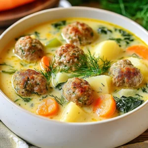 For this cozy soup, you will need: - 1 lb ground beef - 1 lb ground pork - 1 cup breadcrumbs - 1/2 cup milk - 1 small onion, finely chopped - 2 cloves garlic, minced - 4 cups beef broth - 2 cups baby carrots, chopped - 1 cup potatoes, diced - 1 cup fresh spinach - 1 cup heavy cream These ingredients create a rich base for the soup. The ground beef and pork form the meatballs, while the vegetables add texture and flavor. The broth brings everything together in a warm, hearty embrace. To enhance flavor, you&rsquo;ll need: - 1 tsp nutmeg - 1 tsp allspice - Salt and pepper to taste Nutmeg and allspice give the soup its signature warmth. They blend well with the meat and add depth to the dish. Be sure to taste as you go, adjusting salt and pepper for your liking. For a finishing touch, consider adding: - Fresh dill for garnish Dill brightens the soup and adds a fresh note. It pairs perfectly with the creamy base and the savory meatballs. A sprinkle on top makes the dish look inviting and colorful. {{ingredient_image_1}} First, grab a large bowl. In the bowl, mix 1 lb of ground beef and 1 lb of ground pork. Add 1 cup of breadcrumbs and 1/2 cup of milk. Then, include half of the finely chopped onion and 2 minced garlic cloves. Don&rsquo;t forget the spices! Sprinkle in 1 teaspoon of nutmeg and 1 teaspoon of allspice. Add salt and pepper to taste. Mix everything gently until it is just combined. Be careful not to over-mix, as this can make the meatballs tough. Now, shape the mixture into small meatballs, about 1 inch wide. Set them aside on a plate. Next, heat a large pot over medium heat. Add a splash of oil to the pot. When the oil is hot, add the rest of the chopped onion. Saut&eacute; it for about 2-3 minutes until it is soft and translucent. Now, carefully add the meatballs to the pot. Brown them on all sides for about 5-7 minutes. If your pot is small, you might want to do this in batches. Browning gives the meatballs a nice flavor and color. Once your meatballs are browned, pour in 4 cups of beef broth. Bring the broth to a gentle boil. Now it&rsquo;s time to add some veggies! Toss in 2 cups of chopped baby carrots and 1 cup of diced potatoes. Turn the heat down to a simmer and let it cook for about 15-20 minutes. You want the vegetables to become tender. After that, stir in 1 cup of fresh spinach and 1 cup of heavy cream. Let it simmer for an extra 5 minutes. Before serving, taste the soup and adjust the seasoning with salt and pepper as needed. To make great meatballs, use a mix of beef and pork. The beef gives flavor, and pork adds moisture. Use breadcrumbs to hold everything together. Soak them in milk for a few minutes before mixing. This helps the meatballs stay soft. Don&rsquo;t over-mix the meat; just combine the ingredients until they are blended. Shape them gently into balls about one inch wide. This size helps them cook evenly. Flavor is key to a tasty soup. Use fresh garlic and onion for the best taste. Nutmeg and allspice add warmth and depth. Don&rsquo;t skip the salt and pepper; they bring all the flavors together. After you brown the meatballs, save those tasty bits on the bottom of the pot. They add extra flavor when you pour in the beef broth. Stir well to mix everything. You can add a squeeze of lemon juice for a touch of brightness at the end. Serve the soup hot in big bowls. Top with fresh dill for a nice pop of color. It also adds a fresh taste. Pair it with crusty bread for dipping. This makes the meal feel even more cozy. If you want, you can also add a dollop of sour cream on top for creaminess. Enjoy a warming bowl that feels like a hug on a chilly day! Pro Tips Use Fresh Herbs: Fresh dill adds a bright flavor to the soup; consider adding it at the end for the best taste. Make Ahead: This soup can be made in advance and stored in the refrigerator for up to three days; the flavors will deepen over time. Perfect Meatballs: Ensure even cooking by making meatballs of uniform size; this will help them cook evenly in the soup. Add a Kick: For a spicy twist, consider adding a pinch of red pepper flakes or a dash of hot sauce to the broth. {{image_2}} You can easily make this soup gluten-free. Use gluten-free breadcrumbs instead of regular ones. This small swap keeps the meatballs soft. You can also use a gluten-free beef broth. Always check labels to be sure. This way, everyone can enjoy a warm bowl of soup. To make a vegetarian version, swap the meat for plant-based meat. Use lentils or mushrooms for texture. These options add great flavor and heartiness. Instead of beef broth, use vegetable broth. Add in more veggies like zucchini or bell peppers for extra nutrients. Experiment with different herbs and spices to find your favorite. Try adding thyme or rosemary for a fresh twist. A pinch of smoked paprika can add depth to the flavor. You can also increase the nutmeg or allspice for a more robust taste. Fresh parsley or chives make great garnishes too. You can store leftover Swedish meatball soup in a safe container. Let the soup cool down first. Once cool, transfer it to an airtight container. This helps keep the flavors fresh. The soup will last in the fridge for about three days. Make sure to label the container with the date for easy tracking. To reheat, pour the soup into a pot. Heat it over medium heat. Stir often to ensure even warming. You may need to add a little beef broth or water if the soup thickens too much. This keeps it creamy and delicious. You can also use the microwave. Place it in a microwave-safe bowl and heat in short bursts. Stir in between to prevent hot spots. If you want to freeze the soup, do it after it cools completely. Use freezer-safe containers or bags. Leave some space at the top, as soup expands when frozen. The soup will keep well for about three months. When you&rsquo;re ready to eat, thaw it in the fridge overnight. Reheat as mentioned above. Enjoy a warm bowl of comfort anytime! If you don&rsquo;t have beef broth, you can use chicken broth. The flavor will change a bit but will still be tasty. Vegetable broth is another good option. You can even make a broth using water and seasoning. Just add salt, pepper, and herbs to boost the taste. Yes, you can make Swedish meatball soup in advance. This soup tastes even better the next day. Just store it in the fridge after it cools. When you're ready to eat, heat it on the stove until hot. You may want to add a splash of cream for extra richness. To check if the meatballs are cooked, cut one in half. The center should be brown with no pink. You can also use a meat thermometer. The meatballs should reach a safe temperature of 160&deg;F. Cooking them until they are nicely browned also adds flavor. This blog post covered how to make a tasty Swedish meatball soup. We explored key ingredients, from traditional meatballs to spices. I shared step-by-step instructions for preparing and cooking the dish, plus tips for perfect texture and flavor. You learned about gluten-free and vegetarian options. Lastly, we discussed how to store and reheat leftovers. Remember, this soup is versatile and fun to make. Enjoy your cooking adventure!