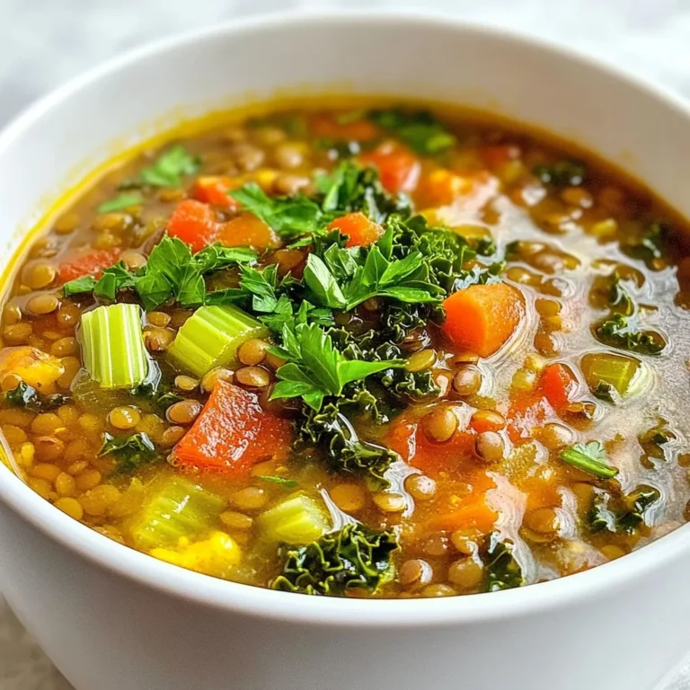 - 1 cup green or brown lentils - 1 medium onion, chopped - 2 carrots, diced - 2 celery sticks, diced - 3 cloves garlic, minced - Spices: ground cumin, smoked paprika, turmeric - 6 cups vegetable broth - 1 can (14 oz) diced tomatoes - 2 cups kale or spinach, chopped - Olive oil, salt, pepper, and fresh parsley for garnish I love the heartiness of lentil soup. It’s simple, yet so comforting. The base starts with lentils, a great source of protein and fiber. You can choose green or brown lentils, both work well. Chop one medium onion and two carrots. These veggies add sweetness and depth. Next, to boost the flavor, add celery and garlic. Two diced celery sticks and three minced garlic cloves make a big difference. The spices really shine here too. Ground cumin, smoked paprika, and turmeric all add warmth. Just one teaspoon of each spice will elevate your soup. Now, let’s talk about the liquid. You need six cups of vegetable broth for a rich base. One can of diced tomatoes gives it a nice acidity. Finally, I love adding greens. You can mix in two cups of chopped kale or spinach. They add color and nutrients. To finish, use olive oil, salt, and pepper. A sprinkle of fresh parsley on top is the cherry on the cake. This dish is not just easy to make; it’s also packed with flavor. Grab these ingredients, and let’s get cooking! {{ingredient_image_1}} To start, heat 2 tablespoons of olive oil in a large pot over medium heat. Once the oil is warm, add 1 chopped onion, 2 diced carrots, and 2 diced celery sticks. Cook these veggies until they become soft, about 5 to 7 minutes. This step builds a tasty base for your soup. Next, mix in 3 minced garlic cloves, 1 teaspoon of ground cumin, 1 teaspoon of smoked paprika, and 1/2 teaspoon of turmeric. Stir and cook for another minute. This helps to release the spices' rich flavors. Now, it’s time to add the main ingredients. Incorporate 1 cup of rinsed lentils and 1 can of diced tomatoes with their juices. Now, pour in 6 cups of vegetable broth and bring the mixture to a boil. Once it starts bubbling, reduce the heat to low and cover the pot. Let it simmer for 25 to 30 minutes, or until the lentils are tender. After that, stir in 2 cups of chopped kale or spinach. Cook for an additional 5 minutes to wilt the greens. Finally, season with salt and pepper to taste. Serve hot and enjoy the comfort of your lentil soup! To cook lentils just right, rinse them well before use. This removes dirt and debris. Use green or brown lentils for a hearty texture. These types hold their shape well during cooking. Simmer them in broth for great flavor. Season the soup as it cooks. Add salt and pepper toward the end. This helps enhance the taste without over-salting. Taste the soup before serving, and adjust as needed. You can also add a squeeze of lemon juice for brightness. Pair your soup with crusty bread for a cozy meal. The warm bread complements the soup's rich flavors. You can also serve it with a fresh salad for added crunch. For garnishing, sprinkle fresh parsley on top. This adds a pop of color and freshness. You can even drizzle a bit of olive oil for extra richness. Store any leftovers in an airtight container. Keep it in the fridge for up to three days. When reheating, use a gentle heat to avoid overcooking the lentils. You can add a splash of broth or water if it thickens too much. Get creative with leftovers! Use the soup as a filling for wraps or grain bowls. You can also blend it into a smooth puree for a different texture. Add some cooked grains for a hearty lunch. Pro Tips Rinse Your Lentils: Rinsing lentils before cooking helps to remove any dust or debris, ensuring a clean and tasty soup. Customize Your Greens: Feel free to swap out kale or spinach with other leafy greens like Swiss chard or collard greens for different flavors and textures. Add Extra Flavor: For a richer flavor, consider adding a splash of balsamic vinegar or a squeeze of lemon juice just before serving. Storage Tips: This soup keeps well in the fridge for up to 5 days and can be frozen for up to 3 months. Just reheat gently on the stove. {{image_2}} You can change the type of lentils you use. Red lentils cook faster and become soft. Black lentils add a nice texture. Both options work well in this soup. Seasonal vegetables are great too. In spring, try adding peas or asparagus. In winter, root veggies like parsnips or turnips shine. This keeps the soup fresh and fun. Want to make it heartier? Add protein! Cooked chicken or sausage really boosts flavor. If you prefer plant-based options, try chickpeas or tofu. These add texture and nutrition. For a creamy touch, add a splash of coconut milk or cashew cream. These options make the soup rich and satisfying. Adjust the spices for your taste. If you like heat, sprinkle in some chili flakes. They bring warmth and depth. You can also switch herbs to freshen it up. Thyme, rosemary, or even cilantro can change the soup's vibe. Experiment with these options to find your favorite flavor. To keep your lentil soup fresh, store it in the fridge. Use an airtight container. Make sure the soup cools down first. Proper cooling helps prevent bacteria growth. Lentil soup can last in the fridge for about 4-5 days. For long-term storage, freezing is a great option. Pour the cooled soup into freezer-safe containers. Leave some space at the top for expansion. Label the containers with the date. Your soup can last up to 3 months in the freezer. When reheating your lentil soup, the stove is best. Pour the soup into a pot. Heat it over medium heat. Stir often to prevent sticking. You can also use the microwave. Place the soup in a microwave-safe bowl. Heat it in short bursts, stirring in between. If the soup is too thick, add a splash of broth or water. Stir well to mix. This keeps your soup creamy and delicious. In the fridge, expect your lentil soup to last 4-5 days. If you freeze it, aim to use it within 3 months. Always check for signs of spoilage before eating. If the soup smells sour or has mold, it’s time to toss it. Eating spoiled soup can cause food sickness. Always trust your senses. When in doubt, throw it out. You can serve many tasty sides with lentil soup. Here are some great ideas: - Crusty bread: A warm, fresh loaf pairs perfectly. - Salads: A light green salad adds freshness. - Grilled cheese: This classic comfort food goes well with soup. - Rice or quinoa: These grains can add heartiness to your meal. Mix and match these options to create a cozy dining experience. Yes, lentil soup is very healthy. Lentils are packed with nutrients. They are rich in protein and fiber. This helps keep you full and satisfied. They also have vitamins and minerals, like iron and folate. Eating lentils can support heart health and digestive health. Plus, this soup is low in fat and calories. It’s a great choice for a healthy meal. Absolutely! To make lentil soup in a slow cooker, follow these steps: 1. Sauté the base: First, cook the onion, carrots, and celery in olive oil on the stove. This adds flavor. 2. Combine the ingredients: Add the sautéed veggies to the slow cooker with the rest of the ingredients. 3. Set the heat: Cook on low for 6-8 hours or high for 3-4 hours. 4. Finish up: Stir in the greens about 30 minutes before serving. Using a slow cooker makes this soup easy and convenient. Lentil soup is quick! Here’s a breakdown of the time: - Prep time: About 10 minutes to chop veggies and gather ingredients. - Cook time: Around 25-30 minutes on the stove. So, you can have a warm bowl of lentil soup ready in about 45 minutes. It’s a great option for a weeknight meal. Lentil soup is simple to make and packed with flavor. We covered the key ingredients, from lentils and veggies to spices and greens. I shared my step-by-step process, tips for perfecting taste and texture, and how to use leftovers creatively. Remember, you can adjust the recipe to fit your taste and dietary needs. Lentil soup is healthy, filling, and great for any time of year. Experiment with variations and enjoy each flavorful bite!