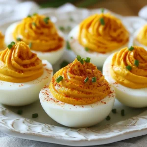- 6 large eggs - 1/4 cup canned pumpkin puree - 2 tablespoons mayonnaise - 1 teaspoon Dijon mustard - 1/2 teaspoon pumpkin pie spice - 1/4 teaspoon sea salt - 1/8 teaspoon black pepper - 1 tablespoon chopped fresh chives (for garnish) - Paprika (for garnish) You can swap out the mayonnaise for Greek yogurt for a lighter option. Use sour cream if you like a tangy taste. If you want more spice, add a dash of hot sauce. For the pumpkin puree, fresh pumpkin works well if cooked and mashed. If you don&rsquo;t have Dijon mustard, yellow mustard can do the trick. When buying eggs, look for ones with no cracks and a clean shell. Check the sell-by date on the carton. For pumpkin puree, choose a brand with no added sugar or spices. Fresh herbs should be vibrant and not wilted. Smell them to ensure they&rsquo;re fresh. Look for firm, bright chives for the best garnish. {{ingredient_image_1}} Start by taking six large eggs. Place them in a pot. Fill the pot with water. Make sure the water covers the eggs by about an inch. Heat the pot on medium-high until the water boils. Once it boils, cover the pot and remove it from the heat. Let it sit for twelve minutes. After twelve minutes, take the eggs out. Use a slotted spoon to move them into a bowl filled with ice water. Let them cool in the ice water for five minutes. This makes them easier to peel. Gently tap each egg on a hard surface. Carefully peel them under running water. This helps remove the shell smoothly. Cut each peeled egg in half lengthwise. Use a small spoon to scoop out the yolks. Place the yolks in a mixing bowl. Add 1/4 cup canned pumpkin puree, 2 tablespoons mayonnaise, and 1 teaspoon Dijon mustard. Sprinkle in 1/2 teaspoon pumpkin pie spice, 1/4 teaspoon sea salt, and 1/8 teaspoon black pepper. Take a fork and mash the yolk mixture until it is smooth and creamy. Taste it to see if you need more spices. Once it&rsquo;s perfect, use a spoon or piping bag to fill the egg white halves with the mixture. Make sure to fill them generously for a tasty bite. Now comes the fun part! Sprinkle a pinch of paprika over the top of each filled egg. This adds color and flavor. Finally, chop some fresh chives and sprinkle them on top for a nice touch. Your pumpkin patch deviled eggs are now ready to impress! To get creamy deviled eggs, use fresh eggs. Fresh eggs help create a smooth filling. When boiling, don&rsquo;t rush the cooling process. Ice water helps stop cooking and makes peeling easier. After peeling, mash the yolks well with a fork. This ensures no lumps in your filling. Pumpkin puree adds a lovely taste. For more flavor, add a bit of garlic powder. A dash of hot sauce gives a nice kick. Fresh herbs like dill or parsley can brighten the dish. Experiment with spices like smoked paprika for a twist. Always taste and adjust seasoning to your liking. Use a pot with a lid for boiling eggs. A whisk can mix the filling quickly. A piping bag makes filling eggs neat and fun. If you don&rsquo;t have one, use a plastic bag with the corner cut. Keep your work area organized for a smooth cooking experience. Pro Tips Fresh Eggs for Better Peeling: Use eggs that are at least a week old for easier peeling. Fresh eggs tend to stick to the shell, making them harder to peel. Customize Your Seasoning: Feel free to adjust the amount of pumpkin pie spice to your taste. A little extra spice can enhance the pumpkin flavor. Presentation Matters: For a festive touch, consider using a piping bag to fill the egg whites. This gives your deviled eggs a professional look. Chill Before Serving: Allow the filled eggs to chill in the refrigerator for at least 30 minutes before serving. This helps the flavors meld together and enhances the taste. {{image_2}} To add heat to your pumpkin patch deviled eggs, try a spicy twist. Mix in some hot sauce or cayenne pepper to the filling. Start with just a dash and taste as you go. You can also swap out the Dijon mustard for spicy brown mustard. This will give your eggs a nice kick. For a fun touch, top with a slice of jalape&ntilde;o or a sprinkle of crushed red pepper. This spicy version is great for those who love bold flavors. If you want a vegetarian option, there are easy swaps you can make. Replace the mayonnaise with Greek yogurt for a lighter, tangy flavor. You can also add finely chopped veggies like bell peppers or carrots for extra crunch. Try using avocado instead of the mayonnaise for a creamy twist. This will also add healthy fats. These options keep the dish fresh and tasty while staying meat-free. Garnishing your deviled eggs can be fun and creative. Use fresh herbs like cilantro or dill to brighten up the dish. For a colorful touch, sprinkle some paprika or smoked paprika on top. You can also add a few pumpkin seeds for crunch and a nutty flavor. Another idea is to drizzle a bit of balsamic glaze over the eggs for sweetness. These garnishes will make your pumpkin patch deviled eggs stand out. Experiment with different toppings to find your favorite! After you enjoy your pumpkin patch deviled eggs, store any leftovers in the fridge. Place them in an airtight container. Make sure to cover the eggs well. This keeps them fresh and safe. If you don&rsquo;t have a container, wrap them in plastic wrap. Try to eat leftovers within two days for the best taste. Deviled eggs are best served cold, so reheating is not needed. If you want them warm, place them in a preheated oven at 350&deg;F for a few minutes. Watch closely to avoid overcooking. You can also let them sit at room temperature for about 30 minutes before serving. These deviled eggs stay fresh for up to two days in the fridge. After that, they may lose flavor and texture. Always check for any off smells or changes in appearance. If in doubt, throw them out. For the best taste, make only what you plan to eat. This way, you enjoy the full flavor of your pumpkin patch deviled eggs. Yes, you can use fresh pumpkin. Cook and puree it to get a smooth texture. Canned pumpkin is easier and already smooth. It also has less water. Both options offer great taste. You can prepare the filling a day ahead. Store it in an airtight container in the fridge. Boil and peel the eggs the day of serving. Fill them with the mixture just before serving for best taste. Try serving these eggs on a pumpkin-shaped platter. You can also use mini pumpkins as serving bowls. Add some colorful fall leaves for decoration. This makes a fun, festive display. Yes, you can easily double or triple the recipe. Just use more eggs and adjust the other ingredients. Make sure you have enough serving space for all those tasty bites! To avoid green yolks, cool the eggs quickly after boiling. Use ice water right after cooking. Keep the cooked eggs away from high heat for long periods. This keeps your yolks bright and yellow! You&rsquo;ve now learned how to make delicious deviled eggs from scratch. We explored the key ingredients, tips for fresh choices, and clever substitutions. I shared step-by-step instructions for cooking and garnishing your eggs. Plus, we discussed fun variations and storage tips. Deviled eggs can be both simple and exciting. With these techniques, you can impress friends at any gathering. Get creative and make them your own. You can enjoy this tasty dish any time!