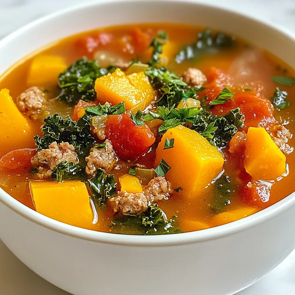 - 2 medium sweet potatoes, peeled and diced - 1 pound Italian chicken sausage or plant-based sausage, casings removed - 1 onion, diced - 2 cloves garlic, minced - 4 cups vegetable broth - 2 cups kale, chopped - 1 can (15 oz) diced tomatoes with juices - 1 teaspoon smoked paprika - 1 teaspoon dried thyme - Salt and pepper to taste - 2 tablespoons olive oil - Optional: Fresh parsley for garnish Sweet potatoes are the star here. They add sweetness and warmth. You can choose Italian chicken sausage for a savory kick or a plant-based sausage if you prefer. Both work great! Onions and garlic build a strong base. They add depth and flavor to the soup. Kale brings in nutrients and a lovely green color. We use vegetable broth for a rich base. Diced tomatoes add a hint of acidity. Smoked paprika and dried thyme give it a nice aroma. Don’t forget salt and pepper! They balance all the flavors. For a fun touch, add fresh parsley or red pepper flakes on top. This soup is all about comfort and joy in every bite. {{ingredient_image_1}} 1. Peel and Dice Sweet Potatoes: Start by peeling your sweet potatoes. Use a sharp knife to chop them into small cubes. Aim for uniform pieces to ensure even cooking. About two medium sweet potatoes should be enough for this soup. 2. Remove Sausage Casings: If you use sausage links, remove the casings. Simply slice the casing down one side and squeeze the meat out. Plant-based sausage also works well in this recipe. 3. Chop Vegetables: Dice your onion and mince the garlic. The onion adds sweetness, while the garlic brings flavor. Set them aside until you are ready to cook. 1. Sauté Onions and Garlic: In a large pot, heat two tablespoons of olive oil over medium heat. Add the diced onion and cook for about 3-4 minutes. Stir often until the onion softens. Then, add the minced garlic and cook for another minute. 2. Cook Sausage Until Browned: Crumble the sausage into the pot. Cook it for about 6-8 minutes, stirring frequently. The sausage should be browned and fully cooked. 3. Add Sweet Potatoes and Seasonings: Stir in the sweet potatoes, one teaspoon of smoked paprika, and one teaspoon of dried thyme. Season with salt and pepper to taste. This mix will add depth to your soup. 4. Incorporate Broth and Tomatoes: Pour in four cups of vegetable broth and one can of diced tomatoes with their juices. Bring the mixture to a boil. Once boiling, reduce the heat and cover the pot. 5. Simmer the Soup: Let the soup simmer for 15-20 minutes. Check for tenderness by poking the sweet potatoes with a fork. They should be soft. 6. Add Kale and Adjust Seasoning: Finally, stir in two cups of chopped kale. Cook for an additional 5 minutes until the kale wilts. Taste the soup and adjust the seasoning if needed. This soup is a warm hug in a bowl. It’s packed with flavor and nutrients, perfect for any cozy night. - Best Techniques for Sautéing: Start with a hot pan to get a nice sear. Use olive oil to coat the bottom. Add onions first and let them soften before adding garlic. This order builds deep flavors. Stir often to avoid burning. - Tips for Cooking Sausage Perfectly: Crumble the sausage into small pieces. This helps it cook evenly. Stir it occasionally to brown all sides. Cook until no pink remains, about 6-8 minutes. This ensures it’s safe to eat and adds great flavor. - Gluten-Free Options: Use gluten-free sausage. Many brands offer tasty options. Always check the label for hidden gluten. Ensure your broth is gluten-free too. - Vegan Alternatives: Replace the sausage with plant-based options. There are many flavors to choose from. You can also use mushrooms for a meaty texture. Ensure your broth is vegetable-based to keep it vegan. - Ideal Pairings with the Soup: This soup goes well with crusty bread or a fresh salad. A light green salad adds crunch and freshness. You can also serve it with a side of cornbread for extra comfort. - Best Bowls and Garnishing Tips: Use deep bowls to hold the soup well. Garnish with fresh parsley for color. A sprinkle of red pepper flakes adds a nice kick. Serve hot, and enjoy the warmth! Pro Tips Perfectly Cooked Sausage: Ensure the sausage is well-browned for added flavor, and consider using a mix of chicken and pork sausage for a richer taste. Sweet Potato Texture: Cut the sweet potatoes into even pieces to ensure they cook evenly and achieve the right tenderness. Seasoning Balance: Taste the soup before serving and adjust the seasoning; a dash of lemon juice can enhance the flavors further. Kale Alternatives: If you prefer, you can substitute kale with spinach or Swiss chard for a different texture and flavor profile. {{image_2}} To make Sweet Potato Sausage Soup your own, try using different sausage flavors. You can use spicy Italian sausage for heat. If you like a milder taste, go for turkey or pork sausage. Plant-based sausages also work well. They add a nice texture without meat. You can also add more veggies to the soup. Carrots and celery can bring extra crunch. Peppers lend a sweet flavor, while spinach offers a fresh touch. Consider adding corn for sweetness or zucchini for a light flavor. Mix and match to find your favorite combo! Do you want more heat in your soup? You can add red pepper flakes while cooking. Start with a small amount and taste as you go. If you want less heat, skip the red pepper flakes. Instead, use sweet smoked paprika for depth without the spice. You can even add a splash of cream for a creamy texture. This can help balance the heat, making the soup rich and soothing. If you want to make a vegan or vegetarian version, swap out the broth and sausage. Use vegetable broth instead of meat broth. For sausage, try lentils or chickpeas for protein. You can also use mushrooms for a meaty texture. To keep the flavor strong, add more spices. A dash of soy sauce can give depth. If you want to make it creamy, blend some cooked sweet potatoes into the soup. This adds thickness and a nice flavor. To keep your sweet potato sausage soup fresh, follow these steps: - Best Practices for Refrigeration: Allow the soup to cool first. Then, transfer it to an airtight container. Store it in the fridge for up to three days. This keeps the flavors intact and prevents spoilage. - Proper Freezing Techniques: If you want to save some for later, pour the cooled soup into freezer-safe containers. Leave some space at the top for expansion. You can freeze it for up to three months. This way, you can enjoy it when you want a warm meal. When you’re ready to eat your leftover soup, use these methods: - Methods for Best Texture and Flavor: Reheat the soup on the stove over low heat. Stir often to avoid sticking. You can also use the microwave. Heat in short bursts, stirring in between, until warm. This helps keep the texture creamy and the flavors fresh. Knowing how long your soup lasts is key: - How Long It Lasts in the Refrigerator/Freezer: Your soup will stay fresh in the fridge for about three days. In the freezer, it can last up to three months. Just remember to label your containers with the date. Can I use different types of sausage? Yes, you can! Feel free to swap Italian chicken sausage for turkey, pork, or plant-based options. Each sausage brings its own flavor to the soup. How can I make this soup spicier? You can add red pepper flakes, diced jalapeños, or hot sauce to the pot. Start with a little, then taste and adjust for your heat level. Is it possible to make this soup in a slow cooker? Absolutely! Brown the sausage and onions first, then add all the ingredients to the slow cooker. Cook on low for 6-8 hours or high for 3-4 hours. Can I add beans to the soup? Yes! Beans like white beans or black beans work great. They add protein and texture. Just rinse and drain canned beans before adding. What can I serve with Sweet Potato Sausage Soup? This soup pairs well with crusty bread, a fresh salad, or cornbread. These sides balance the meal and add extra flavor. How do I know when the sweet potatoes are done cooking? Sweet potatoes are done when they are tender. You can poke them with a fork. If it goes in easily, they are ready! This blog post dives into making a delicious Sweet Potato Sausage Soup. We covered key ingredients, step-by-step cooking, and tips for enhancing flavor and meeting dietary needs. You can customize this soup with various spices and vegetables. Storing and reheating it properly will keep it tasty. Finally, we answered common questions to help you. Enjoying this easy soup will warm your days and impress your guests. Get creative, and have fun cooking!