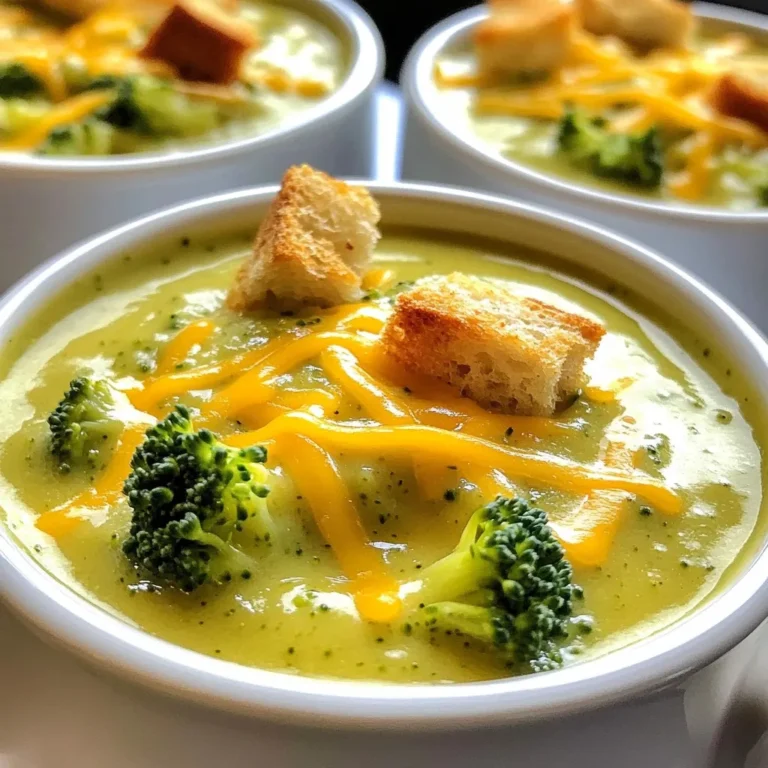 - 1 large head of broccoli, chopped into small florets - 1 medium onion, diced - 2 cloves garlic, minced - 4 cups vegetable broth - 2 cups shredded sharp cheddar cheese - 1 cup heavy cream These main ingredients make your soup creamy and tasty. The broccoli adds nutrition and color. The onion and garlic bring in great flavor. The vegetable broth forms the soup base. Sharp cheddar cheese adds a rich and cheesy taste. Heavy cream gives it a smooth texture. - 2 tablespoons olive oil - 1 teaspoon thyme (fresh or dried) - Salt and pepper to taste - Croutons for garnish Optional ingredients can enhance your soup. Olive oil helps cook the onions well. Thyme adds a nice herbal note. Salt and pepper are key for flavor balance. Croutons make a crunchy topping. You can mix and match these ingredients to suit your taste. {{ingredient_image_1}} First, let’s chop the broccoli. Take one large head of broccoli and cut it into small florets. This helps the broccoli cook evenly and blend well. Next, dice one medium onion into small pieces. Then, mince two cloves of garlic. This adds great flavor. Now, you have a choice of tools for blending. An immersion blender is great for this soup. You can blend it right in the pot. It’s easy and quick. If you use a regular blender, be careful. Blend in small batches to avoid spills. Start cooking by heating two tablespoons of olive oil in a large pot over medium heat. Add the diced onion and sauté it for about five minutes. The onion should look clear and soft. Then, add the minced garlic and one teaspoon of thyme. Cook for another one to two minutes. This brings out the flavors. Next, add the chopped broccoli and four cups of vegetable broth to the pot. Bring it to a boil, then lower the heat. Let it simmer for about 15 to 20 minutes. You want the broccoli to be tender. After cooking, blend the soup until it is smooth. If you used an immersion blender, you’re all set. If not, pour the soup into a regular blender in batches. When smooth, return the soup to the pot. Stir in one cup of heavy cream and two cups of shredded sharp cheddar cheese. Keep mixing until the cheese melts completely. Finally, add salt and pepper to taste. If the soup seems thick, add more broth or water to thin it. Let it simmer for five more minutes to warm everything through. Enjoy this creamy goodness! To boost flavor, pick sharp cheddar cheese. Sharp cheddar adds depth and tang. It makes the soup rich and tasty. I recommend using freshly shredded cheese. Pre-shredded cheese contains additives that can affect melting. Proper seasoning also matters. Start with salt and pepper. Taste as you go. If you want more flavor, add a pinch of garlic powder. You might also try a dash of hot sauce for heat. For a creamier soup, use heavy cream. It adds richness and smoothness. Stir it in slowly while heating the soup. This method keeps the cream from curdling. To achieve a smoother texture, use an immersion blender. Blend until it reaches your desired consistency. If you don't have one, pour the soup into a regular blender. Blend in batches to avoid spills. If the soup feels too thick, add more vegetable broth. Thin it out until it’s just right. Pro Tips Use Fresh Broccoli: Fresh broccoli will give the best flavor and texture to your soup. Look for bright green florets and firm stalks. Cheese Choices: While sharp cheddar is traditional, feel free to mix in other cheeses like Gruyère or Monterey Jack for a unique flavor profile. Adjust Creaminess: If you prefer a lighter soup, you can substitute half of the heavy cream with milk or use a lower-fat cream alternative. Garnish for Texture: Adding croutons not only enhances the presentation but also provides a delightful crunch that balances the creaminess of the soup. {{image_2}} You can easily adjust this soup for different diets. If you want a vegan option, use dairy-free cheese. Coconut cream can replace heavy cream for a rich texture. Both options make a creamy soup without dairy. For gluten-free needs, check your broth and cheese. Most vegetable broths are gluten-free. Just ensure the cheese is also free from gluten. You can add many flavors to this soup. Fresh herbs like basil or parsley brighten the taste. A sprinkle of paprika adds a warm kick. You might also try spices like cumin or coriander for unique flavors. Incorporating other vegetables can boost nutrition too. Carrots and celery can add sweetness. Cauliflower blends well and keeps the soup creamy. Peas can add a pop of color and flavor. Mix and match to create your perfect bowl! To store leftover soup, let it cool first. Pour it into a container with a tight lid. This helps keep it fresh. You can store it in the fridge for up to four days. When you are ready to eat, reheat it on the stove. Stir it often to avoid burning. You can also use a microwave. Just heat it in short bursts, stirring in between. To freeze broccoli cheddar soup, let it cool completely. Pour it into freezer-safe bags or containers. Leave some space at the top, as it will expand. This soup stays good in the freezer for up to three months. When you want to eat it, take it out and place it in the fridge overnight to thaw. For quick thawing, you can use the microwave. Reheat it gently on the stove, stirring well before serving. You can use both fresh and frozen broccoli. Fresh broccoli offers a crisp taste. Frozen broccoli is convenient and still tasty. Both options work well in this soup. To add spice, try adding red pepper flakes or cayenne pepper. You can also use a splash of hot sauce. Start small and adjust to your heat level. This soup pairs well with crusty bread or a fresh salad. Grilled cheese sandwiches also make a nice side. You can add croutons for extra crunch. The soup lasts about 3-4 days in the fridge. Store it in an airtight container. Reheat gently on the stove or in the microwave. Yes, you can make this soup in a slow cooker. Sauté the onions and garlic first. Then, add all ingredients to the slow cooker and cook on low for 6-8 hours. Blend as usual before serving. This blog post covered how to make a delicious broccoli cheddar soup. We explored key ingredients like broccoli, garlic, and sharp cheddar. You learned step-by-step instructions for cooking and blending the soup. I shared tips for enhancing flavor and texture. Plus, we discussed variations for different diets and flavor profiles. Remember, easy storage tips keep your soup fresh. Enjoy making this tasty soup your way. Experiment with flavors to find your favorite!