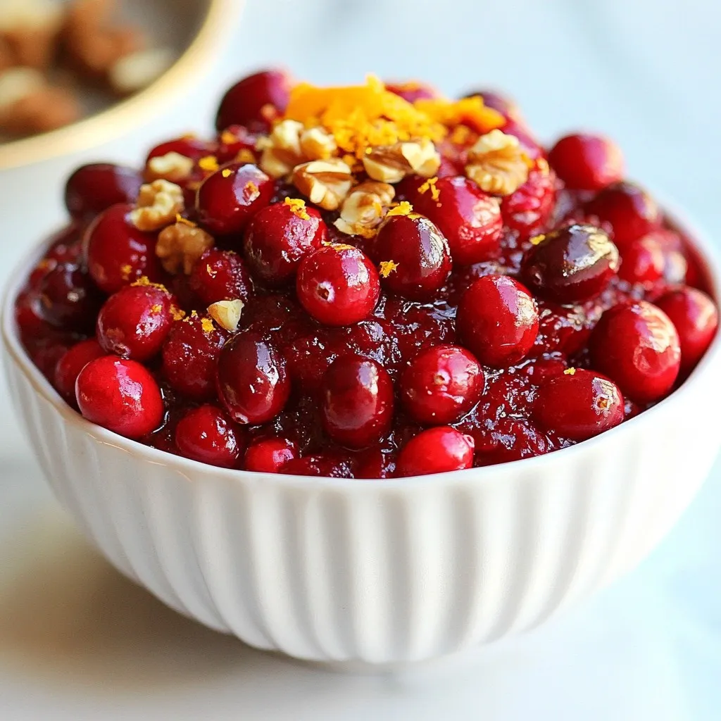 - 12 ounces fresh cranberries - 1 cup granulated sugar - 1 cup orange juice - Zest of 1 orange - 1/2 teaspoon cinnamon - 1/4 teaspoon ginger powder - Pinch of salt - 1 cup water - Optional: 1/4 cup chopped walnuts or pecans Gather these ingredients before you start. Fresh cranberries are key for a bright flavor. I like to rinse them well to remove any debris. The orange juice adds sweetness and a nice tang. If you can, use fresh-squeezed juice. It makes a big difference! The zest of one orange brings a burst of citrus. The spices, cinnamon and ginger, add warmth and depth. You only need a pinch of salt to bring all the flavors together. The water helps cook the cranberries and forms the sauce base. If you want a crunch, add the nuts at the end. They add great texture and flavor. Make sure you have all these ingredients ready. It makes the cooking process smooth and easy. {{ingredient_image_1}} To start, take a medium saucepan. Add the fresh cranberries and one cup of water. Set the heat to medium and bring this mix to a boil. Once it boils, reduce the heat to let it simmer. This helps the cranberries soften. Next, add one cup of granulated sugar and one cup of orange juice to the pot. If you can, use fresh juice for the best taste. Don't forget to add the zest of one orange. Stir the mixture well so that everything blends nicely. Now, it’s time to add some flavor. Sprinkle in half a teaspoon of cinnamon and a quarter teaspoon of ginger powder. Add a pinch of salt to balance the sweetness. Stir again to mix the spices evenly throughout the sauce. If you like a bit of crunch, you can fold in a quarter cup of chopped walnuts or pecans. This step adds a nice texture and flavor. You should do this during the last two minutes of cooking. After about 10 to 15 minutes, check your sauce. The cranberries should burst, and the sauce should thicken. Remove the saucepan from the heat and let it cool to room temperature. Once it cools, transfer the sauce into an airtight container. Make sure to refrigerate it for at least two hours. For the best taste, let it chill overnight. This helps all the flavors come together beautifully. Using fresh orange juice makes a big difference. It adds bright taste to your sauce. Store-bought juice is fine, but fresh juice shines. Always choose fresh if you can. Resting time is key for flavor. Let your sauce cool and sit in the fridge. This allows flavors to mix well. Aim for at least two hours, or overnight if you can wait. To check if your sauce is thick enough, look for a few burst cranberries. The sauce should coat the back of a spoon. If it runs off too quickly, let it simmer longer. If your sauce is too thick, add a little water. Stir well until it reaches your desired texture. If it’s too thin, cook it longer to reduce it. Serve your sauce in a nice bowl. Add an orange slice on the rim for color. You can also sprinkle some chopped nuts on top. This adds texture and a festive look. Try placing the sauce on a decorative plate. You can use leaves or small flowers for a special touch. This makes your dish stand out. Pro Tips Freshness Matters: Always use fresh cranberries for the best flavor and texture. Frozen cranberries can be used in a pinch, but they may lead to a less vibrant sauce. Adjusting Sweetness: If you prefer a less sweet sauce, reduce the sugar to 3/4 cup or even 1/2 cup. You can always add more sugar later if needed. Flavor Enhancements: Experiment with additional spices like nutmeg or allspice for a unique twist on the classic cranberry sauce. Storage Tips: This sauce can be made up to a week in advance. Just store it in an airtight container in the refrigerator for maximum flavor retention. {{image_2}} You can enhance your cranberry sauce with extra flavors. Try adding spices like nutmeg or cloves. These spices add warmth and depth. Just a pinch can make a big difference. You can also mix in fruits like apples or pears. These fruits add sweetness and a nice texture. Chop them small and add them when you stir in the sugar. If you want a crunchy twist, you can use different nuts. Walnuts or pecans are great, but you can also try sunflower seeds. They add a delightful crunch. Just fold them in during the last few minutes of cooking. This keeps them fresh and tasty. If you prefer less sugar, there are easy swaps. You can replace granulated sugar with honey or maple syrup. Both options give a nice flavor. Adjust the amount to your taste. Remember that honey is sweeter than sugar. So, use less honey than sugar in the recipe. To keep your cranberry sauce fresh, use airtight containers. This helps keep the sauce from drying out or absorbing other smells. You can store the sauce in the refrigerator for up to two weeks. If you want to keep it longer, freezing is a great option. Freezing the cranberry sauce extends its life significantly. You can freeze it for up to six months without losing flavor. Just make sure to leave some space in the container, as it will expand when frozen. Label your containers with the date to keep track of freshness. To safely thaw frozen sauce, move it to the fridge overnight. This keeps it at a safe temperature. If you're in a hurry, you can also thaw it in a microwave on low power. When reheating, do it gently over low heat. Stir often to keep the texture smooth and avoid burning. If it thickens too much, add a bit of water or orange juice to loosen it up. Yes, you can make cranberry sauce ahead of time. I recommend making it at least one day before you plan to serve it. This gives the flavors time to blend. If you're short on time, make it up to three days in advance. Just store it in the fridge in an airtight container. Homemade cranberry sauce can last about one week in the fridge. If you freeze it, it can last for three months. Make sure to use a good airtight container when storing. This keeps it fresh and tasty. Cranberry sauce pairs well with many dishes. Here are some ideas: - Roast turkey or chicken for a classic pairing - Pork chops for a sweet contrast - Grilled cheese for a fun twist - Vanilla ice cream for a perfect dessert These combinations make your meal special and full of flavor. This blog post explored the simple steps to make your own cranberry sauce, including all the ingredients needed and how to prepare them. I shared tips to enhance flavor, achieve the right texture, and suggested creative variations. Remember, making cranberry sauce at home gives you control over taste and freshness. You can customize it to suit your meals and preferences. Enjoy the process and celebrate the delicious results! Happy cooking!