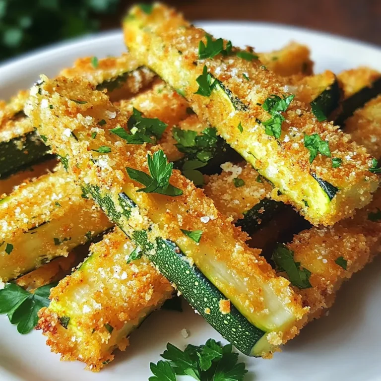 To make Parmesan crusted zucchini fries, gather these key ingredients: - 2 medium zucchinis, cut into fry shapes - 1 cup breadcrumbs (panko or regular) - 1/2 cup grated Parmesan cheese - 1 teaspoon garlic powder - 1 teaspoon onion powder - 1 teaspoon smoked paprika - 1/2 teaspoon salt - 1/4 teaspoon black pepper - 2 large eggs - 1 tablespoon olive oil - Fresh parsley, chopped (for garnish) These ingredients work well together. The zucchini offers a fresh crunch, while the cheese brings a rich flavor. Accurate measurements are key for great results. Here’s how to break it down: - Zucchinis: Two medium ones give you enough fries for four servings. - Breadcrumbs: Use one cup. Panko is crunchier, but regular works too. - Parmesan cheese: Half a cup adds a salty kick. Grated cheese melts nicely. - Spices: One teaspoon each of garlic and onion powder gives a savory taste. Smoked paprika enhances the flavor with a hint of smokiness. - Salt and pepper: Use half a teaspoon of salt and a quarter teaspoon of black pepper for seasoning. - Eggs: Two large eggs help the coating stick well. - Olive oil: One tablespoon drizzled on top helps with crispiness. Following these measurements ensures your fries turn out perfect. For those who want to experiment, consider these optional ingredients: - Parmesan cheese: Extra for more cheesy goodness. - Herbs: Try adding dried oregano or thyme for more depth. - Spices: A pinch of cayenne pepper adds heat. - Zucchini alternatives: Sweet potatoes or eggplant are great substitutes. These additions can elevate your fries and suit your taste. Feel free to mix and match! {{ingredient_image_1}} First, set your oven to 425°F (220°C). This high heat helps the fries get crispy. While the oven heats, take a baking sheet and line it with parchment paper. This prevents sticking and makes clean-up easy. In a shallow bowl, combine the dry ingredients. Use 1 cup of breadcrumbs, either panko or regular works well. Add 1/2 cup of grated Parmesan cheese for that rich flavor. Next, mix in 1 teaspoon of garlic powder, 1 teaspoon of onion powder, and 1 teaspoon of smoked paprika. Finally, add 1/2 teaspoon of salt and 1/4 teaspoon of black pepper. Stir until everything is mixed well. Take 2 medium zucchinis, cut into fry shapes. In another bowl, beat 2 large eggs until they are mixed well. Grab each zucchini fry and dip it into the eggs. Let the extra egg drip off. Then, roll the fry in the breadcrumb mixture. Press lightly to make sure the coating sticks. Place each coated fry on the lined baking sheet in a single layer. Drizzle 1 tablespoon of olive oil over the fries for extra crispiness. Bake them for 20-25 minutes, flipping halfway through. Keep an eye on them; they should turn golden brown and crispy. Once done, take them out and sprinkle fresh parsley on top before serving. Enjoy your warm fries with your favorite dipping sauce! To make zucchini fries crispier, follow these steps. First, cut your zucchinis into even fry shapes. This helps them cook at the same time. Next, ensure you use panko breadcrumbs. They give a great crunch. Drizzling olive oil on your fries before baking helps too. You can also flip them halfway through baking for even browning. If you have an air fryer, use it for a healthier option. Set it to 400°F and cook for about 10-15 minutes. Check them often to avoid burning. You can also fry the zucchini fries in hot oil. Heat oil in a pan to 350°F and cook until golden brown. This method adds a lot of flavor but is less healthy. Avoid these common mistakes to get the best fries. First, don’t skip the egg wash. It helps the coating stick well. Second, don’t overcrowd the baking sheet. This can cause steaming, making them soggy. Lastly, pay attention when baking. If they look golden, they are ready. Enjoy your crispy bites! Pro Tips Choose the Right Zucchini: Opt for medium-sized zucchinis that are firm and free from blemishes for the best texture and flavor. Use Fresh Breadcrumbs: For extra crunch, use freshly made breadcrumbs instead of store-bought ones. This enhances the overall taste. Don’t Skip the Oil: Drizzling olive oil not only adds flavor but also helps achieve a golden, crispy finish on the fries. Experiment with Seasonings: Feel free to customize the spice mix by adding your favorite herbs or spices to enhance the flavor profile. {{image_2}} If you want a kick, add heat to your fries. Use 1 teaspoon of cayenne pepper or red pepper flakes in the breadcrumb mix. This small change makes a big difference. The spice blends well with the cheese. You can easily make these fries gluten-free. Swap the regular breadcrumbs for gluten-free breadcrumbs. Panko is a great choice here. This keeps the same crunch, which we all love. Check labels to ensure the ingredients fit your diet. Zucchini is fantastic, but other veggies work well too. Try eggplant, carrots, or sweet potatoes. Cut them into fry shapes like the zucchini. Follow the same steps for coating and baking. Each veggie brings its unique flavor and texture. Enjoy the fun of trying new variations! To keep your Parmesan crusted zucchini fries fresh, place them in an airtight container. You can store them in the fridge for up to three days. Make sure they cool completely before sealing the container. This helps prevent moisture build-up, which can make the fries soggy. When reheating, aim to crisp them up again. Preheat your oven to 375°F (190°C). Spread the fries on a baking sheet in a single layer. Bake for about 10 to 15 minutes. Check them often to avoid burning. This method gives you that delightful crunch again. You can freeze these fries for later enjoyment! After baking, let them cool completely. Arrange them in a single layer on a baking sheet and freeze for 1-2 hours. Once frozen, transfer them to a freezer bag. They will stay good for up to three months. When you're ready, bake them straight from the freezer at 425°F (220°C) for about 20-25 minutes. Yes, you can. If you want to skip breadcrumbs, try almond flour or crushed nuts. These options add crunch and flavor. You can also use ground oats for a different texture. Just remember, the fries may not be as crispy. Experiment to find your favorite substitute. Check the color and texture. Zucchini fries should look golden brown and crisp. You can also test one with a fork. It should feel tender inside but firm outside. Baking takes about 20-25 minutes, so keep an eye on them. Flip halfway through for even cooking. Zucchini fries taste great with many sauces. Marinara sauce adds a classic touch. Ranch dressing is creamy and cool. For a spicy kick, try buffalo sauce. You can also mix Greek yogurt with herbs for a fresh dip. Feel free to get creative with your favorite flavors! This blog post guides you through making delicious Parmesan crusted zucchini fries. We covered essential ingredients and measurements, easy step-by-step cooking tips, and helpful tricks for the perfect fries. I shared fun variations, storage information, and answers to common questions. Remember, with a few tweaks, you can make these fries your own. Now go ahead, try this recipe, and enjoy a tasty snack that everyone will love. Happy cooking!