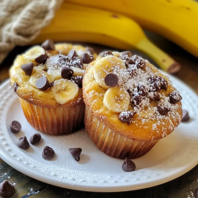 - 2 ripe bananas, mashed - 1/2 cup unsalted butter, melted - 1/2 cup brown sugar - 1/4 cup granulated sugar - 2 large eggs - 1 teaspoon vanilla extract - 1 teaspoon baking soda - 1/2 teaspoon baking powder - 1/4 teaspoon salt - 1 1/2 cups all-purpose flour - 1/2 cup semi-sweet chocolate chips - 1/4 cup chopped walnuts (optional) To make these delightful muffins, you need just the right ingredients. The ripe bananas give natural sweetness and moisture. The butter adds richness to each bite. Using both brown and granulated sugar enhances the flavor and texture. The eggs bind the mixture and create a fluffy texture. The vanilla extract adds warmth and depth. Baking soda and baking powder help the muffins rise perfectly. Don't forget the salt; it balances the sweetness. All-purpose flour forms the base of the muffins. Semi-sweet chocolate chips melt slightly, adding delicious chocolate pockets. If you like, toss in walnuts for a crunchy twist. - Variations for health-conscious options - Alternative sweeteners If you want a healthier version, consider using whole wheat flour. This adds fiber and nutrients. You can swap the butter for coconut oil or applesauce to reduce fat. For sweeteners, try maple syrup or honey instead of sugar. These options keep the muffins tasty while making them a bit lighter. {{ingredient_image_1}} First, preheat your oven to 350°F (175°C). This step warms the oven and helps the muffins rise. Next, line your muffin tin with paper liners or grease it with cooking spray. This prevents the muffins from sticking. In a mixing bowl, combine the two ripe bananas and 1/2 cup of melted butter. Mix until smooth. The bananas add moisture and flavor. After that, add 1/2 cup of brown sugar and 1/4 cup of granulated sugar. Stir until everything blends well. Beat in two large eggs, one at a time. Follow with 1 teaspoon of vanilla extract for a sweet touch. In a separate bowl, sift together 1 1/2 cups of all-purpose flour, 1 teaspoon of baking soda, 1/2 teaspoon of baking powder, and 1/4 teaspoon of salt. Sifting helps to aerate the flour. Next, slowly add the dry mixture to the wet ingredients. Use a spatula to fold gently. Avoid over-mixing; this keeps the muffins soft and fluffy. Now, fold in 1/2 cup of semi-sweet chocolate chips. If you like, you can also add 1/4 cup of chopped walnuts for extra crunch. Spoon the batter into the prepared muffin tin. Fill each cup about 3/4 full. This allows room for the muffins to rise nicely. Bake for 18-20 minutes. To check for doneness, insert a toothpick into the center of a muffin. If it comes out clean, your muffins are ready. Let the muffins cool in the tin for about 5 minutes. Then, transfer them to a wire rack to cool completely. Enjoy the delightful smell as they cool! To get the best muffins, focus on even cooking and a nice rise. Start by preheating your oven to 350°F (175°C). This ensures the heat is just right. Use a light-colored muffin tin. Dark tins can cook the outside too fast. Fill each muffin cup about 3/4 full. This helps them rise evenly without spilling over. To keep your muffins moist, use ripe bananas. The riper, the better! They add more moisture and sweetness. Also, avoid over-mixing the batter. Mix until just combined, and your muffins will stay soft. Garnishing is key to a pretty muffin. Dust the cooled muffins with powdered sugar. This adds a sweet touch. You can serve them on a wooden platter. Add a few banana slices and chocolate chips around the muffins for flair. Pair these muffins with a warm cup of coffee or tea. The rich flavors of chocolate and banana go perfectly with both drinks. If your muffins are too dense, check how you mixed the batter. Over-mixing can make them heavy. If this happens, try folding the ingredients gently next time. For baking time, keep an eye on your muffins. Every oven is different. If your oven runs hot, start checking them at 15 minutes. Use a toothpick to test doneness. If it comes out clean, your muffins are ready. Pro Tips Use Overripe Bananas: The riper the bananas, the sweeter and more flavorful your muffins will be. Look for bananas with brown spots for the best results. Experiment with Mix-Ins: Feel free to customize your muffins! Try adding dried fruits, coconut flakes, or different nuts for varied textures and flavors. Don’t Overmix: When combining wet and dry ingredients, mix gently until just combined. Overmixing can lead to tough muffins. Check for Doneness: To ensure your muffins are perfectly baked, insert a toothpick into the center. It should come out clean or with a few moist crumbs, not wet batter. {{image_2}} You can easily change up your muffins with spices. Adding a teaspoon of cinnamon gives warmth. Nutmeg adds a nice touch too. You can also mix in dried fruits like raisins or cranberries. Want more chocolate? Use dark chocolate chips or white chocolate chunks instead. These small changes can make your muffins unique and fun. If you need gluten-free muffins, swap all-purpose flour for a gluten-free blend. Make sure the blend has a good taste. For a vegan version, replace eggs with flax eggs. Use a plant-based butter or oil in place of regular butter. These swaps keep your muffins tasty and light. You can adapt your muffins to the seasons. In summer, add fresh berries like strawberries or blueberries. For fall, try pumpkin puree or chopped apples with cinnamon. Winter is great for warm spices like ginger or cloves. Each season brings new flavors to enjoy. To keep your chocolate chip banana bread muffins fresh, store them in an airtight container. This helps to lock in moisture. I suggest using a container that fits the muffins well. You want them snug but not squished. You can also use a resealable plastic bag. Just make sure to remove as much air as possible before sealing. If you want to store muffins for a longer time, freezing is great. First, let the muffins cool completely. Then, wrap each muffin tightly in plastic wrap. Place them in a freezer bag or container. Label it with the date. To reheat, take out a muffin and unwrap it. Place it in the microwave for about 15-20 seconds. This keeps it soft and warm. If you want a crisp top, heat it in the oven for about 5 minutes at 350°F (175°C). When stored properly, these muffins last about 3-4 days at room temperature. In the fridge, they can stay fresh for about a week. Look for signs of spoilage like mold or an off smell. If they feel hard or dry, they are past their prime. Enjoy them while they are still soft and tasty! To help muffins rise well, use fresh baking powder and baking soda. These ingredients create bubbles in the batter. Also, avoid over-mixing. Mix just until you see no dry flour. Filling each muffin cup about 3/4 full also helps. This gives them room to grow. Yes, you can use frozen bananas. Just thaw them first and mash them well. Frozen bananas can add more moisture and sweetness to your muffins. They may also be easier to mash when soft. If you don't have brown sugar, use granulated sugar instead. You can add a little molasses if you have it. One tablespoon of molasses mixed with white sugar makes a quick brown sugar substitute. This gives your muffins a similar taste. To check if the muffins are done, insert a toothpick into the center. If it comes out clean, they are ready. You can also gently press the top. If it springs back, they are done. Yes, you can turn this recipe into a loaf. Pour the batter into a greased loaf pan. Bake for about 50-60 minutes at the same temperature. Check for doneness with a toothpick as you would with muffins. Enjoy your banana bread! In this post, we explored how to make perfect muffins. You learned about the key ingredients, step-by-step instructions, and helpful tips. Whether you want to add chocolate chips or try a healthy twist, there’s a muffin for everyone. Remember to store and reheat them properly for the best taste. With practice, you can avoid common problems and impress anyone with your baking skills. Enjoy your muffin-making journey, and don’t hesitate to try new flavors. Your kitchen can be a space of creativity and fun!
