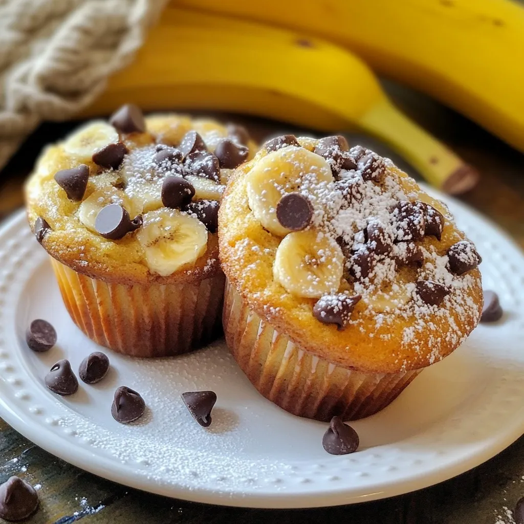- 2 ripe bananas, mashed - 1/2 cup unsalted butter, melted - 1/2 cup brown sugar - 1/4 cup granulated sugar - 2 large eggs - 1 teaspoon vanilla extract - 1 teaspoon baking soda - 1/2 teaspoon baking powder - 1/4 teaspoon salt - 1 1/2 cups all-purpose flour - 1/2 cup semi-sweet chocolate chips - 1/4 cup chopped walnuts (optional) To make these delightful muffins, you need just the right ingredients. The ripe bananas give natural sweetness and moisture. The butter adds richness to each bite. Using both brown and granulated sugar enhances the flavor and texture. The eggs bind the mixture and create a fluffy texture. The vanilla extract adds warmth and depth. Baking soda and baking powder help the muffins rise perfectly. Don't forget the salt; it balances the sweetness. All-purpose flour forms the base of the muffins. Semi-sweet chocolate chips melt slightly, adding delicious chocolate pockets. If you like, toss in walnuts for a crunchy twist. - Variations for health-conscious options - Alternative sweeteners If you want a healthier version, consider using whole wheat flour. This adds fiber and nutrients. You can swap the butter for coconut oil or applesauce to reduce fat. For sweeteners, try maple syrup or honey instead of sugar. These options keep the muffins tasty while making them a bit lighter. {{ingredient_image_1}} First, preheat your oven to 350°F (175°C). This step warms the oven and helps the muffins rise. Next, line your muffin tin with paper liners or grease it with cooking spray. This prevents the muffins from sticking. In a mixing bowl, combine the two ripe bananas and 1/2 cup of melted butter. Mix until smooth. The bananas add moisture and flavor. After that, add 1/2 cup of brown sugar and 1/4 cup of granulated sugar. Stir until everything blends well. Beat in two large eggs, one at a time. Follow with 1 teaspoon of vanilla extract for a sweet touch. In a separate bowl, sift together 1 1/2 cups of all-purpose flour, 1 teaspoon of baking soda, 1/2 teaspoon of baking powder, and 1/4 teaspoon of salt. Sifting helps to aerate the flour. Next, slowly add the dry mixture to the wet ingredients. Use a spatula to fold gently. Avoid over-mixing; this keeps the muffins soft and fluffy. Now, fold in 1/2 cup of semi-sweet chocolate chips. If you like, you can also add 1/4 cup of chopped walnuts for extra crunch. Spoon the batter into the prepared muffin tin. Fill each cup about 3/4 full. This allows room for the muffins to rise nicely. Bake for 18-20 minutes. To check for doneness, insert a toothpick into the center of a muffin. If it comes out clean, your muffins are ready. Let the muffins cool in the tin for about 5 minutes. Then, transfer them to a wire rack to cool completely. Enjoy the delightful smell as they cool! To get the best muffins, focus on even cooking and a nice rise. Start by preheating your oven to 350°F (175°C). This ensures the heat is just right. Use a light-colored muffin tin. Dark tins can cook the outside too fast. Fill each muffin cup about 3/4 full. This helps them rise evenly without spilling over. To keep your muffins moist, use ripe bananas. The riper, the better! They add more moisture and sweetness. Also, avoid over-mixing the batter. Mix until just combined, and your muffins will stay soft. Garnishing is key to a pretty muffin. Dust the cooled muffins with powdered sugar. This adds a sweet touch. You can serve them on a wooden platter. Add a few banana slices and chocolate chips around the muffins for flair. Pair these muffins with a warm cup of coffee or tea. The rich flavors of chocolate and banana go perfectly with both drinks. If your muffins are too dense, check how you mixed the batter. Over-mixing can make them heavy. If this happens, try folding the ingredients gently next time. For baking time, keep an eye on your muffins. Every oven is different. If your oven runs hot, start checking them at 15 minutes. Use a toothpick to test doneness. If it comes out clean, your muffins are ready. Pro Tips Use Overripe Bananas: The riper the bananas, the sweeter and more flavorful your muffins will be. Look for bananas with brown spots for the best results. Experiment with Mix-Ins: Feel free to customize your muffins! Try adding dried fruits, coconut flakes, or different nuts for varied textures and flavors. Don’t Overmix: When combining wet and dry ingredients, mix gently until just combined. Overmixing can lead to tough muffins. Check for Doneness: To ensure your muffins are perfectly baked, insert a toothpick into the center. It should come out clean or with a few moist crumbs, not wet batter. {{image_2}} You can easily change up your muffins with spices. Adding a teaspoon of cinnamon gives warmth. Nutmeg adds a nice touch too. You can also mix in dried fruits like raisins or cranberries. Want more chocolate? Use dark chocolate chips or white chocolate chunks instead. These small changes can make your muffins unique and fun. If you need gluten-free muffins, swap all-purpose flour for a gluten-free blend. Make sure the blend has a good taste. For a vegan version, replace eggs with flax eggs. Use a plant-based butter or oil in place of regular butter. These swaps keep your muffins tasty and light. You can adapt your muffins to the seasons. In summer, add fresh berries like strawberries or blueberries. For fall, try pumpkin puree or chopped apples with cinnamon. Winter is great for warm spices like ginger or cloves. Each season brings new flavors to enjoy. To keep your chocolate chip banana bread muffins fresh, store them in an airtight container. This helps to lock in moisture. I suggest using a container that fits the muffins well. You want them snug but not squished. You can also use a resealable plastic bag. Just make sure to remove as much air as possible before sealing. If you want to store muffins for a longer time, freezing is great. First, let the muffins cool completely. Then, wrap each muffin tightly in plastic wrap. Place them in a freezer bag or container. Label it with the date. To reheat, take out a muffin and unwrap it. Place it in the microwave for about 15-20 seconds. This keeps it soft and warm. If you want a crisp top, heat it in the oven for about 5 minutes at 350°F (175°C). When stored properly, these muffins last about 3-4 days at room temperature. In the fridge, they can stay fresh for about a week. Look for signs of spoilage like mold or an off smell. If they feel hard or dry, they are past their prime. Enjoy them while they are still soft and tasty! To help muffins rise well, use fresh baking powder and baking soda. These ingredients create bubbles in the batter. Also, avoid over-mixing. Mix just until you see no dry flour. Filling each muffin cup about 3/4 full also helps. This gives them room to grow. Yes, you can use frozen bananas. Just thaw them first and mash them well. Frozen bananas can add more moisture and sweetness to your muffins. They may also be easier to mash when soft. If you don't have brown sugar, use granulated sugar instead. You can add a little molasses if you have it. One tablespoon of molasses mixed with white sugar makes a quick brown sugar substitute. This gives your muffins a similar taste. To check if the muffins are done, insert a toothpick into the center. If it comes out clean, they are ready. You can also gently press the top. If it springs back, they are done. Yes, you can turn this recipe into a loaf. Pour the batter into a greased loaf pan. Bake for about 50-60 minutes at the same temperature. Check for doneness with a toothpick as you would with muffins. Enjoy your banana bread! In this post, we explored how to make perfect muffins. You learned about the key ingredients, step-by-step instructions, and helpful tips. Whether you want to add chocolate chips or try a healthy twist, there’s a muffin for everyone. Remember to store and reheat them properly for the best taste. With practice, you can avoid common problems and impress anyone with your baking skills. Enjoy your muffin-making journey, and don’t hesitate to try new flavors. Your kitchen can be a space of creativity and fun!