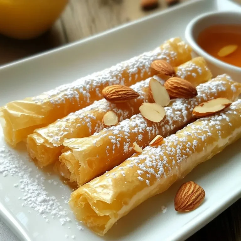 - 1 cup blanched almonds, finely chopped - 1/2 cup honey - 1 teaspoon ground cinnamon - 1/4 teaspoon ground nutmeg - 1/2 cup unsalted butter, melted - 10 sheets of phyllo dough - 1/2 cup powdered sugar (for dusting) - 1/4 cup sesame seeds (optional) To make Moroccan Honey Almond Cigars, gather these ingredients first. The blanched almonds give a nice crunch. Honey adds sweetness and moisture. Ground cinnamon and nutmeg bring warmth and spice to the mix. Next, you'll need unsalted butter. It helps the phyllo dough crisp up nicely. Phyllo dough is key to the cigar shape. You will also need powdered sugar for a lovely finish. Finally, sesame seeds can add a nice touch if you like. These ingredients create a tasty dessert. They come together to make a delightful treat. Enjoy the process of measuring and preparing them. Each ingredient plays a role in the final flavor. {{ingredient_image_1}} 1. Preheat your oven to 350°F (175°C). This helps the cigars bake evenly. 2. Line a baking sheet with parchment paper. This makes cleanup easy and prevents sticking. 3. In a mixing bowl, combine the finely chopped almonds, honey, ground cinnamon, and nutmeg. Mix well and set aside. This blend gives the cigars a rich flavor. 1. Take one sheet of phyllo dough and brush it lightly with melted butter. This adds flavor and helps the layers stick. 2. Place a second sheet on top and brush it again with butter. This creates a strong base for your cigars. 3. Cut the layered phyllo dough into long strips, about 3 inches wide. Each strip will hold the filling. 4. Place about 2 tablespoons of the almond mixture at one end of each phyllo strip. 5. Fold the sides over the filling and roll it tightly to form a cigar shape. Ensure the filling is secure inside. 6. Place the finished cigars seam-side down on the prepared baking sheet. This keeps them from unrolling. 7. Brush the tops of the cigars with any remaining melted butter. If you like, sprinkle sesame seeds on top for crunch. 1. Bake in the preheated oven for 20-25 minutes. Watch for a golden brown color, which means they are ready. 2. Once baked, remove them from the oven and let them cool slightly. This keeps them crispy. 3. Dust with powdered sugar before serving. This adds a sweet finish to your beautiful cigars. - Handling phyllo dough: Phyllo dough is delicate. Keep it covered with a damp cloth while you work. This prevents it from drying out. When you layer the sheets, brush each one with melted butter. This adds flavor and helps them stick together. - Ensuring a golden, crispy texture: Bake your cigars until they are golden brown. This usually takes 20-25 minutes. If they are too light, they may not be crispy. You want a nice crunch when you bite into them. - Presentation ideas for serving: Arrange the cigars on a nice platter. Dust them with powdered sugar for a sweet touch. Add whole almonds for decoration. This makes the dish look fancy. - Pairing with beverages or dips: These cigars go well with sweet tea or mint tea. You can also serve them with a small bowl of honey for dipping. This adds extra sweetness and flavor. Pro Tips Use Fresh Ingredients: Always use fresh blanched almonds for the best flavor and texture in your cigars. Layering Technique: Ensure each phyllo sheet is brushed evenly with butter to achieve a crispy, golden finish. Cooling Time: Allow the cigars to cool slightly after baking for easier handling and to enhance the flavors. Adjust Sweetness: Feel free to adjust the amount of honey based on your personal preference for sweetness in the filling. {{image_2}} You can switch up the nuts in this recipe. Try walnuts or pistachios instead of almonds. Both add a rich flavor. For sweeteners, agave or maple syrup work well in place of honey. These swaps keep the dessert tasty while adding new twists. If you want a zesty vibe, add some citrus zest. A bit of orange or lemon zest brightens the flavors. You can also mix in chocolate chips for a sweet surprise. These cigars can be served warm or cold. Warm cigars have a nice, gooey filling. Cold ones are crisp and refreshing. For parties, cut the cigars into bite-sized pieces. This makes them easy to grab and enjoy. You can also serve them with a side of honey for drizzling. This adds extra sweetness and flavor. To keep your Moroccan Honey Almond Cigars fresh, store them in an airtight container. This helps prevent them from getting soggy. If you have leftovers, place them in the fridge. They will stay fresh for about three days. For longer storage, consider freezing them. Wrap each cigar in plastic wrap and place them in a freezer-safe bag. They can last up to three months in the freezer. Just make sure to label the bag with the date. When you want to enjoy your cigars again, reheating is easy. Preheat your oven to 350°F (175°C) for the best results. Place the cigars on a baking sheet. Bake for about 10 minutes. This helps them regain their crispness. Avoid using a microwave. It makes the cigars soft and chewy. For a quick warm-up, use a toaster oven if you have one. That way, you keep the crunch while warming them up. Enjoy your tasty treat! Moroccan Honey Almond Cigars are sweet pastries. They feature a crispy phyllo dough outer layer. Inside, they are filled with finely chopped almonds, honey, and spices. The cinnamon and nutmeg add warmth and depth. These treats are perfect for dessert or snacks. They are often dusted with powdered sugar for a lovely finish. Yes, you can prepare these cigars ahead of time. You can fill and roll them, then store them in the fridge. Just cover them tightly with plastic wrap. When you are ready to bake, take them out and brush with butter. Bake them fresh for the best taste and texture. Yes, you can make gluten-free Moroccan Honey Almond Cigars. Substitute phyllo dough with gluten-free dough or rice paper. This change keeps the flavors similar while making it gluten-free. Just ensure the other ingredients are also gluten-free. Enjoy these delightful treats without worry! In this post, we covered how to make Moroccan Honey Almond Cigars. You learned the key ingredients, step-by-step instructions, and useful tips for perfecting your dish. Working with phyllo dough might seem tricky, but with practice, you'll get it right. You can also try different nuts or flavors to make it your own. Remember to store your leftovers properly to keep them fresh. Enjoy making these tasty treats for yourself or to share. You will impress everyone with this delicious dessert!