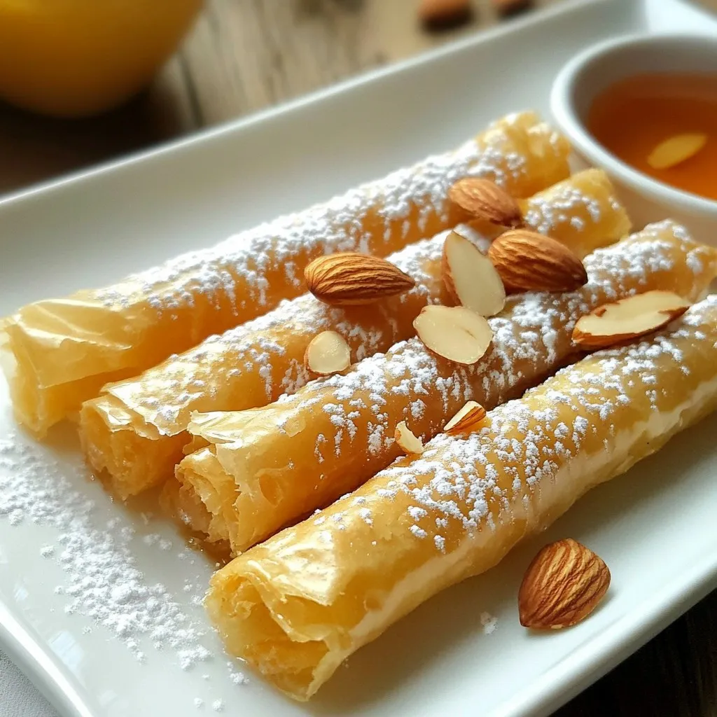 - 1 cup blanched almonds, finely chopped - 1/2 cup honey - 1 teaspoon ground cinnamon - 1/4 teaspoon ground nutmeg - 1/2 cup unsalted butter, melted - 10 sheets of phyllo dough - 1/2 cup powdered sugar (for dusting) - 1/4 cup sesame seeds (optional) To make Moroccan Honey Almond Cigars, gather these ingredients first. The blanched almonds give a nice crunch. Honey adds sweetness and moisture. Ground cinnamon and nutmeg bring warmth and spice to the mix. Next, you'll need unsalted butter. It helps the phyllo dough crisp up nicely. Phyllo dough is key to the cigar shape. You will also need powdered sugar for a lovely finish. Finally, sesame seeds can add a nice touch if you like. These ingredients create a tasty dessert. They come together to make a delightful treat. Enjoy the process of measuring and preparing them. Each ingredient plays a role in the final flavor. {{ingredient_image_1}} 1. Preheat your oven to 350°F (175°C). This helps the cigars bake evenly. 2. Line a baking sheet with parchment paper. This makes cleanup easy and prevents sticking. 3. In a mixing bowl, combine the finely chopped almonds, honey, ground cinnamon, and nutmeg. Mix well and set aside. This blend gives the cigars a rich flavor. 1. Take one sheet of phyllo dough and brush it lightly with melted butter. This adds flavor and helps the layers stick. 2. Place a second sheet on top and brush it again with butter. This creates a strong base for your cigars. 3. Cut the layered phyllo dough into long strips, about 3 inches wide. Each strip will hold the filling. 4. Place about 2 tablespoons of the almond mixture at one end of each phyllo strip. 5. Fold the sides over the filling and roll it tightly to form a cigar shape. Ensure the filling is secure inside. 6. Place the finished cigars seam-side down on the prepared baking sheet. This keeps them from unrolling. 7. Brush the tops of the cigars with any remaining melted butter. If you like, sprinkle sesame seeds on top for crunch. 1. Bake in the preheated oven for 20-25 minutes. Watch for a golden brown color, which means they are ready. 2. Once baked, remove them from the oven and let them cool slightly. This keeps them crispy. 3. Dust with powdered sugar before serving. This adds a sweet finish to your beautiful cigars. - Handling phyllo dough: Phyllo dough is delicate. Keep it covered with a damp cloth while you work. This prevents it from drying out. When you layer the sheets, brush each one with melted butter. This adds flavor and helps them stick together. - Ensuring a golden, crispy texture: Bake your cigars until they are golden brown. This usually takes 20-25 minutes. If they are too light, they may not be crispy. You want a nice crunch when you bite into them. - Presentation ideas for serving: Arrange the cigars on a nice platter. Dust them with powdered sugar for a sweet touch. Add whole almonds for decoration. This makes the dish look fancy. - Pairing with beverages or dips: These cigars go well with sweet tea or mint tea. You can also serve them with a small bowl of honey for dipping. This adds extra sweetness and flavor. Pro Tips Use Fresh Ingredients: Always use fresh blanched almonds for the best flavor and texture in your cigars. Layering Technique: Ensure each phyllo sheet is brushed evenly with butter to achieve a crispy, golden finish. Cooling Time: Allow the cigars to cool slightly after baking for easier handling and to enhance the flavors. Adjust Sweetness: Feel free to adjust the amount of honey based on your personal preference for sweetness in the filling. {{image_2}} You can switch up the nuts in this recipe. Try walnuts or pistachios instead of almonds. Both add a rich flavor. For sweeteners, agave or maple syrup work well in place of honey. These swaps keep the dessert tasty while adding new twists. If you want a zesty vibe, add some citrus zest. A bit of orange or lemon zest brightens the flavors. You can also mix in chocolate chips for a sweet surprise. These cigars can be served warm or cold. Warm cigars have a nice, gooey filling. Cold ones are crisp and refreshing. For parties, cut the cigars into bite-sized pieces. This makes them easy to grab and enjoy. You can also serve them with a side of honey for drizzling. This adds extra sweetness and flavor. To keep your Moroccan Honey Almond Cigars fresh, store them in an airtight container. This helps prevent them from getting soggy. If you have leftovers, place them in the fridge. They will stay fresh for about three days. For longer storage, consider freezing them. Wrap each cigar in plastic wrap and place them in a freezer-safe bag. They can last up to three months in the freezer. Just make sure to label the bag with the date. When you want to enjoy your cigars again, reheating is easy. Preheat your oven to 350°F (175°C) for the best results. Place the cigars on a baking sheet. Bake for about 10 minutes. This helps them regain their crispness. Avoid using a microwave. It makes the cigars soft and chewy. For a quick warm-up, use a toaster oven if you have one. That way, you keep the crunch while warming them up. Enjoy your tasty treat! Moroccan Honey Almond Cigars are sweet pastries. They feature a crispy phyllo dough outer layer. Inside, they are filled with finely chopped almonds, honey, and spices. The cinnamon and nutmeg add warmth and depth. These treats are perfect for dessert or snacks. They are often dusted with powdered sugar for a lovely finish. Yes, you can prepare these cigars ahead of time. You can fill and roll them, then store them in the fridge. Just cover them tightly with plastic wrap. When you are ready to bake, take them out and brush with butter. Bake them fresh for the best taste and texture. Yes, you can make gluten-free Moroccan Honey Almond Cigars. Substitute phyllo dough with gluten-free dough or rice paper. This change keeps the flavors similar while making it gluten-free. Just ensure the other ingredients are also gluten-free. Enjoy these delightful treats without worry! In this post, we covered how to make Moroccan Honey Almond Cigars. You learned the key ingredients, step-by-step instructions, and useful tips for perfecting your dish. Working with phyllo dough might seem tricky, but with practice, you'll get it right. You can also try different nuts or flavors to make it your own. Remember to store your leftovers properly to keep them fresh. Enjoy making these tasty treats for yourself or to share. You will impress everyone with this delicious dessert!