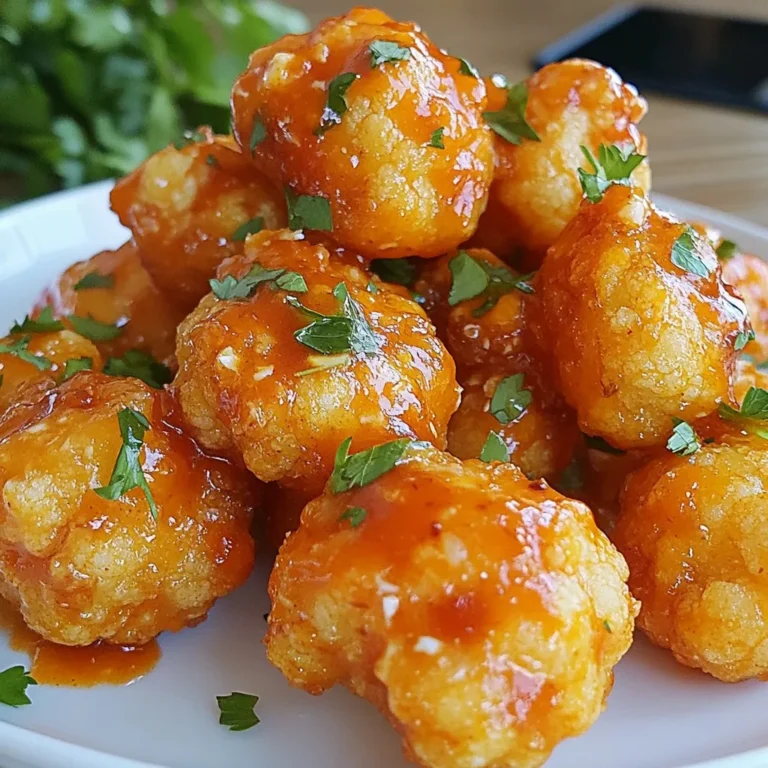 To make Buffalo Cauliflower Bites, you need: - Cauliflower - 1 medium head of cauliflower, cut into bite-sized florets - Batter Ingredients - 1 cup all-purpose flour - 1 tablespoon garlic powder - 1 tablespoon paprika - 1 teaspoon salt - 1 teaspoon black pepper - 1 cup water - Buffalo Sauce and Garnish - 1 cup buffalo sauce - 2 tablespoons melted vegan butter (optional) - Fresh parsley, chopped (for garnish) Each ingredient plays an important role. The cauliflower brings a hearty base. The batter adds that crunch and flavor. The buffalo sauce gives it that spicy kick. The parsley adds freshness and color. This simple list helps you create a tasty snack. {{ingredient_image_1}} Start by cutting the cauliflower into bite-sized florets. You want them small enough to cook well but large enough to hold their shape. This step is crucial. Even pieces cook evenly, and you get that nice crunch. Once you cut the cauliflower, rinse it under cold water. This helps remove any dirt. Pat them dry with a clean towel, so they are not too wet. In a large mixing bowl, combine 1 cup of all-purpose flour, 1 tablespoon of garlic powder, 1 tablespoon of paprika, 1 teaspoon of salt, and 1 teaspoon of black pepper. Mix these dry ingredients well. Next, slowly add 1 cup of water while whisking. You want the batter to be smooth, like pancake batter. It should coat the cauliflower well, creating that crispy texture when baked. Toss the cauliflower florets in the batter until they are evenly coated. Preheat your oven to 450°F (230°C) and line a baking sheet with parchment paper. Spread the coated cauliflower in a single layer on the sheet. Bake them for 25 to 30 minutes, turning halfway through. Look for a golden-brown color and crispiness. After they bake, mix 1 cup of buffalo sauce with 2 tablespoons of melted vegan butter in another bowl. Once the cauliflower is done, toss the hot bites in this mixture. Return them to the baking sheet and bake for an extra 10 to 15 minutes. This step makes them extra crispy. Serve hot, and don’t forget to sprinkle some fresh parsley on top for a pop of color! To make your Buffalo cauliflower bites extra crispy, follow these tips: - Use cold water: Start with cold water when making your batter. This helps create a nice crunch. - Don’t overcrowd the pan: Spread the florets out on the baking sheet. If they touch, they won’t crisp up. - Flip halfway: Turn the cauliflower bites halfway through baking. This ensures even cooking. Boost the flavor with these simple ideas: - Add spices to the batter: Consider extra garlic powder or onion powder for more depth. You can also add cayenne pepper for heat. - Use different sauces: Instead of just buffalo sauce, try mixing in a bit of barbecue sauce for a sweet twist. - Mix with herbs: Fresh parsley adds a nice touch. Try other herbs like cilantro or chives for variety. Serve your Buffalo cauliflower bites with these ideas: - Dips: Pair them with ranch or blue cheese dressing for a classic combo. - Veggie platter: Add celery and carrot sticks on the side for a crunchy contrast. - As a main dish: Serve with rice or quinoa. This makes for a filling meal, perfect for lunch or dinner. Pro Tips Choose Fresh Cauliflower: Opt for a head of cauliflower that feels heavy and has tightly packed florets for the best texture and flavor. Adjust the Spice Level: If you prefer milder bites, mix the buffalo sauce with a bit of ranch or yogurt to tone down the heat. Double Coating for Extra Crunch: For an even crispier texture, you can double-dip the cauliflower by coating it in the batter, baking it, and then tossing it in the buffalo sauce before a second bake. Garnish Thoughtfully: Adding fresh herbs like cilantro or green onions can elevate the dish and provide a refreshing contrast to the spicy buffalo sauce. {{image_2}} You can easily make these bites gluten-free. Just swap the all-purpose flour for a gluten-free flour blend. Look for options like almond flour or chickpea flour. These flours provide great taste and texture. You won’t lose any crunch! Want more heat? Add cayenne pepper to the batter. Start with a pinch and adjust to your taste. For a milder version, use less buffalo sauce. You can even mix it with ranch dressing for a creamy dip. This way, you can enjoy your favorite flavor without feeling overwhelmed. Instead of baking, you can fry the cauliflower bites. Heat oil in a pan and fry until golden brown. This gives you a crispy outside and tender inside. If you prefer a healthier option, try air frying. Set your air fryer to 400°F (200°C) and cook for about 15 minutes. This method cuts down on oil while keeping your bites crispy. To store leftover Buffalo Cauliflower Bites, let them cool first. Place them in an airtight container. They will stay fresh in the fridge for about three days. Make sure the container fits well. This keeps the bites crisp and tasty. When you're ready to enjoy leftovers, preheat your oven to 350°F (175°C). Place the cauliflower bites on a baking sheet. Heat them for about 10-15 minutes. This will help restore their crispy texture. You can also use an air fryer for a faster option. Set it to 350°F (175°C) and cook for about 5-7 minutes. If you want to freeze the bites, let them cool completely. Arrange them in a single layer on a baking sheet. Freeze them for about two hours. Once frozen, transfer them to a freezer-safe bag. Remove as much air as possible before sealing. They can stay in the freezer for up to three months. When ready to eat, bake them straight from the freezer at 450°F (230°C). You can serve Buffalo Cauliflower Bites with many tasty things. Pair them with ranch or blue cheese dressing for dipping. A fresh veggie platter adds crunch and color. You can also enjoy them with celery sticks or carrot sticks. These bites go great with a side of crispy fries or a simple salad. For a fun twist, serve them on a platter with sliders. This mix keeps your meal interesting and fun. Yes, you can easily make these Buffalo Cauliflower Bites vegan. Use plant-based butter instead of regular butter. Most buffalo sauces are vegan, but check the label. The batter is already vegan, so you’re good to go. This means everyone can enjoy these bites, no matter their diet. Buffalo Cauliflower Bites last about 3 to 5 days in the fridge. Store them in an airtight container to keep them fresh. When you’re ready to eat them, reheat in the oven for the best taste. They may lose some crispiness in the fridge but still taste great. Enjoy them as a quick snack or meal anytime! In this post, we explored making buffalo cauliflower bites. We covered ingredients, prep steps, and baking methods. I shared tips for crispy texture and flavor boosts. You can also find variations, storage advice, and answers to common questions. These bites are fun, tasty, and easy to make. Whether you enjoy spicy or mild, you now have options. Try these out for your next snack or meal. You’ll impress your friends and family with this healthy twist!
