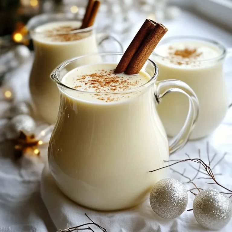 To make vegan eggnog, gather these key items: - 1 can (400ml) full-fat coconut milk - 1 cup almond milk (or any plant-based milk) - 1/4 cup maple syrup - 1 teaspoon vanilla extract - 1 teaspoon ground nutmeg - 1 teaspoon ground cinnamon - 1/4 teaspoon ground cloves - A pinch of sea salt - 1/4 cup soaked cashews (for extra creaminess) These ingredients create a rich and creamy base. The coconut milk gives a nice texture. Almond milk adds a lightness that balances it all. Maple syrup sweetens the mix, while spices add warmth. You can add personal touches to your eggnog. Consider these optional ingredients: - Extra maple syrup for more sweetness - More spices like ginger or cardamom - Coconut whipped cream for added fluffiness - A splash of rum or bourbon for an adult version These additions let you tailor the drink to your taste. Try different spices to create unique flavors. Vegan eggnog is often lighter than traditional versions. Here’s a quick comparison: - Traditional eggnog often contains eggs and cream. - Vegan eggnog uses plant-based milk and cashews. This switch reduces cholesterol and calories. It can also offer more fiber from the nuts and milk. Overall, vegan eggnog is a healthier option while still being festive and tasty. {{ingredient_image_1}} To start, soak 1/4 cup of cashews in water. You can do this for at least 2 hours or overnight. Soaking helps them soften and become creamy. Once done, drain and rinse the cashews. This step is key for a smooth texture in your eggnog. Next, take a blender and add the following: - 1 can (400ml) full-fat coconut milk - 1 cup almond milk (or any plant-based milk) - 1/4 cup maple syrup - 1 teaspoon vanilla extract - 1 teaspoon ground nutmeg - 1 teaspoon ground cinnamon - 1/4 teaspoon ground cloves - A pinch of sea salt - The soaked cashews Blend everything on high speed for about 1-2 minutes. You want the mix to be creamy and smooth. If you like it thicker, add more cashews or use less almond milk. This creates a rich base for your eggnog. After blending, taste your eggnog. If you want it sweeter, add more maple syrup. For a spicier kick, sprinkle in extra cinnamon or nutmeg. Adjusting these flavors helps you craft the perfect drink for your taste. Once you're happy with the flavor, pour the eggnog into a pitcher. Chill it in the fridge for at least 1 hour. This step allows all the flavors to blend and deepen. To make your vegan eggnog super creamy, use full-fat coconut milk. It gives a rich base. Soaking cashews for at least 2 hours is key. This step makes them soft and easy to blend. Blend all ingredients on high speed. Aim for 1-2 minutes. If it's not thick enough, add more soaked cashews or cut back on almond milk. This will help you reach that desired texture. You can store leftover vegan eggnog in the fridge. Use a sealed container for best results. It stays fresh for about 3-5 days. Give it a good shake before serving. If you notice separation, that’s normal. Just blend it again to restore its creaminess. When serving, chill your eggnog well. This enhances the flavors. Pour it into glasses, leaving some space at the top. For a festive touch, add a cinnamon stick and freshly grated nutmeg on each glass. This not only looks nice but adds extra flavor too. Enjoy your creamy delight! Pro Tips Soak Cashews Longer: The longer you soak the cashews, the creamier your eggnog will be. Aim for at least 4-6 hours if possible. Adjust Sweetness: Start with less maple syrup and add more to taste. This allows you to control the sweetness level to your liking. Chill Before Serving: Letting the eggnog chill for at least an hour enhances the flavors. It’s worth the wait! Experiment with Spices: Feel free to add more spices like ginger or cardamom for a unique twist on traditional eggnog flavor. {{image_2}} You can easily change the spices in your vegan eggnog. For a pumpkin spice twist, add 1 teaspoon of pumpkin pie spice. This mix gives a warm, fall flavor. If you prefer gingerbread, include 1 teaspoon of ground ginger and a bit of molasses. These spices make your drink cozy and festive. Want to make your vegan eggnog even more special? Try adding chocolate or coffee! For chocolate, blend in 2 tablespoons of cocoa powder. This gives a rich, chocolatey taste. If you love coffee, add 1/2 cup of cold brew coffee. It adds a nice kick to your drink. You can also mix in a splash of almond extract for a nutty flavor. For those who want a little fun, you can make an adult version of vegan eggnog. Add 1/2 cup of your favorite rum or bourbon. This makes the drink warm and festive. Just mix it in after blending. Make sure to serve it responsibly and enjoy with friends. To keep your vegan eggnog fresh, store it in the fridge. Use an airtight container to prevent any odors from other foods. It will stay good for up to five days. Make sure to give it a good shake before you pour it out. The flavors may settle, but shaking will mix everything back together. You can freeze vegan eggnog if you need to save it for later. Pour it into ice cube trays or freezer-safe containers. Leave some space at the top, as liquids expand when frozen. When you want to use it, thaw in the fridge overnight. Blend it again if it looks separated after thawing. Homemade vegan eggnog tastes best when fresh, but it can last up to five days in the fridge. For the best flavor, consume it within the first few days. Always check for any off smells or changes in texture before drinking. If it smells sour or looks funny, it's best to toss it out. Yes, you can use any plant-based milk. Almond milk works well, but oat or soy milk can also be nice. Each milk gives a different taste. You can mix and match to find your favorite flavor. Just keep in mind, the creaminess might change based on the milk you choose. You can store homemade vegan eggnog for up to one week. Keep it in a sealed container in the fridge. The flavors will deepen over time. If it separates, just shake or stir it before serving. This drink stays fresh if stored properly. Yes, vegan eggnog is great for kids. It has no eggs or dairy, making it safe for them. The flavors are sweet and fun. Kids will enjoy drinking this creamy treat during the holidays. Plus, it's a good way to include them in festive traditions. Yes, you can make vegan eggnog without cashews. If you want creaminess, try using soaked almonds or coconut cream instead. You can also omit them for a lighter drink. Just know that it might be less rich in texture. Adjust the recipe to fit your taste and needs. This blog post covered how to make vegan eggnog. We discussed essential and optional ingredients to create your style. I shared step-by-step instructions for a creamy base and tips for great texture. You learned about tasty variations to try and how to store leftovers properly. In the end, vegan eggnog offers a fun, plant-based twist on a classic drink. Enjoy sipping this holiday treat with family and friends!