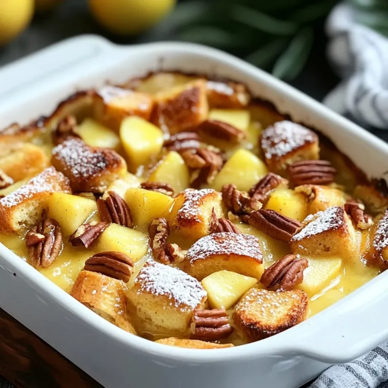 To make this Apple Pie French Toast Casserole, gather these simple items: - 1 loaf of brioche bread, cut into 1-inch cubes - 4 large eggs - 2 cups whole milk - 1/2 cup heavy cream - 1/2 cup brown sugar - 1 teaspoon vanilla extract - 2 teaspoons ground cinnamon - 1/4 teaspoon ground nutmeg - 1/4 teaspoon salt - 2 cups apples, peeled, cored, and diced (about 2-3 medium apples) - 1 tablespoon lemon juice - 1 cup chopped pecans (optional) - Powdered sugar for dusting - Maple syrup for serving Accurate measurements ensure your casserole turns out great. Use dry measuring cups for the sugar and flour. Liquid measuring cups work best for milk, cream, and eggs. When measuring brown sugar, pack it firmly into the cup. This method gives you the right sweetness. Remember to peel and core your apples before dicing them. This step keeps the texture nice and even. You can mix things up with these swaps: - Brioche Bread: Use challah or even French bread for a different taste. - Whole Milk: Substitute with almond milk or oat milk for a lighter option. - Heavy Cream: Swap in coconut cream for a dairy-free version. - Brown Sugar: Use maple syrup or honey for a natural sweetener. - Apples: Try pears or peaches instead of apples for a unique flavor. - Pecans: Walnuts or almonds can add a nice crunch as well. These substitutions keep your dish delicious while allowing for personal flavor preferences. {{ingredient_image_1}} Start by preheating your oven to 350°F (175°C). Grease a 9x13-inch baking dish lightly. In a big bowl, whisk the eggs, milk, heavy cream, brown sugar, vanilla extract, cinnamon, nutmeg, and salt. Mix them well until they blend into a smooth mix. Next, grab another bowl. Toss the diced apples with lemon juice. This keeps them fresh and bright. Now, add the cubed brioche bread and the apple mix to the egg mix. Fold gently so the bread gets coated. If you like a little crunch, fold in the chopped pecans. Pour the entire mixture into your greased baking dish. Spread it out evenly. Cover the dish with aluminum foil and place it in the preheated oven. Bake for 30 minutes. After that, take off the foil and bake for another 15 to 20 minutes. Look for a golden top and a set casserole. Once baked, let it cool for a few minutes. This helps it set more. Slice the casserole into pieces. Dust the top with powdered sugar before serving. Drizzle with maple syrup for that sweet finish. Enjoy this warm, either in the dish or on a serving platter! To get the best texture in your casserole, use brioche bread. It soaks up the egg mixture well. Cut the bread into 1-inch cubes for even cooking. Let the bread sit in the mixture for at least 30 minutes. This helps it absorb the flavors fully. If you want a crisp top, bake it uncovered for the last 15 minutes. You’ll get a nice golden crust that contrasts with the soft inside. One common mistake is not using enough eggs. Eggs help bind the bread and apple mix. Another issue is overcooking the casserole. Keep an eye on the time, and check for a golden top. Be careful not to use too many apples. They can make the dish too wet. If you use too much lemon juice on the apples, it can overpower the dish. Just a tablespoon is enough to keep them fresh. Serve the casserole warm for the best taste. If you want to impress, dust it with powdered sugar. A drizzle of maple syrup adds sweetness. You can also add whipped cream on top for a rich finish. For a crunchier bite, sprinkle some chopped pecans. This adds a nice texture and pairs well with the apples. Serve straight from the baking dish or on a platter for a family style meal. Pro Tips Use Day-Old Bread: For the best texture, use day-old brioche bread. It will absorb the egg mixture better and hold its shape during baking. Mix in Spices: Enhance the flavor by adding a pinch of ginger or allspice to the egg mixture. This will give your casserole an extra layer of warmth and spice. Let It Soak: If time allows, cover the assembled casserole and refrigerate it for a few hours or overnight. This will help the bread soak up the custard for a creamier texture. Serve with Toppings: Elevate your presentation by serving with a dollop of whipped cream, caramel sauce, or a sprinkle of chopped nuts on top of each slice. {{image_2}} You can mix up the flavors in your Apple Pie French Toast Casserole. Try adding spices like ginger or cardamom for a warm twist. You can also use different extracts, like almond or maple, instead of vanilla. For a deeper flavor, consider adding a splash of bourbon or rum to the egg mixture. This adds a rich layer that pairs well with apples. If you need a gluten-free option, use gluten-free bread. Look for dense varieties to hold up during baking. For a vegan version, substitute the eggs with flaxseed meal mixed with water. Use almond milk and coconut cream instead of whole milk and heavy cream. This keeps the dish creamy and tasty without any animal products. While apples are the star, you can switch things up with other fruits. Pears offer a sweet, juicy option with a similar texture. You can also use berries like blueberries or raspberries for a burst of color. For a tropical twist, try diced pineapple or mango. Each fruit brings its own flavor and charm to the casserole. Once you finish your Apple Pie French Toast Casserole, let it cool. Then, store any leftovers in an airtight container. This keeps it fresh for about three days. If you plan to eat it soon, you can leave it in the baking dish, just cover it tightly with plastic wrap. To reheat, preheat your oven to 350°F. If the casserole is in the baking dish, cover it with foil. Bake for about 15 to 20 minutes until it's warm. You can also use a microwave. Heat individual portions for about 30 to 45 seconds. Just check to make sure it's hot all the way through. You can freeze this casserole for later. First, let it cool completely. Then, cut it into portions and wrap each piece in plastic wrap. Place the wrapped pieces in a freezer-safe bag. This way, it can last up to three months. To eat, thaw it overnight in the fridge, then reheat as mentioned above. The best bread for French toast casserole is brioche. This bread is soft and rich. It absorbs the egg mixture well. You can also use challah or French bread. They both work nicely, too. Just cut the bread into 1-inch cubes for even baking. Yes, you can make it ahead of time! Prepare the casserole the night before. Just mix the bread, egg mixture, and apples. Cover it and place it in the fridge. Bake it the next morning. This saves time for busy mornings or special brunches. You will know it is done when the top is golden brown. The edges should look set, and the center should not jiggle. You can insert a knife in the middle. If it comes out clean, the casserole is ready. Let it cool for a few minutes before cutting. This blog post covers all you need for a great Apple Pie French Toast Casserole. We listed key ingredients and offered handy measurement tips. You learned how to prep, bake, and add those final touches. Our tips helped ensure the perfect texture and avoid common mistakes. We explored fun variations and dietary options for everyone. Lastly, we covered storage and reheating methods. With this guide, you can create a tasty dish that delights all. Enjoy the sweet experience of making this easy and delicious casserole.