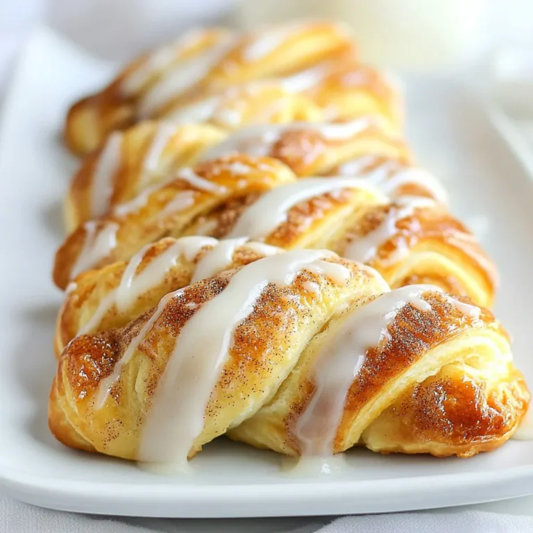 To make Crescent Roll Cinnamon Twists, you need: - 2 cans of refrigerated crescent roll dough - 1/2 cup unsalted butter, melted - 1 cup granulated sugar - 2 tablespoons ground cinnamon - 1 teaspoon vanilla extract - 1/2 cup powdered sugar (for drizzling) - 2 tablespoons milk (for drizzling) These ingredients create a sweet and buttery treat. The crescent roll dough gives it a nice flaky texture. The cinnamon adds warmth and flavor. I suggest using high-quality unsalted butter. It makes the twists rich and tasty. For the best flavor, choose pure vanilla extract over imitation. The granulated sugar should be fine for easy mixing. Look for fresh ground cinnamon for a stronger taste. You can make some swaps if needed. Use dairy-free butter for a vegan option. Try coconut sugar instead of granulated sugar for a lower glycemic option. For gluten-free twists, look for gluten-free crescent dough. Make sure to check the labels to ensure they meet your dietary needs. {{ingredient_image_1}} First, heat your oven to 375°F (190°C). Line your baking sheet with parchment paper. This helps the twists not to stick. Open one can of crescent roll dough. Unroll it onto your countertop. Press the seams together to make a big rectangle. In a small bowl, mix the granulated sugar and ground cinnamon. This mixture gives the twists their sweet flavor. Next, brush half of the melted butter over the dough. Sprinkle half of the cinnamon-sugar mix on top. Gently press the mix into the dough to stick it well. Now, grab a pizza cutter or a sharp knife. Cut the rectangle into 1-inch strips. The more strips you have, the more twists you can make. Twist each strip several times to create a spiral. Then, place the twisted strips on the baking sheet. Repeat these steps with the second can of crescent dough, using the remaining butter and cinnamon-sugar mix. Now it’s time to bake! Place your baking sheet in the preheated oven. Bake the twists for 12-15 minutes. You want them to turn golden brown. Keep an eye on them so they don’t burn. When they look perfect, take them out of the oven. Let them cool for a few minutes before adding the drizzle. While your twists are baking, let’s make the drizzle. In a bowl, whisk together the powdered sugar, milk, and vanilla extract. Keep whisking until the mixture is smooth. If it’s too thick, add a little more milk. If it’s too runny, add more powdered sugar. Once the twists cool, drizzle this sweet mix over them. This adds a nice finish and extra flavor. Enjoy your tasty cinnamon twists! To make the best cinnamon twists, start with fresh crescent roll dough. It should be cold but not frozen. When you roll out the dough, press the seams well. This helps create a nice, solid rectangle. Use a good amount of melted butter. It keeps the twists moist and adds flavor. Don’t skip the cinnamon-sugar mix. It gives the twists their sweet taste. Twist each strip tightly for a fun shape. This makes them look fancy and helps them bake evenly. One common mistake is not preheating your oven. This can lead to uneven baking. Make sure to watch the time closely. Baking too long can burn the edges. Avoid using too much flour when rolling out the dough. This can dry out the twists. Another mistake is not letting them cool before adding the drizzle. If you drizzle too soon, it will melt and run off. For this recipe, you’ll need some basic tools. A pizza cutter or sharp knife works well for slicing. A large baking sheet is a must for baking. Parchment paper helps prevent sticking. A small bowl for mixing the cinnamon-sugar is helpful too. Finally, a whisk makes mixing the drizzle easy. These tools will help you create perfect cinnamon twists every time. Pro Tips Chill the Dough: For easier handling, refrigerate the crescent roll dough for about 15 minutes before unrolling it. This will make it less sticky and easier to work with. Even Butter Distribution: To ensure even flavor, brush the melted butter carefully and try to cover all edges and corners of the dough before adding the cinnamon-sugar mixture. Variations Galore: Feel free to experiment with different fillings such as nutella, fruit preserves, or chopped nuts for a unique twist on the classic cinnamon flavor. Storage Tips: Store any leftovers in an airtight container at room temperature for up to 2 days. Reheat in the oven for a few minutes before serving for that fresh-baked taste. {{image_2}} You can change the flavor of your cinnamon twists easily. Try adding nutmeg for a warm spice kick. You could also use brown sugar instead of white sugar for a deeper taste. Want a chocolate twist? Add cocoa powder to the cinnamon-sugar mix. You can even mix in some chopped nuts for crunch. If you like fruit, use apple pie spice or add finely chopped apples. Each choice gives your twists a fun new twist! These cinnamon twists are great for any time of day. Serve them for breakfast with coffee or tea. They make a fun snack for kids after school. You can also serve them at parties or family gatherings. Just place them on a platter for all to share. For a special treat, try serving them warm with ice cream or whipped cream on the side. Everyone will love them! Dipping sauces can take your cinnamon twists to the next level. A simple icing made from powdered sugar and milk works well. You can also use chocolate sauce for a sweet, rich taste. For something fruity, try a raspberry or strawberry sauce. If you want a tart flavor, cream cheese dip adds a nice balance. Mix and match to find your favorite combo! Store your leftover cinnamon twists in an airtight container. Keep them at room temperature for up to two days. If you want them to last longer, place them in the fridge. They stay fresh for about a week in the fridge. Make sure to let them cool completely before storing them. This helps prevent sogginess. To reheat your cinnamon twists, use an oven or microwave. If using an oven, preheat it to 350°F (175°C). Place the twists on a baking sheet for about 5-7 minutes. This keeps them crispy. If you choose the microwave, heat them for about 10-15 seconds. Check to see if they are warm enough. Be careful not to overheat them, or they may get tough. You can freeze your cinnamon twists for later. Wrap each twist in plastic wrap and place them in a freezer bag. They keep well for up to three months. When you want to enjoy them, thaw them in the fridge overnight. After that, use the reheating instructions to warm them up. They will taste almost as good as fresh! To make cinnamon twists from scratch, start with basic dough. You can mix flour, sugar, salt, and yeast. This takes time for the dough to rise, but it gives a fresh taste. After the dough rises, roll it out flat. Spread melted butter, sugar, and cinnamon on top. Cut strips, twist them, and bake as usual. This method adds a personal touch. Yes, you can use other dough types. Puff pastry or biscuit dough works well. Each type will change the texture and flavor. For puff pastry, expect a flaky twist. For biscuit dough, the twists will be softer and fluffier. Experimenting can lead to new and fun flavors. If your twists are too dense, check the dough. It may need more rising time. If they are dry, brush with more butter before baking. You can also soak them in a warm glaze after baking. This will add moisture and flavor. Leftover cinnamon twists last about two days at room temperature. Store them in an airtight container to keep them fresh. For longer storage, you can freeze them. Just wrap each twist tightly in plastic wrap and place them in a freezer bag. They can last for up to three months in the freezer. You learned about the key ingredients for cinnamon twists, plus some great product picks. We covered how to prepare and bake them, along with making a tasty drizzle. I shared tips to make your twists perfect and avoid common mistakes. You now know how to try different flavors and store your leftovers. Follow these steps, and you will enjoy amazing cinnamon twists. Don't hesitate to get creative, and make this recipe your own. Enjoy baking!