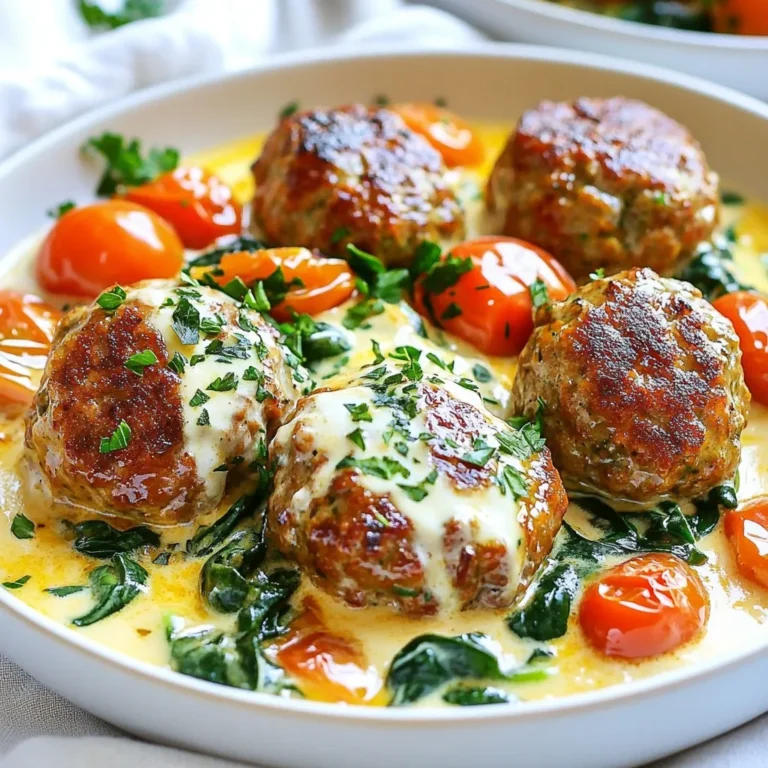 For this creamy Tuscan meatballs dish, you need: - 1 lb ground beef or turkey - 1/2 cup breadcrumbs (preferably Italian seasoned) - 1/4 cup grated Parmesan cheese - 1 egg - 2 cloves garlic, minced - 1 tablespoon Italian seasoning - Salt and pepper to taste - 2 tablespoons olive oil - 1 cup cherry tomatoes, halved - 1 cup fresh spinach - 1 cup heavy cream - 1/2 cup chicken broth - 1/2 teaspoon crushed red pepper flakes (optional) - Fresh parsley, chopped for garnish These ingredients come together to create a rich and flavorful dish. The meatballs are the star, made tender with ground meat and seasoned with Italian herbs. The sauce brings in creamy goodness with heavy cream and broth. You can play with this recipe by adding or changing some ingredients. Here are a few ideas: - Add mushrooms for extra flavor and texture. - Try using ground chicken or pork instead of beef or turkey. - Mix in other greens like kale or arugula. - For a tangy kick, add a splash of lemon juice. - Consider using vegan cream and meat substitutes for a plant-based option. These variations keep the dish exciting and allow you to tailor it to your taste. To make cooking smooth, gather these tools: - Large mixing bowl - Skillet or frying pan - Wooden spoon or spatula - Measuring cups and spoons - Meat thermometer (for checking doneness) - Serving dish for presentation Having the right tools makes the cooking process easier and more fun. Enjoy making this creamy Tuscan meatballs recipe! {{ingredient_image_1}} To start, grab a large mixing bowl. In this bowl, combine 1 pound of ground beef or turkey. Next, add 1/2 cup of Italian seasoned breadcrumbs and 1/4 cup of grated Parmesan cheese. Crack in 1 egg, then toss in 2 minced garlic cloves, 1 tablespoon of Italian seasoning, and a pinch of salt and pepper. Use your hands to mix it all together until it feels smooth and even. Shape this mixture into small meatballs, about 1 inch wide. Place them on a plate as you work. Now, it’s time to cook. Heat 2 tablespoons of olive oil in a large skillet over medium heat. Once the oil is warm, add the meatballs in batches. Cook each side for about 4-5 minutes until they turn a nice brown color. After that, remove the meatballs from the skillet and set them aside. This step is key because it gives them a delicious crust. In the same skillet, toss in 1 cup of halved cherry tomatoes. Sauté them for 3-4 minutes until they soften. Then, add 1 cup of fresh spinach and stir until it wilts, which takes about 2 minutes. Next, pour in 1 cup of heavy cream and 1/2 cup of chicken broth. Stir the mix well and bring it to a gentle simmer. Now, add the cooked meatballs back into the skillet. Let them simmer in the creamy sauce for about 10 minutes. If you like a bit of heat, sprinkle in 1/2 teaspoon of crushed red pepper flakes. Taste and adjust the salt and pepper as needed. Serve hot, and don’t forget to garnish with fresh chopped parsley! To make great meatballs, mix your ingredients well. Use your hands to combine ground beef or turkey, breadcrumbs, Parmesan cheese, egg, garlic, Italian seasoning, salt, and pepper. Shape them into balls about one inch wide. Cook them in batches to avoid overcrowding. Brown each side for about 4 to 5 minutes. This gives them a nice crust and keeps them juicy. For a creamy sauce, use heavy cream and chicken broth. Start with sautéing cherry tomatoes and fresh spinach in the same skillet. Then, pour in the heavy cream and chicken broth. Stir well and let it simmer. This helps the sauce thicken and get rich flavors. If it seems too thick, add a bit more broth or cream to get your desired texture. To elevate the flavor, don’t skip the Italian seasoning. It adds depth to the meatballs. Consider adding crushed red pepper flakes for a little heat. Taste your sauce before serving. Adjust the seasoning with salt and pepper. Fresh parsley on top gives a nice pop of flavor and color. Pro Tips Use Fresh Ingredients: Fresh spinach and ripe cherry tomatoes will enhance the flavor of your sauce significantly. Don’t Overcook the Meatballs: Aim for a golden brown exterior while keeping them juicy inside. They’ll finish cooking in the sauce. Adjust Creaminess: For a lighter sauce, reduce the amount of heavy cream or substitute with half-and-half. Garnish Wisely: Fresh parsley not only adds color but also a fresh flavor that complements the dish beautifully. {{image_2}} You can switch up the protein in this dish. Ground turkey or chicken works well. They give a lighter taste. If you want beef, use lean ground beef for less fat. You can even try pork for a different flavor. Each choice brings its own twist. For a vegetarian option, use plant-based ground meat. It mimics the taste and texture well. You can also use chickpeas or lentils as the base. This adds protein and fiber. If you want a vegan sauce, swap heavy cream for coconut milk. It adds a nice sweetness. You can still use spinach and tomatoes to keep it fresh. To make this dish gluten-free, use gluten-free breadcrumbs. They work just as well as regular ones. Check the labels on all ingredients. Some sauces or broths may contain gluten. You can also use zucchini noodles instead of pasta if you want a lower-carb option. This keeps the meal light and healthy. To keep your creamy Tuscan meatballs fresh, store them in an airtight container. Make sure they cool down before sealing. This keeps moisture out and preserves the flavor. You can store them in the fridge for up to three days. If you want to keep them longer, consider freezing. To freeze your meatballs, place them in a single layer on a baking sheet. Let them freeze for about two hours. After that, transfer them to a freezer-safe bag or container. Label the bag with the date. Frozen meatballs can last up to three months. When you're ready to eat, just thaw them in the fridge overnight. To reheat, you can use the stove or the microwave. If using the stove, place the meatballs in a skillet with a splash of chicken broth. Heat them over medium heat until warm. If using the microwave, cover the meatballs with a damp paper towel. Heat them in short bursts, checking often to avoid overcooking. This helps keep the sauce creamy and delicious. You can serve Creamy Tuscan Meatballs with many tasty sides. Here are some great options: - Pasta: Spaghetti or fettuccine works well. - Rice: Creamy meatballs pair nicely with white or brown rice. - Bread: Garlic bread or crusty rolls soak up the sauce well. - Salad: A fresh green salad adds a nice crunch. - Vegetables: Steamed broccoli or roasted veggies complement the dish. Each of these sides will enhance your meal and make it even more delicious! Yes, you can make Creamy Tuscan Meatballs ahead of time. Here’s how: 1. Prepare the meatballs and cook them as directed. 2. Let them cool completely. 3. Store them in an airtight container in the fridge for up to three days. 4. To reheat, warm them in the sauce on the stove or in the microwave. Making them ahead saves time on busy days. Just enjoy the same great flavor! You can easily spice up Creamy Tuscan Meatballs. Here are a few tips: - Crushed Red Pepper: Add more crushed red pepper flakes to your sauce. - Hot Sauce: Mix in some of your favorite hot sauce when cooking. - Spicy Italian Sausage: Use spicy sausage instead of ground beef or turkey. These options will give your dish a nice kick while keeping it creamy and tasty! This guide shows you how to make tasty Creamy Tuscan Meatballs. We covered key ingredients and helpful tools. Then, I shared steps for mixing, cooking, and making the sauce. You learned tips for perfect meatballs and a smooth sauce. We explored variations for different diets and storage tips for leftovers. In short, these meatballs are easy and fun to make! Enjoy this dish any time you want something delicious.