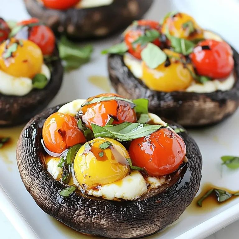 - 4 large portobello mushrooms, stems removed - 1 cup cherry tomatoes, halved - 1 cup fresh mozzarella balls, halved - 1/2 cup fresh basil leaves, chopped - 2 tablespoons balsamic vinegar - 2 tablespoons olive oil - 2 cloves garlic, minced - Salt and pepper to taste - 1/4 teaspoon red pepper flakes (optional) Gather these ingredients before you start cooking. The portobello mushrooms serve as a great base. Their large caps hold all the tasty fillings well. Cherry tomatoes add a sweet burst, while mozzarella gives a creamy texture. Fresh basil brings a bright flavor. Balsamic vinegar adds a tangy note, and olive oil helps everything blend. Garlic adds depth, and salt and pepper balance the dish. If you like a little heat, add red pepper flakes. With these ingredients on hand, you’re ready to create a savory delight! {{ingredient_image_1}} - Preheat the oven to 375°F (190°C). - Clean the portobello mushrooms with a damp cloth and remove the stems. I love starting with fresh ingredients. Cleaning the mushrooms is simple. Just wipe them gently to remove dirt. Then, take out the stems, so the caps can hold the filling. - Combine cherry tomatoes, mozzarella, basil, balsamic vinegar, olive oil, garlic, salt, pepper, and optional red pepper flakes. In a bowl, mix the cherry tomatoes, mozzarella, and chopped basil together. Add balsamic vinegar and olive oil for a nice tang. Then, toss in minced garlic, salt, and pepper. If you like spice, add some red pepper flakes. This mixture brings the Caprese flavor to life. - Spoon the Caprese mixture into each mushroom cap and drizzle with olive oil. Spoon the filling into each mushroom cap. Pack it gently but fully. This ensures every bite is tasty. Drizzle a bit of olive oil on top to add flavor. It also helps the mushrooms cook well. - Bake for 20 minutes until mushrooms are tender and cheese is bubbly. Place the stuffed mushrooms in the oven for 20 minutes. Watch as they puff up and the cheese melts. You want the mushrooms to be tender and the cheese to bubble. This step makes the dish warm and inviting. Enjoy the aroma as they bake! To make your Caprese stuffed portobello mushrooms shine, focus on presentation. Use a nice plate or a wooden board. Place the mushrooms in a circle, leaving space for garnishes. Add fresh basil leaves around the dish for color. Drizzle balsamic reduction on the plate for a tasty touch. It makes the dish look gourmet and inviting. When choosing mushrooms, look for large portobellos with smooth caps. They should be firm and free of blemishes. Fresh ingredients matter too. Use ripe cherry tomatoes and creamy mozzarella. For a twist, try burrata or even a vegan cheese. If you’re out of cherry tomatoes, regular tomatoes work well too. Just chop them small. Bake your mushrooms for just the right time. Twenty minutes at 375°F (190°C) gives you tender mushrooms. You want them soft but not mushy. To avoid soggy mushrooms, make sure you clean them well. Don’t soak them in water; use a damp cloth. This keeps them from getting too wet during cooking. Pro Tips Choose the Right Mushrooms: Opt for large, firm portobello mushrooms to ensure they hold their shape and provide a hearty base for stuffing. Fresh Ingredients Matter: Use fresh mozzarella and basil for the best flavor. This dish relies on the quality of its ingredients to shine. Don’t Overstuff: While it’s tempting to pack in the filling, overstuffing can cause the mushrooms to collapse during baking. Fill them generously but leave a little room. Let Them Rest: Allow the stuffed mushrooms to cool for a few minutes after baking. This will help the flavors meld and make them easier to serve. {{image_2}} You can change the filling to fit your taste. Adding spinach gives a nice twist. You can also mix in other veggies like bell peppers or zucchini. For cheese, try feta or goat cheese. Both add rich flavors and work well with the tomatoes and basil. To boost flavor, add herbs like oregano or thyme. These herbs pair well with the Caprese mix. You can also use flavored balsamic vinegar for a unique touch. This adds depth and makes your dish stand out. You can grill or bake the mushrooms. Grilling gives a smoky flavor, while baking keeps them tender. Both methods work great! Serve them as an appetizer or a main dish. They look beautiful on a plate and taste amazing, no matter how you serve them. To store leftover stuffed mushrooms, let them cool first. Place them in an airtight container. They stay fresh for up to three days in the fridge. If you want to keep them longer, consider freezing. For the best taste, reheat mushrooms in the oven. Preheat the oven to 350°F (175°C). Place the mushrooms on a baking sheet. Heat for about 10-15 minutes or until warmed through. This keeps the texture and flavor. You can also microwave them, but they may get soggy. Yes, you can freeze stuffed mushrooms. First, let them cool completely. Place them in a single layer on a baking sheet. Freeze until firm, then transfer to a freezer bag. They can last up to three months. When ready to eat, thaw overnight in the fridge. Reheat in the oven as noted above for the best results. The best mushrooms for stuffing are portobello. They are large and have a nice shape. Their caps hold fillings well. Shiitake and cremini mushrooms also work, but they are smaller. Portobello mushrooms have a deep flavor that pairs well with many ingredients. They create a great base for your dish. Yes, you can prepare these mushrooms ahead of time. You can stuff them and store them in the fridge. Just cover them well to keep them fresh. Bake them just before serving. This makes them easy for parties or family dinners. You know the mushrooms are fully cooked when they are tender. The cheese should be bubbly and slightly golden. The mushrooms should not be soggy. You can poke them gently with a fork to check their softness. This ensures they are ready to eat. Absolutely! Caprese Stuffed Portobello Mushrooms are perfect for vegetarians. They contain no meat and are full of fresh veggies and cheese. You can enjoy them as a main dish or a side. They are nutritious and delicious for anyone. You can serve these mushrooms with a fresh salad or crusty bread. A light pasta dish also pairs well. Adding a glass of white wine enhances the flavors. For a complete meal, consider roasted veggies or a grain like quinoa. These sides will balance the rich flavors of the mushrooms. You learned how to make tasty Caprese Stuffed Portobello Mushrooms. We covered the ingredients, step-by-step instructions, and tips for success. Remember, you can switch ingredients or try different cooking methods to suit your taste. These stuffed mushrooms are not just a dish; they’re a creative meal choice. Enjoy every bite and share them with friends at your next gathering. Cooking can be fun and rewarding when you try new flavors and ideas.
