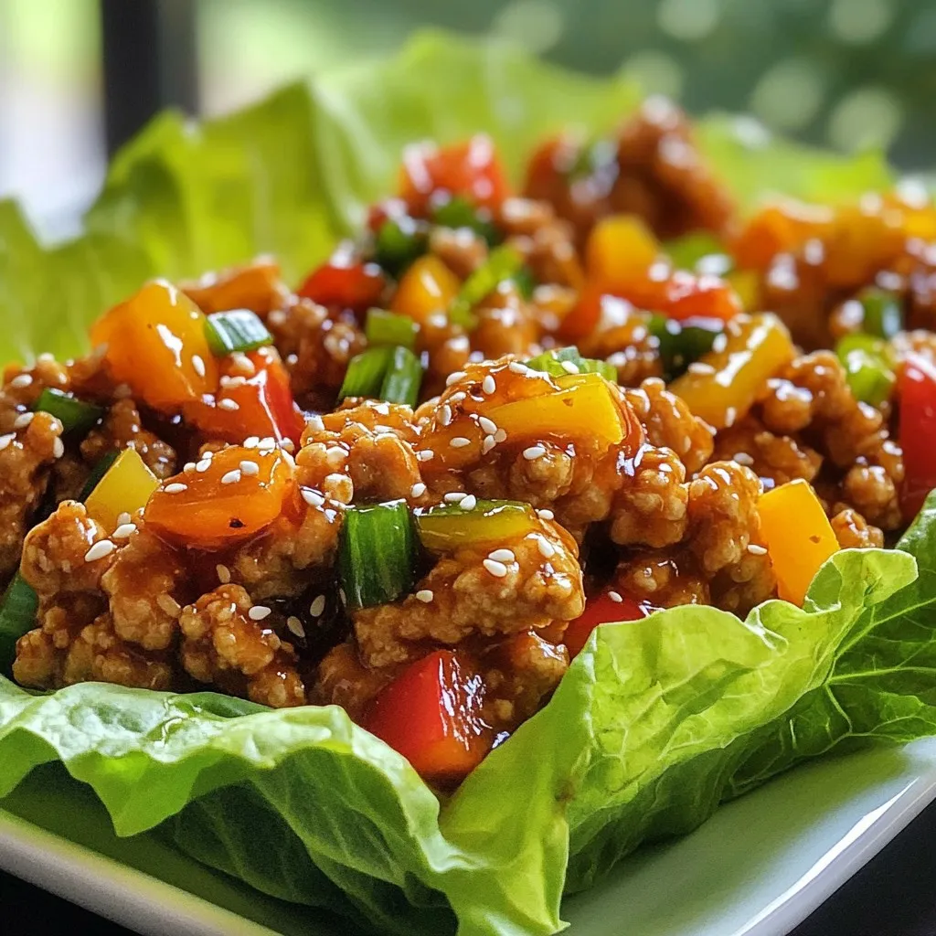 - Ground chicken - Olive oil - Garlic and ginger - Sriracha sauce - Honey - Soy sauce - Rice vinegar - Bell peppers - Green onions - Lettuce for wraps The main ingredients in Sriracha honey chicken lettuce wraps create a tasty mix. Ground chicken brings protein, while olive oil adds flavor. Garlic and ginger give a nice aroma. The Sriracha sauce adds heat, and honey balances it with sweetness. Soy sauce gives depth, and rice vinegar adds a tangy kick. Bell peppers add crunch, and green onions bring freshness. Finally, lettuce wraps hold all these flavors nicely. - Sesame seeds for garnish - Additional spices or toppings You can use sesame seeds to add a little crunch and look nice. Other spices or toppings can boost flavor too. Feel free to experiment with what you have at home! - Gluten-free options - Vegetarian alternatives If you need gluten-free, use tamari instead of soy sauce. For a vegetarian option, try crumbled tofu or tempeh as a substitute for ground chicken. Both options work well and keep the recipe delicious. {{ingredient_image_1}} Heat one tablespoon of olive oil in a large skillet over medium heat. Add three minced garlic cloves and one inch of grated ginger. Sauté these for about one minute until they smell great. Next, add one pound of ground chicken to the skillet. Use a spatula to break the chicken apart. Cook it until it turns brown and is fully cooked, which takes about five to seven minutes. In a small bowl, mix three tablespoons of Sriracha sauce, two tablespoons of honey, two tablespoons of soy sauce, and one tablespoon of rice vinegar. Whisk these ingredients together until well combined. Pour this sauce over the cooked chicken in the skillet. Stir well to make sure the chicken gets coated. Let it simmer for two to three minutes to allow the flavors to blend. Now, add one cup of finely chopped bell peppers to the skillet. Cook for an additional two to three minutes until the peppers soften a little. Season the mix with salt and pepper to your liking. Remove the skillet from heat and stir in a quarter cup of sliced green onions. To serve, place a good amount of the chicken mixture into each lettuce leaf and fold it like a wrap. Enjoy your tasty dish! To make your Sriracha honey chicken taste amazing, balance the sweetness and spice. The honey adds a nice touch of sweetness, while the Sriracha brings the heat. You can adjust these to suit your taste. If you want it sweeter, add more honey. If you prefer it spicier, add more Sriracha. Cooking time is key for the best texture. You want to brown the ground chicken well. This usually takes about 5 to 7 minutes. Make sure to break the chicken apart as it cooks. This will help it cook evenly and get a nice texture. When serving, arrange the lettuce wraps on a platter. This makes a great display for your guests. You can also sprinkle sesame seeds on top for a nice look. This adds a bit of crunch and makes the wraps more inviting. If you have any chicken mixture left, store it in an airtight container. It will stay fresh in the fridge for up to three days. Just make sure it cools before sealing. For reheating, use a skillet over medium heat. This helps keep the texture nice. Stir it often to heat it evenly. You can also add a splash of water if it seems dry. Enjoy your wraps again with fresh lettuce! Pro Tips Use Fresh Ingredients: Fresh garlic and ginger can enhance the flavor profile of your dish, making it more aromatic and appealing. Adjust Spice Level: If you prefer a milder taste, reduce the amount of Sriracha. You can always add more later for extra heat! Make Ahead: Prepare the chicken mixture in advance and store it in the refrigerator. This will save you time during busy weeknights. Garnish Creatively: Besides sesame seeds, consider adding chopped cilantro or crushed peanuts for added texture and flavor. {{image_2}} You can switch out ground chicken for turkey or even tofu. Both options work well. Turkey gives a leaner taste, while tofu adds a nice plant-based twist. For sauces, try different flavors like teriyaki or sweet chili. These changes keep your dish fresh and exciting. These wraps pair well with sides like rice or noodles. You can serve jasmine rice for a fragrant touch. Noodles add a nice texture to your meal. If you want to meal prep, make a big batch of the chicken mixture. Store it in the fridge for quick lunches or dinners. Just add fresh lettuce leaves when ready to eat. You can change the heat by adding more Sriracha or using less. If you like it mild, start with a small amount. You can also add different vegetables. Try mushrooms, carrots, or cucumbers for crunch. Mixing in these veggies will enhance flavor and nutrition. Each serving of Sriracha Honey Chicken Lettuce Wraps has key nutritional values. One serving is about one large lettuce wrap filled with chicken mixture. Here’s what you get: - Calories: 300 - Protein: 25g - Carbohydrates: 15g - Fat: 15g - Fiber: 2g - Sugar: 6g This information helps you track your intake while enjoying a tasty meal. The caloric content of Sriracha Honey Chicken Lettuce Wraps comes from several ingredients. The ground chicken provides most of the protein and calories. Honey adds sweetness and some calories. Olive oil contributes healthy fats. Overall, this dish balances flavor and nutrition without too many calories. The main ingredients in Sriracha Honey Chicken Lettuce Wraps offer many health benefits: - Ground chicken: A lean protein that helps build and repair muscles. - Bell peppers: Packed with vitamins A and C, plus fiber. - Garlic and ginger: Known for their anti-inflammatory and immune-boosting properties. - Lettuce: Low in calories and high in water, helping you stay hydrated. These ingredients make the dish not only delicious but also nutritious. Enjoy your wraps knowing they support a healthy lifestyle. You can swap ground chicken for tofu or tempeh. Use 1 pound of firm tofu. Crumble it before cooking to mimic the chicken texture. You can also use lentils for a hearty option. Cook them until tender, then mix with the sauce. Both options absorb flavors well. Yes, you can make the filling ahead of time. Store it in an airtight container in the fridge for up to three days. When ready to eat, reheat it in a skillet over low heat. Stir until warm. This keeps the flavors fresh and tasty. Many sides pair well with these wraps. You can serve rice or quinoa for a filling meal. A simple salad or steamed veggies adds color and nutrition. For extra crunch, try crispy wontons or rice crackers. These make great complements to the wraps. This blog post covered Sriracha Honey Chicken Lettuce Wraps, highlighting key ingredients and cooking steps. We explored how to balance spice and sweetness while offering tips to enhance flavor and presentation. You learned about gluten-free and vegetarian substitutions, plus how to store leftovers for later. Remember, flexibility in ingredients lets you customize this dish to your taste. Enjoy creating these wraps, and share them with your friends and family!