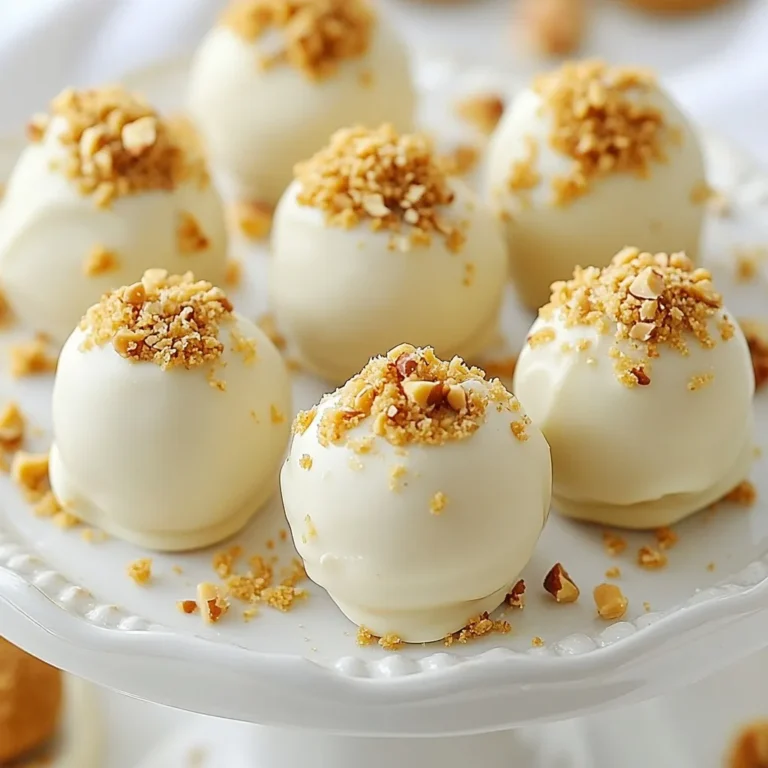 - 1 cup Biscoff cookie butter - 1 cup crushed Biscoff cookies (plus extra for rolling) - 1 cup white chocolate chips - 1 tablespoon coconut oil - A pinch of sea salt The main star of this recipe is the Biscoff cookie butter. It has a rich, sweet flavor that makes these truffles special. The crushed Biscoff cookies add a crunchy texture and deep taste. White chocolate chips provide a creamy coating that perfectly balances the flavors. Coconut oil helps the chocolate melt smoothly and adds a hint of tropical taste. A pinch of sea salt enhances all the sweet notes. - Chopped nuts (hazelnuts or almonds) - Additional toppings (e.g., extra crushed Biscoff cookies) If you want to add a bit more crunch, toss in some chopped nuts like hazelnuts or almonds. They bring a nice contrast to the soft truffles. Extra crushed Biscoff cookies work well as toppings too. They give a fun look and extra flavor. You can mix and match these add-ins to make your truffles unique and fun! {{ingredient_image_1}} Start by mixing the Biscoff cookie butter and crushed Biscoff cookies in a bowl. Use a spatula or spoon to combine them well. You want a firm dough that holds together easily. Once mixed, cover the bowl with plastic wrap and chill it in the fridge for about 30 minutes. This step is key. Chilling makes the mixture easier to shape into truffles later. After chilling, take the mixture out of the fridge. Use your hands to scoop small amounts of the mixture. Aim for about 1 inch in diameter for each ball. Roll the mixture in your palms until smooth. Place each ball on a baking sheet lined with parchment paper. This keeps them from sticking. Next, grab a microwave-safe bowl. Add the white chocolate chips and coconut oil to it. Microwave in 30-second bursts. Stir between each burst until smooth. This keeps the chocolate from burning. Once melted, dip each truffle into the chocolate. Let the excess chocolate drip off. You can roll the truffles in extra crushed Biscoff cookies or chopped nuts for a fun finish. After coating, place the truffles back on the parchment paper. Let them set at room temperature for about 15-20 minutes until hard. If you want to add a drizzle of white chocolate, melt some more and use a fork to create patterns on top. This adds a nice touch and makes the truffles look extra special. Chilling the dough is key for smooth truffles. When you chill the mixture for about 30 minutes, it firms up. This makes rolling easier and helps the truffles hold their shape. If you skip this step, your truffles may turn out too soft and hard to manage. The coating chocolate needs to be just right. When melting the white chocolate, mix in some coconut oil. This helps the chocolate stay smooth and shiny. If it gets too thick, it will not coat the truffles well. Aim for a nice, even coating that hugs each truffle. If your mixture feels dry or crumbly, add a bit more Biscoff cookie butter. Start with one tablespoon at a time until the texture improves. You want the mixture to hold together without falling apart. Sometimes, the chocolate hardens too quickly when coating the truffles. To fix this, melt the chocolate in smaller batches. Dip a few truffles, then reheat the chocolate briefly. This keeps it smooth and easy to work with. Arranging truffles can be fun and creative. Use a nice plate to show off your treats. You can stack them in groups or place them in small paper cups for a cute touch. For serving, consider pairing them with coffee or tea. The rich flavors of Biscoff and white chocolate go great with warm drinks. You can also add a simple garnish, like a sprinkle of crushed cookies, on top of each truffle for extra flair. Pro Tips Chill for Easier Rolling: Ensure the cookie mixture is chilled for at least 30 minutes to make rolling into truffles easier and less sticky. Quality Chocolate Matters: Use high-quality white chocolate for melting to achieve a smoother and creamier coating on the truffles. Customize Your Coating: Feel free to experiment with different toppings, such as crushed nuts, sprinkles, or even a drizzle of dark chocolate for added flavor. Store Properly: Keep the truffles in an airtight container in the refrigerator to maintain their shape and freshness for up to a week. {{image_2}} You can change the taste of your Biscoff cookie butter truffles easily. One fun idea is to use dark chocolate instead of white chocolate. Dark chocolate adds a rich taste that pairs well with the sweet cookie butter. If you want to get creative, try adding a few drops of flavor extracts like vanilla or almond. This small change can give your truffles a unique twist. For those with dietary needs, I have options. To make these truffles gluten-free, simply use gluten-free Biscoff cookies. This keeps the deliciousness while meeting gluten-free diets. If you need a vegan version, substitute white chocolate with vegan chocolate chips. You can also swap regular butter for a plant-based butter. These adjustments keep the truffles tasty and suitable for more diets. Toppings can make your truffles stand out. You might try rolling them in crushed nuts like hazelnuts or almonds for added crunch. Another idea is to mix in different cookie types. For example, you can use chocolate cookies or even graham crackers for a fun flavor blend. Feel free to experiment with various toppings to make each batch unique and exciting! To keep your Biscoff cookie butter truffles fresh, store them in the fridge. They taste best cold and stay firm. If you plan to eat them within a week, you can keep them at room temperature. Just make sure they are in a cool, dry place. - Refrigeration: Store in an airtight container. This keeps moisture away and helps the truffles last longer. - Room Temperature: Use a sealed container, away from heat. Check for any signs of melting chocolate. To maintain freshness, avoid stacking the truffles. This prevents them from sticking together. If you want to add a nice touch, place a piece of parchment paper between layers. Freezing your truffles is a great option if you want to save some for later. Make sure to pack them properly before freezing. - Proper Packing: Place the truffles in a single layer in an airtight container. You can also wrap each truffle in plastic wrap before putting them in the container. This protects them from freezer burn. - Thawing Tips: When you are ready to enjoy them, take the truffles out of the freezer. Let them sit in the fridge for several hours or overnight. This keeps their taste and texture nice. Avoid thawing them at room temperature to prevent melting. Shelf life at room temperature: Biscoff cookie butter truffles can last for about 2 days at room temperature. Keep them in a cool, dry place. Refrigerated shelf life: If you store them in the fridge, they can last up to 1 week. This helps the chocolate stay firm and fresh. Yes, you can use other types of cookie butter. Brands like Trader Joe's or Speculoos offer great flavors. You can also try flavors like gingerbread or chocolate cookie butter for a twist. To make these truffles nut-free, simply skip the nuts in the recipe. Use crushed Biscoff cookies for rolling instead. Check that any cookie butter you use is nut-free. Always read labels to avoid allergens. Biscoff Cookie Butter Truffles are easy and fun to make. We explored key ingredients, like Biscoff cookie butter and white chocolate, guiding you step-by-step from mixing to coating. I shared tips to achieve the best texture and troubleshoot common problems. Remember, you can customize these truffles with fun flavors and toppings. Store them properly for the best taste. Enjoy making these sweet treats! They’re sure to impress anyone who tries them.