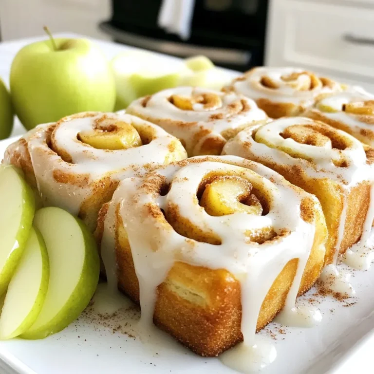 To make the best apple cinnamon rolls, you need simple and fresh ingredients. Here’s what you will need: - 2 cups all-purpose flour - 1/2 cup granulated sugar - 1/2 teaspoon salt - 1 tablespoon baking powder - 1/2 teaspoon baking soda - 1/4 cup unsalted butter, softened - 3/4 cup buttermilk - 1 cup apples, peeled and chopped (preferably Granny Smith) - 2 teaspoons ground cinnamon - 1/4 teaspoon nutmeg - 1/4 cup brown sugar - 1 cup powdered sugar (for glaze) - 2 tablespoons milk (for glaze) Each ingredient plays a key role in making your rolls soft and fluffy. The flour provides structure, while sugar adds sweetness. Salt enhances all the flavors. Baking powder and baking soda give the rolls lift. Butter and buttermilk make them rich and moist. Apples bring natural sweetness and a nice texture, while cinnamon and nutmeg offer warmth. The glaze adds a sweet finish. {{ingredient_image_1}} 1. Preheat your oven to 375°F (190°C). Grease a 9-inch round baking pan. This helps prevent sticking. 2. In a large bowl, mix the dry ingredients. Combine 2 cups of flour, 1/2 cup of sugar, 1/2 teaspoon of salt, 1 tablespoon of baking powder, and 1/2 teaspoon of baking soda. Whisk until blended. 3. Add the wet ingredients to the bowl. Include 1/4 cup of softened butter and 3/4 cup of buttermilk. Mix until a soft dough forms. 4. Knead the dough on a floured surface for about 1 minute. You want it smooth and soft. 1. Roll the dough into a rectangle. Aim for about 12x8 inches and 1/4 inch thick. This shape helps with even filling. 2. Prepare the apple and spice filling in a small bowl. Mix 1/4 cup of brown sugar, 2 teaspoons of cinnamon, and 1/4 teaspoon of nutmeg. Sprinkle this mix evenly over the rolled-out dough. 3. Spread the chopped apples across the dough. Use 1 cup of peeled and chopped apples for the best flavor. 4. Starting from the longer side, carefully roll the dough into a tight log. Slice it into 1-inch pieces, creating perfect rolls. 1. Place the rolls upright in the prepared baking pan. This helps them rise nicely. 2. Cover the rolls and let them rise for 30 minutes. This step is key for soft and fluffy rolls. 3. Bake in the preheated oven for 20-25 minutes. Check for a golden brown color. This indicates they are ready. Kneading is key to soft, fluffy rolls. It helps develop gluten. This gives the dough strength and structure. Knead the dough for about one minute. It should feel smooth and elastic. To check if it's ready, poke it with your finger. If it springs back, it’s good to go. If it stays dented, knead a bit more. Choosing the right apple makes a big difference. I love using Granny Smith apples. They add a nice tartness. You can also try Fuji or Honeycrisp for sweetness. For extra texture, add nuts like walnuts or pecans. Raisins or dried cranberries can also bring more flavor. Mix your choices to create a delicious filling. A smooth glaze makes your rolls shine. Mix powdered sugar with milk until smooth. If it’s too thick, add a splash more milk. The best time to apply the glaze is when the rolls are warm. This helps the glaze soak in and create a delicious finish. Pro Tips Use Fresh Apples: For the best flavor and texture, opt for tart, crisp apples like Granny Smith, which hold their shape well during baking. Don’t Overmix the Dough: Mix just until the ingredients come together. Overworking the dough can lead to tough rolls, so knead gently. Adjust Glaze Consistency: If the glaze is too thick, add a little more milk until you achieve a drizzle-able consistency, perfect for coating the rolls. Let Them Rise: Allow the rolls to rise in a warm place. This helps them become fluffy and light, enhancing the overall texture. {{image_2}} You can change the taste of your apple cinnamon rolls in fun ways. Here are two great ideas: - Caramel apple cinnamon rolls: Add caramel sauce to your filling. Mix it with the apples for a sweet surprise. - Maple pecan apple cinnamon rolls: Swap brown sugar with maple syrup. Add chopped pecans for a crunchy twist. These additions make each bite special and unique. If you need to change the recipe for diets, you have options. - Gluten-free version: Use a gluten-free flour mix. Make sure it has a binding agent like xanthan gum for the best texture. - Vegan options: Substitute butter with coconut oil. Use almond or soy milk instead of buttermilk. This keeps the rolls tasty and friendly for all. You can enjoy these rolls no matter your diet! Changing up flavors with the seasons makes these rolls even better. - Incorporating seasonal spices: Try adding pumpkin spice in fall. In winter, nutmeg and ginger give warmth. - Holiday-themed variations: For Christmas, mix in dried cranberries. Easter can have a hint of lemon zest for freshness. These fun ideas keep your apple cinnamon rolls exciting all year round! To keep your apple cinnamon rolls fresh, store them in an airtight container. This helps lock in moisture and flavor. You can keep them at room temperature for up to two days. If you want to save them longer, consider refrigerating them. Just make sure to seal them well. For long-term storage, you can freeze apple cinnamon rolls. First, let them cool completely. Then, wrap each roll tightly in plastic wrap. Place them in a freezer bag, removing as much air as you can. They can last up to three months in the freezer. When you're ready to enjoy them, reheat the rolls from frozen. You can thaw them overnight in the fridge. Then, warm them in the oven at 350°F (175°C) for about 10 minutes. This restores their soft, fluffy texture. Apple cinnamon rolls last about two days at room temperature. If stored in the fridge, they can last up to a week. However, freezing them is best for longer storage. They stay fresh for up to three months in the freezer. Always check for any signs of spoilage before enjoying them again. Can I make apple cinnamon rolls ahead of time? Yes, you can prepare the dough a day early. After you knead it, wrap it tightly and place it in the fridge overnight. In the morning, let it warm up before rolling it out. This saves time and gives you soft rolls. What type of apples are best for this recipe? Granny Smith apples work best. They are tart and hold their shape well when baked. You can also use Honeycrisp or Fuji for a sweeter touch. Can I use pre-made dough for these rolls? Absolutely! Pre-made dough can save you time. Just roll it out, add the filling, and follow the rest of the steps. This makes your baking much easier. What to do if the rolls don’t rise? Check your yeast or baking powder. They must be fresh. If your kitchen is cold, let the rolls rise in a warm spot. You can place them in the oven with just the light on to help them rise. Why are my rolls dry or crumbly? Too much flour can cause dryness. Make sure to measure accurately. Adding more buttermilk can help create a softer dough. You want it moist but not sticky. How can I make my rolls softer? Knead your dough properly and avoid overbaking. Use room temperature butter and buttermilk for better texture. You can also add an extra egg for richness. You learned how to make delicious apple cinnamon rolls step by step. We covered all the ingredients, preparation, baking, and ways to enhance flavors. With tips for perfect dough and storage, you can enjoy these treats anytime. Whether you want to try new flavors or make dietary changes, there are options for you. Remember to have fun and experiment in the kitchen. Enjoy your fresh apple cinnamon rolls!