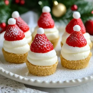 - 1 cup cream cheese, softened - 1/4 cup granulated sugar - 1 teaspoon vanilla extract - 1 cup whipped cream - 1 box of mini graham cracker crusts (about 6-8) - 6-8 strawberries with their green tops - Red frosting - A pinch of powdered sugar To create these Santa hat cheesecake bites, start with the cream cheese. It gives a rich, creamy base. The sugar adds sweetness, while the vanilla extract brings warmth. The whipped cream makes the filling light and fluffy. Mini graham cracker crusts hold the cheesecake and add crunch. Fresh strawberries act as the Santa hats, giving a festive look. Finally, the red frosting and powdered sugar add the perfect finishing touches. - Mixing bowl - Electric mixer or whisk - Spoon or spatula - Chilling tray or plate - Refrigerator You will need a mixing bowl for blending all the ingredients. An electric mixer or a good whisk helps you beat the cream cheese smoothly. A spoon or spatula works well for folding in the whipped cream. You will also want a tray or a plate to chill your cheesecake bites in the fridge. This step is key for the flavors to blend. - Fresh mint leaves - Edible gold stars For extra flair, consider adding fresh mint leaves to your platter. They add a pop of color and freshness. Edible gold stars can make your treats look even more festive. These garnishes elevate the presentation and make the bites even more fun. {{ingredient_image_1}} To start, grab a mixing bowl. You’ll need cream cheese, granulated sugar, and vanilla extract. Beat these together until the mix is smooth and creamy. This step is crucial for the perfect texture. Next, gently fold in the whipped cream. This makes your cheesecake light and airy. Be careful not to deflate the whipped cream. You want it fluffy! Now, take your mini graham cracker crusts. Carefully spoon the cheesecake filling into each crust. Fill them almost to the top, leaving a little space. This makes for a nice presentation. Next, wash your strawberries and pat them dry. If they have tall tops, trim them so they fit well. Place one strawberry on each cheesecake bite, pointed side up. This creates the look of a Santa hat. Now it’s time for decoration! Use red frosting to pipe a small circle of 'fur' at the base of each strawberry. This adds a fun touch. Then, dust a pinch of powdered sugar on top of the strawberries. It looks like fresh snow! Finally, chill the cheesecake bites in the fridge for at least 30 minutes. This helps the flavors meld and the cheesecake to set. Enjoy this festive treat! To get a smooth cheesecake texture, start with softened cream cheese. It mixes better and blends easily with sugar and vanilla. Beat the cream cheese until creamy, then gently fold in whipped cream. This keeps the mixture light and fluffy. If you overmix, the cheesecake can become dense. Chill the bites properly to let them set and firm up. A few common mistakes can ruin your cheesecake bites. First, do not skip softening the cream cheese. Cold cream cheese clumps and does not mix well. Second, avoid overfilling the mini graham cracker crusts. Leave a little space at the top for the strawberries. Lastly, check the strawberries for size. If they are too tall, trim the tops to fit properly. Decorating your Santa Hat Cheesecake Bites makes them pop! Use red frosting to pipe a circle around each strawberry base. It looks like Santa's hat. For added flair, dust powdered sugar for a snowy effect. You can also arrange the bites on a festive platter with mint leaves or edible gold stars. This adds color and makes them look even more special. Pro Tips Use Room Temperature Ingredients: Make sure your cream cheese is softened to room temperature for a smoother mixture and easier blending. Choose Fresh Strawberries: Opt for firm, ripe strawberries with green tops to enhance the festive look of your cheesecake bites. Pipe Frosting Neatly: For a clean and decorative finish, use a piping bag with a small round tip to create the 'fur' around the strawberries. Chill Before Serving: Allow the cheesecake bites to chill for at least 30 minutes to set the filling and enhance the flavors before serving. {{image_2}} You can change the flavor of the cheesecake filling easily. Try adding a splash of lemon juice for a zesty twist. You can also mix in melted chocolate for a rich taste. If you love fruit, add pureed berries for a fruity flavor. Each variation gives a new take on the classic cheesecake bite. For a twist on the Santa hat, try using raspberries instead of strawberries. They will still look great and taste fantastic. You can also use mini marshmallows at the base of the strawberry for a fluffy touch. If you want a more colorful look, use colored frosting to decorate the hats. The options are endless! These cheesecake bites are fun for many events. For a holiday party, serve them on a festive tray with twinkling lights. If you have a children’s party, add sprinkles on top for extra fun. You can also make mini versions for a cute dessert at a wedding. Adjust the presentation to fit any occasion you have in mind! You can store leftover Santa Hat Cheesecake Bites in the fridge. Place them in an airtight container. This keeps them fresh and tasty for up to three days. Be sure to keep them chilled to maintain their creamy texture. If you see any strawberries start to wilt, it’s best to eat those first. Freezing these treats is simple. First, place the cheesecake bites on a baking sheet. Make sure they do not touch each other. Freeze them for about an hour. Once frozen, transfer them to a freezer-safe bag. They can stay in the freezer for up to a month. When you want to eat them, thaw them in the fridge overnight. When serving cheesecake bites after storage, let them sit at room temperature for about 10 minutes. This enhances their flavor and texture. If you froze them, be sure to thaw them completely. Garnish with a fresh dusting of powdered sugar for that festive touch before serving. Enjoy your delightful bites! Yes, you can make Santa Hat Cheesecake Bites in advance. Prepare them a day ahead and chill in the fridge. The flavors blend well overnight. Just add the red frosting and powdered sugar just before serving to keep them fresh and pretty. If you need a substitute for strawberries, try using raspberries. They are bright and tasty. You can also use cherries or mini marshmallows. Just ensure the toppings look like Santa hats. This way, you keep the fun and festive look. Yes, there are several dietary substitutions you can use. For a dairy-free option, swap cream cheese with a dairy-free alternative. Use coconut cream instead of whipped cream for a lighter taste. You can also use honey or maple syrup in place of granulated sugar. Check your crust for gluten-free options if needed. Santa Hat Cheesecake Bites are fun and easy to make. We covered the main ingredients, essential tools, and tasty garnishes. You now know how to prepare, assemble, and chill these festive treats. My tips will help you avoid mistakes and achieve the best texture. Remember, you can explore flavor variations and creative toppings. Store leftovers wisely or freeze them for later. You can even prepare them in advance. Enjoy making these bites at your next celebration!
