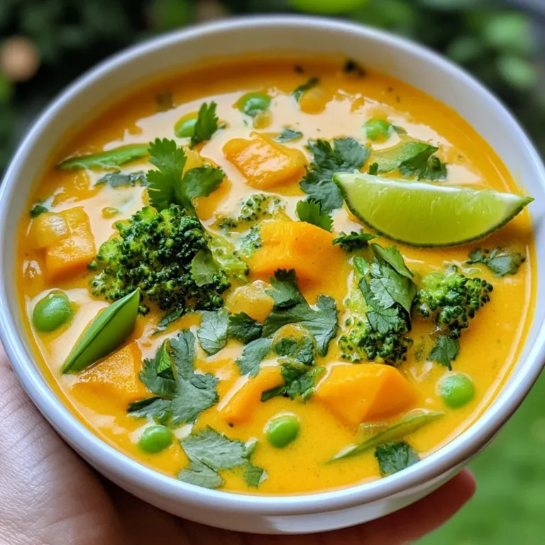 To make this soup, gather these must-have items: - 1 tablespoon coconut oil - 1 onion, finely chopped - 3 cloves garlic, minced - 1 tablespoon ginger, minced - 2 tablespoons red curry paste - 1 can (400ml) coconut milk - 4 cups vegetable broth - 1 tablespoon soy sauce (or tamari for gluten-free) - 1 tablespoon lime juice - 1 medium sweet potato, diced - 1 cup broccoli florets - 1 cup snap peas - 1 red bell pepper, sliced - Fresh cilantro, for garnish - Lime wedges, for serving - Salt and pepper, to taste These ingredients create a rich and creamy base, full of flavor. The coconut milk adds a nice sweetness that pairs well with the spicy red curry paste. You can add these items for an extra kick: - 1 tablespoon of peanut butter for creaminess - 1 can of chickpeas for protein - Fresh basil or mint for a fresh note - Sliced chili for heat Adding these ingredients can take your soup to the next level. They offer new textures and flavors that enhance the dish. If you’re missing something, try these swaps: - Use olive oil instead of coconut oil. - Swap sweet potato for regular potato or carrots. - Use any broth you have on hand. - Replace red bell pepper with yellow or green peppers. These substitutions work well and keep the soup tasty and enjoyable. They also help use what you already have in your kitchen. {{ingredient_image_1}} Before you start, gather your ingredients. You need coconut oil, onion, garlic, and ginger. Get your red curry paste, coconut milk, and vegetable broth ready too. Don’t forget the sweet potato, broccoli, snap peas, and red bell pepper. Have your lime juice, soy sauce, cilantro, and lime wedges nearby. This makes cooking smooth and fun. 1. Start by heating the coconut oil in a large pot on medium heat. 2. Add the chopped onion and cook for about 5 minutes. Wait until it turns translucent. 3. Next, stir in the minced garlic and ginger. Cook this for one minute. The smell will be great! 4. Now, add the red curry paste. Mix it well with the onion, garlic, and ginger. 5. Pour in the coconut milk and vegetable broth. Stir it all together and bring it to a gentle boil. 6. Once it starts boiling, add the diced sweet potato. Lower the heat and let it simmer for about 10 minutes. This will make the sweet potato tender. 7. Add the broccoli, snap peas, and red bell pepper to the pot. Cook for another 5 minutes until they are bright and tender-crisp. 8. Stir in the soy sauce and lime juice. Add salt and pepper to taste. 9. Remove the pot from heat and let it sit for a few minutes. This helps the flavors blend well. To get the best texture, make sure to chop your vegetables evenly. This helps them cook at the same rate. When adding the sweet potato, check it for tenderness after 10 minutes. If it’s not soft yet, give it a few more minutes. For the broccoli and snap peas, cook them just until they are bright. This keeps them crunchy and colorful. To make your Vegan Thai Coconut Curry Soup shine, focus on fresh herbs. Add fresh cilantro just before serving. A squeeze of lime brightens the dish. You can also try using more red curry paste if you like heat. One common mistake is overcooking the vegetables. Broccoli and snap peas should stay bright and crisp. Another mistake is not letting the soup sit after cooking. This waiting time helps the flavors blend well. Lastly, use good quality coconut milk. It makes a big difference in taste. Serve the soup in deep bowls for a cozy feel. Add fresh cilantro on top for a pop of color. A wedge of lime on the side gives a nice touch. You can also pair it with rice or crusty bread for a fulfilling meal. Pro Tips Use Fresh Ingredients: Fresh vegetables not only enhance the flavor but also add vibrant colors to your soup, making it more visually appealing. Adjust the Spice Level: Customize the heat by adding more or less red curry paste to suit your taste preferences. Let It Sit: Allowing the soup to sit for a few minutes after cooking helps meld the flavors together, resulting in a more delicious dish. Experiment with Toppings: Enhance your soup by adding toppings like sliced chili, toasted coconut, or a drizzle of sesame oil for added depth and flavor. {{image_2}} You can change the veggies in this soup. Try using carrots, zucchini, or cauliflower. These options give new flavors and textures. You can also add kale or spinach for green goodness. Just make sure to adjust cooking time for softer veggies. If you want a heartier soup, add protein. Tofu is a great choice. Use firm or extra-firm tofu and cube it. You can also use chickpeas for a nice boost. Both options add protein without changing the taste too much. Just add them in when you add the other veggies. Do you like spice? You can boost the heat with more red curry paste. A pinch of chili flakes will also add a kick. If you prefer mild flavors, use less curry paste and skip the extra spices. This way, the soup stays creamy and sweet with coconut milk. Adjust it to fit your taste! To keep your Vegan Thai Coconut Curry Soup fresh, store it in an airtight container. Let the soup cool down to room temperature before sealing it. This helps stop bacteria growth. You can keep it in the fridge for up to four days. If you want to enjoy it later, freezing is a great option. To reheat the soup, pour it into a pot over low heat. Stir it often to keep it from sticking to the bottom. Heat until it is warm but not boiling. You can also use a microwave. Place the soup in a microwave-safe bowl. Heat for one minute, stir, and check the temperature. If it is not hot enough, heat in 30-second bursts until warm. Freezing this soup is simple and effective. First, let it cool completely. Next, pour it into a freezer-safe container or a zip-top bag. Make sure to leave some space at the top, as liquids expand when frozen. The soup can last in the freezer for up to three months. When you are ready to eat, thaw it in the fridge overnight before reheating. Yes, you can make this soup ahead of time. The flavors blend well when it sits. Store it in the fridge for up to three days. Just reheat it on the stove when you are ready to eat. You might need to add a bit of broth if it thickens. Yes, this soup can be gluten-free. Use tamari instead of soy sauce. The rest of the ingredients are gluten-free. Always check labels if you buy pre-made sauces. This way, you ensure everything stays gluten-free. You can serve this soup with rice or quinoa for a filling meal. A side salad with fresh veggies pairs well too. You can add crusty bread for dipping. A refreshing drink like coconut water or iced tea makes a nice addition. This blog post covered the essential ingredients for Vegan Thai Coconut Curry Soup, including optional flavors and ingredient swaps. I outlined step-by-step cooking instructions and shared tips for perfect texture. You learned common mistakes to avoid and ideas for a festive presentation. We discussed fun variations with different veggies, proteins, and spice levels. Lastly, I shared how to store, reheat, and freeze leftovers. Enjoy making this soup your own, and remember, each bowl is packed with vibrant flavor and comfort. Happy cooking!