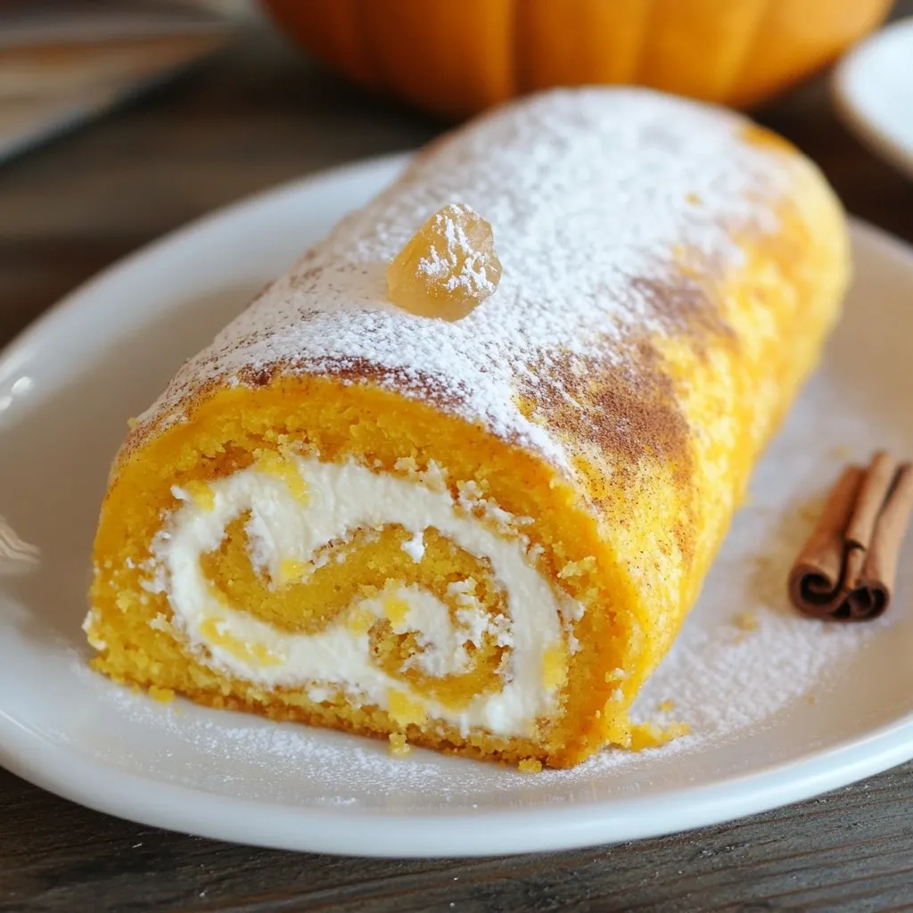 - 3/4 cup all-purpose flour - 1 teaspoon baking powder - 1/2 teaspoon baking soda - 1/2 teaspoon cinnamon - 1/4 teaspoon nutmeg - 1/4 teaspoon ginger powder - 1/4 teaspoon salt - 3 large eggs - 1 cup granulated sugar - 2/3 cup canned pumpkin puree - 1 teaspoon vanilla extract - 1 cup cream cheese, softened - 1/4 cup powdered sugar - 1 teaspoon lemon juice - 1/4 cup chopped nuts This recipe uses simple ingredients to create something special. The dry mix gives the roll shape and texture. The wet mix adds moisture and flavor. You can choose to add nuts for a little crunch, but they are not necessary. This mixture makes a lovely balance of taste and feel in each slice. {{ingredient_image_1}} First, you need to preheat your oven to 375°F (190°C). This step is crucial for even baking. Next, grab a 15x10-inch jelly roll pan. Grease it well with butter or cooking spray. After greasing, line the bottom with parchment paper. This makes it easy to remove the cake later. Now, let's mix the batter. In a medium bowl, add the dry ingredients. Combine 3/4 cup of all-purpose flour, 1 teaspoon of baking powder, and 1/2 teaspoon of baking soda. Add 1/2 teaspoon of cinnamon, 1/4 teaspoon of nutmeg, 1/4 teaspoon of ginger powder, and 1/4 teaspoon of salt. Whisk them together and set this bowl aside. In a large mixing bowl, beat 3 large eggs and 1 cup of granulated sugar. Use an electric mixer on high speed. Mix them for about 5 minutes. The mix should be thick and pale. Then, gently fold in 2/3 cup of canned pumpkin puree and 1 teaspoon of vanilla extract. Combine until it looks smooth. Next, take the dry mixture and gradually add it to the pumpkin mix. Fold the two together carefully. Your batter should be thick but pourable, with no streaks of flour visible. Spread the batter evenly into your prepared jelly roll pan. Bake for 15 to 20 minutes. To check if it’s done, insert a toothpick in the center. If it comes out clean, your cake is ready. While the cake bakes, prepare a clean kitchen towel. Dust it with powdered sugar. When the cake is done, immediately invert it onto the towel. Carefully remove the pan and peel off the parchment paper. Now, roll the cake tightly in the towel, starting from one short end. This helps shape the cake. Allow it to cool completely while rolled up. To make a perfect pumpkin cream cheese roll, avoid overmixing. Mixing too much can make the cake tough. Also, don't skip the parchment paper. It helps the cake come out easily. If you forget the towel dusted with sugar, the cake may stick. Finally, make sure your cake is cool before adding the filling. A warm cake can melt the cream cheese. For a smooth filling, use softened cream cheese. Cold cream cheese creates lumps, which is not what you want. Mix the cream cheese with powdered sugar and lemon juice until creamy. If you want extra crunch, add chopped nuts. Mix until everything blends well. Taste it to make sure it’s sweet enough for you. Rolling the cake is key to a great pumpkin cream cheese roll. After baking, invert the cake onto a sugared towel right away. This prevents it from sticking. Roll tightly from one end to the other. Keep the towel with the cake as it cools. When it’s cool, unroll gently. Spread the filling, then re-roll without the towel. This keeps the shape nice and tight. Pro Tips Use Fresh Spices: Freshly ground spices can enhance the flavor of your Pumpkin Cream Cheese Roll significantly. Consider grinding your own cinnamon, nutmeg, and ginger for a more aromatic experience. Cool Properly: After baking, allow the cake to cool completely in the towel. This helps retain moisture and makes it easier to roll without cracking. Experiment with Fillings: Feel free to personalize the cream cheese filling by adding spices or extracts, such as maple syrup or orange zest, to create unique flavor profiles. Chill Before Serving: Refrigerating the roll for at least 2 hours helps the filling set and makes slicing easier. Serve chilled for the best texture and flavor. {{image_2}} You can make a gluten-free pumpkin cream cheese roll. Use a 1:1 gluten-free flour blend instead of all-purpose flour. This blend often works well in most recipes. Make sure to check the label for any added ingredients. You may also need to add a bit of xanthan gum if your blend does not contain it. This helps mimic the texture of regular flour. You can change the flavor of your roll to keep things fresh. Try adding cocoa powder for a chocolate twist. Use 1/4 cup of cocoa powder to replace some flour. If you love spices, consider adding cloves or allspice. A dash or two will give your roll a warm, cozy taste. You can also add vanilla extract or almond extract for extra depth. If you want a vegan version, you can easily swap ingredients. Use flax eggs instead of real eggs. Mix 1 tablespoon of ground flaxseed with 3 tablespoons of water. Let it sit for 5 minutes to thicken. For the cream cheese filling, try using a vegan cream cheese. Coconut cream is another great option. Just make sure to sweeten it with powdered sugar to taste. These simple swaps make the dessert friendly for everyone! To store leftover Pumpkin Cream Cheese Roll, wrap it tightly in plastic wrap. Place it in the fridge for up to five days. Make sure it stays covered. This keeps it moist and fresh. If you have slices, store them in an airtight container. This helps prevent drying out. You can freeze this roll for up to three months. First, wrap it well in plastic wrap. Then, place it in a freezer-safe bag. When you're ready to eat, thaw it overnight in the fridge. It will taste just as good as when fresh. If you freeze slices, wrap each one individually for easy serving. Reheat slices in the microwave for 10 to 15 seconds. This warms them nicely without drying them out. You can also enjoy it cold if you prefer. If you want a warm treat, use an oven. Preheat it to 350°F (175°C) and heat the slices for about five minutes. This will bring back its fresh taste. Enjoy your delicious Pumpkin Cream Cheese Roll! The Pumpkin Cream Cheese Roll lasts about 3 to 5 days in the fridge. Wrap it tightly in plastic wrap. This keeps it fresh and moist. You can also store it in an airtight container. If you want to enjoy it later, you can freeze it. Just slice it first, and wrap each piece well. Yes, you can make this dessert ahead of time. Prepare the roll and fill it. Then, wrap it tightly and chill it in the fridge. This lets the flavors meld. You can also freeze the roll for up to a month. Just thaw it in the fridge overnight before serving. If you need a substitute for cream cheese, try using Greek yogurt. It has a similar texture. You can also use mascarpone cheese for a richer taste. Another option is to use a dairy-free cream cheese. This works well for those with dairy allergies. Adjust the sweetness based on your choice. You learned about the key ingredients for a pumpkin cream cheese roll, focusing on both dry and wet components, plus optional add-ins. I also shared step-by-step instructions for baking and cooling your cake. You learned tips to avoid common mistakes and how to perfect your filling. Variations let you adapt for gluten-free, vegan, or unique flavors. Lastly, I covered storage and reheating methods to keep your dessert fresh. Enjoy making your pumpkin cream cheese roll and share it with others. The joy of baking is in the details and the taste!
