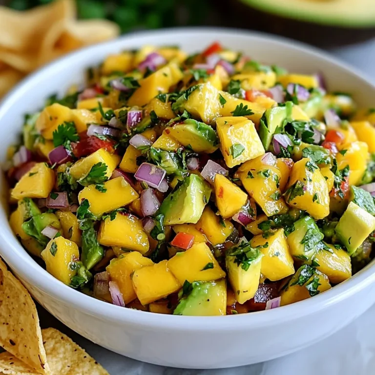 To make a tasty Mango Avocado Salsa, gather these fresh ingredients: - 1 ripe mango, diced - 2 ripe avocados, diced - 1 small red onion, finely chopped - 1 red bell pepper, diced - 1 jalapeño, deseeded and minced - 1/4 cup fresh cilantro, chopped - 2 tablespoons lime juice - 1 tablespoon olive oil - Salt and pepper to taste You can also add optional ingredients for extra flavor. Consider these: - A pinch of garlic powder - A splash of orange juice - Diced cucumber for crunch Using fresh ingredients is key. They bring bright colors and bold flavors. Ripe mangoes and avocados are sweet and creamy. Red onion and bell pepper add crunch. The jalapeño gives a little kick. Cilantro adds freshness. Lime juice brightens the dish. Olive oil adds richness. Salt and pepper help balance everything. Enjoy this salsa with chips, tacos, or grilled meats. {{ingredient_image_1}} 1. In a large mixing bowl, combine the diced mango and avocado. You want big chunks for texture. 2. Next, add the finely chopped red onion, diced red bell pepper, and minced jalapeño. This mix adds color and heat. 3. Gently mix in the chopped cilantro. The cilantro gives a fresh taste. 4. In a small bowl, whisk together the lime juice, olive oil, salt, and pepper. This dressing pulls it all together. 5. Pour the dressing over the salsa mixture. Stir gently until everything is well-coated. Don't stir too hard; you want the avocado to stay whole. 6. Taste the salsa. Adjust with more salt, pepper, or lime juice if needed. Balance is key. 7. Let the salsa sit for about 10-15 minutes before serving. This time allows the flavors to meld together. - Avoid mashing the avocados. Use a gentle touch when mixing. You want those creamy pieces intact. - Achieving a balanced flavor is important. The sweet mango, creamy avocado, and spicy jalapeño should all shine. Taste as you go! When you pick a mango, look for a skin that is yellow and a bit soft. Gently squeeze it. If it gives slightly, it is ripe. A ripe mango smells sweet at the stem. For avocados, choose ones that feel firm but yield to gentle pressure. They should have a dark green color. If they feel too soft, they may be overripe. To keep your ingredients fresh, store them at room temperature until you are ready to use them. Once cut, store any leftovers in the fridge in an airtight container. This helps to keep the flavors bright and fresh. To make your salsa even better, add a pinch of cumin or chili powder. These spices add warmth and depth. Fresh herbs like basil or mint can also change the flavor. They bring a nice twist to the dish. Acidity is key! Try adding a splash of vinegar or more lime juice. It brightens the salsa and balances the sweetness of the mango. Feel free to taste and adjust as you mix. Cooking is all about finding what you love. Pro Tips Choose Ripe Ingredients: Make sure your mangoes and avocados are perfectly ripe for the best flavor and texture. A ripe mango should yield slightly to pressure, while ripe avocados will feel slightly soft but not mushy. Balancing Flavors: Adjust the lime juice and salt to your taste preference. A little extra lime can brighten the flavors, while salt enhances the overall taste of the salsa. Fresh Herbs Matter: Use fresh cilantro for the best aroma and flavor. If you're not a fan of cilantro, try substituting with fresh parsley or mint for a different twist. Serving Suggestions: This salsa pairs wonderfully with grilled chicken, fish tacos, or as a topping for nachos. Get creative and enjoy it with your favorite dishes! {{image_2}} You can make Mango Avocado Salsa even more exciting by adding different fruits or veggies. Try including: - Pineapple for a sweet twist. - Mango with diced cucumber for crunch. - Cherry tomatoes for a burst of color. You can also add proteins to make the salsa heartier. Grilled chicken or shrimp adds a nice flavor. Black beans can provide a tasty vegetarian option. Mango Avocado Salsa pairs well with many dishes. Serve it with tortilla chips for a fun snack. It also tastes great on grilled fish or chicken. For a creative touch, serve it in a colorful bowl. Add tortilla chips on the side. Garnish with extra cilantro and lime wedges for a fresh look. This salsa is perfect for parties or casual family meals. To keep your mango avocado salsa fresh, refrigerate it right away. Place it in an airtight container. This helps keep air out, which can cause spoilage. Your salsa will stay good in the fridge for about 2 to 3 days. If you want to freeze it, use freezer-safe bags. Leave some space in the bag for expansion. Salsa can last in the freezer for up to 3 months. However, the texture may change once thawed. To use frozen salsa, thaw it in the fridge overnight. Mango avocado salsa lasts about 2 to 3 days in the fridge. After that, it may spoil. Signs of spoilage include an off smell or discoloration. If the salsa looks brown and mushy, it’s best to toss it. Always trust your senses; if it doesn’t smell or look right, don’t eat it. Yes, you can make Mango Avocado Salsa ahead. I recommend storing it in the fridge for up to one day. To keep it fresh, store it in an airtight container. This helps keep the colors bright and the flavors sharp. To retain the flavors, wait to add lime juice until just before serving. Lime juice can make the avocado brown faster. If you do add it early, stir gently to coat, and enjoy it within a few hours. Absolutely! Mango Avocado Salsa is easy to customize. If you want a spicy kick, add more jalapeño or some hot sauce. You can swap out ingredients based on your taste or diet. Try using different herbs like mint or parsley instead of cilantro. If you're allergic to avocados, use diced cucumber for a crisp texture. You can make this salsa fit any need. You can serve this salsa with many snacks and meals. It pairs well with tortilla chips for a great appetizer. Use it as a topping on tacos or grilled chicken for extra flavor. You can also spoon it over fish or shrimp. It makes a refreshing side dish at barbecues or picnics. The bright flavors make any meal feel special. Enjoy exploring all the ways to use this salsa! Mango Avocado Salsa combines fresh produce and simple steps for a tasty dish. You learned how to select ripe fruits, mix them just right, and add fun variations. Remember to store leftovers properly to keep them fresh. It's easy to customize this recipe to suit your taste. Enjoy pairing this salsa with your favorite meals or snacks. With these tips, you can make a vibrant and delicious salsa that impresses everyone. Dive into your own kitchen adventure and savor every bite!
