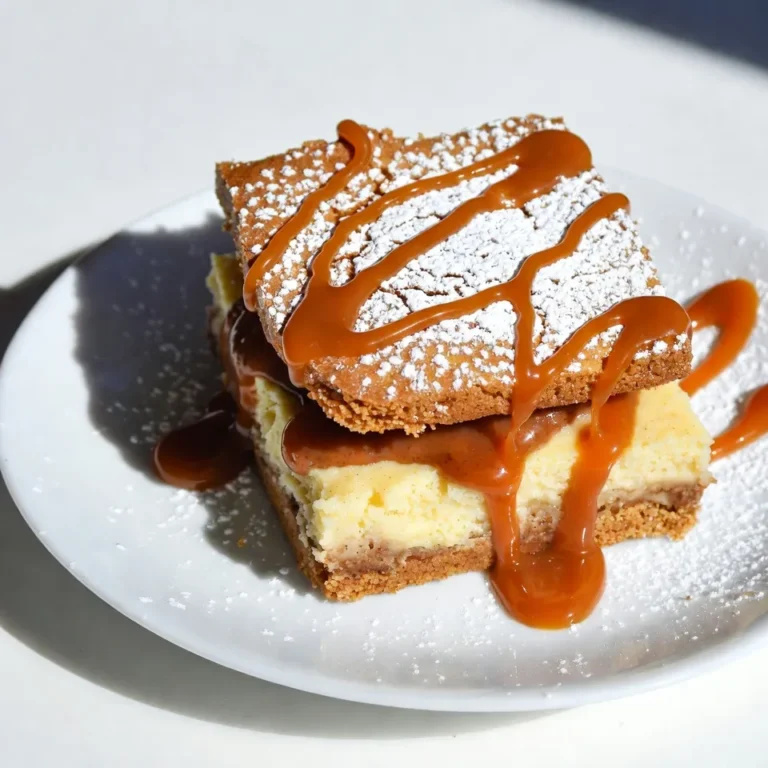 To make churro cheesecake bars, you need the following key ingredients: - 1 cup all-purpose flour - 1/2 teaspoon baking powder - 1/4 teaspoon salt - 1/2 cup unsalted butter, softened - 1 cup granulated sugar, divided - 1 large egg - 1 teaspoon vanilla extract - 8 oz cream cheese, softened - 1/2 cup sour cream - 1 tablespoon cinnamon These ingredients create a soft crust and a creamy filling. The mix of cream cheese and sour cream gives the bars a rich taste. You can customize your churro cheesecake bars. Some optional ingredients include: - Chopped nuts (like pecans or walnuts) for crunch - Chocolate chips for a sweet twist - A dash of nutmeg for added warmth Feel free to get creative! Customizing lets you make this treat your own. Having the right tools makes baking easier. Here’s what you’ll need: - 8x8 inch baking pan - Parchment paper - Medium mixing bowl - Large mixing bowl - Electric mixer or whisk - Rubber spatula for mixing Using these tools helps you make perfect bars each time. {{ingredient_image_1}} Start by preheating your oven to 350°F (175°C). This is key for baking. Next, take an 8x8 inch baking pan. Line it with parchment paper. Leave some paper hanging over the sides. This helps you lift out the bars later. In a medium bowl, whisk together 1 cup of all-purpose flour, 1/2 teaspoon baking powder, and 1/4 teaspoon salt. This mixture gives the bars structure. In a large bowl, beat 1/2 cup of softened unsalted butter and 3/4 cup of granulated sugar until it’s light and fluffy. This takes about 3-4 minutes. Then, mix in 1 large egg and 1 teaspoon of vanilla extract. Add the dry ingredients to this wet mix slowly. Mix just until combined. Press about two-thirds of the dough into the bottom of the prepared pan. In another bowl, beat 8 oz of softened cream cheese with the remaining 1/4 cup of sugar. Mix until smooth. Then, add 1/2 cup of sour cream and mix well. This filling is creamy and rich. Spread this cheesecake mixture evenly over the dough in the pan. Now, crumble the rest of the dough over the cream cheese layer. Make sure it’s evenly spread out. In a small bowl, mix 1 tablespoon of cinnamon with 2 tablespoons of sugar. Sprinkle this mix over the crumbled dough. This adds a sweet and spicy touch. Bake the bars for 35-40 minutes. You want the top to be golden brown. The cheesecake should be set in the middle. After baking, let the bars cool in the pan for about 30 minutes. Then, use the parchment paper to lift the bars out. Chill them in the fridge for at least 2 hours. Once chilled, cut them into squares and enjoy! When making Churro Cheesecake Bars, a few common mistakes can happen. First, do not skip softening the butter and cream cheese. They need to mix well. If they are cold, the batter will not be smooth. Second, be careful not to overmix the dough. This can make the bars tough. Lastly, do not forget to let the bars cool before cutting. This helps them set up perfectly. To get the best texture and flavor, focus on your ingredients. Use fresh cream cheese and sour cream for a creamy filling. When mixing the butter and sugar, make sure it’s light and fluffy. This adds air, making the bars lighter. Also, do not rush the baking time. Keep an eye on the bars, and look for a golden top. A slight jiggle in the center is okay but not too much. Presentation is key for these bars. After cooling, dust them with powdered sugar. This adds a sweet touch. For extra flair, drizzle caramel sauce on top. You can also serve them on a nice platter. Add a few cinnamon sticks or fresh fruit to make it pop. These simple touches make your dessert look as good as it tastes. Pro Tips Use Room Temperature Ingredients: Ensure your butter, cream cheese, and sour cream are at room temperature for easy mixing and a smoother batter. Don't Overmix: When combining the dry and wet ingredients, mix until just combined to keep the bars tender and avoid a dense texture. Cooling Time is Key: Allow the bars to cool completely before cutting to ensure clean edges and a better presentation. Customize Your Toppings: Feel free to add chocolate chips or nuts to the cream cheese layer for added texture and flavor. {{image_2}} You can make churro cheesecake bars even more delightful by adding different flavors. Try mixing in chocolate chips for a rich twist. You can also swirl in fruit purees, like strawberry or raspberry, for a fresh taste. If you love peanut butter, blend some into the cream cheese layer for a creamy, nutty flavor. Feel free to get creative! If you want gluten-free churro cheesecake bars, swap the all-purpose flour for a gluten-free blend. Many blends work well in baking. Just make sure to check that your other ingredients, like baking powder, are gluten-free too. This way, everyone can enjoy these tasty treats without worry. For vegan churro cheesecake bars, use plant-based butter and a flaxseed egg instead of a regular egg. Replace cream cheese with a vegan cream cheese option. You can also use coconut yogurt in place of sour cream. These swaps keep the flavors while making it suitable for a vegan diet. Enjoy every bite without the animal products! Store your churro cheesecake bars in an airtight container. They stay fresh for up to five days. Keep them in the fridge to maintain their great taste and texture. If you want to keep them longer, consider freezing. You can freeze these bars for up to three months. First, cut the bars into squares. Then, wrap each piece tightly in plastic wrap. Place the wrapped bars in a freezer-safe bag. Label the bag with the date for easy reference. To reheat, take a bar out of the fridge or freezer. If frozen, let it thaw in the fridge overnight. You can warm it in the microwave for about 10-15 seconds. This will help bring back the creamy texture without drying it out. Enjoy your delicious treat! You can tell the cheesecake bars are done when the top is golden brown. The center should not jiggle when you gently shake the pan. Bake them for 35 to 40 minutes. A toothpick inserted in the center should come out clean. Yes, you can make these bars ahead of time. They store well in the fridge for up to three days. Just be sure to let them cool completely before cutting. This helps keep their shape. You can also freeze them for up to two months. Just wrap them tightly in plastic wrap and foil. Churro Cheesecake Bars shine on their own, but you can enhance them. Serve them with a scoop of vanilla ice cream. A drizzle of caramel or chocolate sauce adds extra sweetness. Fresh fruit like strawberries or raspberries also pairs nicely. For a fun twist, sprinkle some extra cinnamon sugar on top! Churro cheesecake bars combine warm, sweet flavors with creamy cheesecake. You learned about the key ingredients and exciting variations to make these bars your own. We covered simple steps to prepare and bake, plus tips to avoid common errors. Remember to store leftovers well and heat them up for later. Enjoy this tasty treat with friends or family, and get creative with your toppings. Happy baking!