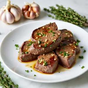 To make delicious garlic butter steak bites, gather these key items: - 1 pound sirloin steak, cut into bite-sized pieces - 4 tablespoons unsalted butter - 4 cloves garlic, minced - 1 teaspoon fresh thyme leaves (or &frac12; teaspoon dried thyme) - Salt and pepper to taste - 1 tablespoon olive oil - Fresh parsley, chopped (for garnish) These ingredients work together to create a rich and tasty dish. The sirloin steak provides a tender base, while butter and garlic bring in the flavor. To take your steak bites to the next level, consider adding: - A splash of Worcestershire sauce for a savory kick - Red pepper flakes for a bit of heat - Lemon juice for brightness - A sprinkle of parmesan cheese for creaminess These extras can add depth and a unique twist to your meal. Using fresh herbs can elevate your dish. Try these seasonal herbs: - Fresh rosemary adds a woodsy flavor - Fresh oregano brings a hint of sweetness - Fresh basil offers a fresh, peppery note Choose herbs based on what you enjoy or what&rsquo;s in season. Fresh herbs make your garlic butter steak bites even more delightful! {{ingredient_image_1}} Start by cutting your sirloin steak into small, bite-sized pieces. This helps the steak cook evenly. Next, season the steak with salt and pepper. Make sure to coat all sides well. Let the steak sit for about 10 minutes. This allows the flavors to soak into the meat, making it juicy and tasty. Now it's time to cook the steak bites. Heat a large skillet on medium-high heat. Pour in the olive oil and wait for it to shimmer. This shows the oil is hot enough. Place the seasoned steak bites in the skillet in a single layer. Avoid crowding the pan, as it can make the meat steam instead of sear. Cook for 3-4 minutes on each side for medium-rare. If you want it more done, cook a bit longer. Once cooked, remove the steak from the skillet and set it aside. In the same skillet, lower the heat to medium. Add the butter and the minced garlic. Stir it often to stop the garlic from burning. After a minute, add the fresh thyme. This gives the butter a lovely flavor. When the garlic smells great, return the steak bites to the skillet. Toss them in the garlic butter until they are well coated and heated through. This takes about 2 minutes. Now your garlic butter steak bites are ready to enjoy! To make the best garlic butter steak bites, start with the right seasoning. Use a good amount of salt and pepper. This helps to bring out the steak's natural flavor. I usually recommend about one teaspoon of salt and half a teaspoon of pepper per pound of meat. Allow the steak to sit for 10 minutes after seasoning. This step lets the flavors soak in better. Cooking times matter for great steak bites. For medium-rare, cook the steak for 3-4 minutes on each side. If you like your steak medium, add one more minute per side. For well-done, aim for about 6-7 minutes per side. Always check with a meat thermometer if unsure. For medium-rare, the internal temp should be 130-135&deg;F. For medium, it should be 140-145&deg;F. A good sear is key to tasty steak bites. Heat your pan until it shimmers. This shows that it is hot enough. Use olive oil for the best result. Do not overcrowd the pan, as this lowers the temperature. Cook the steak in batches if needed. A proper sear gives that nice crust you want. This adds flavor and keeps the juices in the meat. Pro Tips Rest the Steak: Allow the seasoned steak bites to rest for at least 10 minutes before cooking. This helps the meat retain its juices, resulting in a more tender bite. Use High Heat: Ensure your skillet is hot enough before adding the steak. A hot pan will sear the meat, creating a delicious crust while keeping the inside juicy. Don&rsquo;t Overcrowd the Pan: Cook the steak bites in batches if necessary. Overcrowding can lead to steaming instead of searing, preventing that desirable texture. Fresh Herbs Matter: Using fresh thyme enhances the flavor significantly. If using dried thyme, make sure to use less, as dried herbs are more potent. {{image_2}} You can use other cuts of steak for garlic butter steak bites. Each cut brings a unique flavor and texture. Here are some great options: - Ribeye: This cut is juicy and tender. It has rich marbling. - Filet Mignon: This is very tender and mild. It melts in your mouth. - Flank Steak: This cut is lean and flavorful. Slice it thin against the grain. - Skirt Steak: This has a strong beefy taste. It cooks quickly and is great for bites. You can boost the flavor of your steak bites by adding spices or sauces. Here are some ideas: - Smoked Paprika: This adds a smoky flavor and depth. - Cayenne Pepper: A pinch gives a nice kick. - Soy Sauce: This adds umami and extra saltiness. - Worcestershire Sauce: A dash enhances the beefy taste. Experimenting with these can make your dish exciting! If you want low-carb or gluten-free options, here are some tips: - Cauliflower Rice: Serve the steak bites over cauliflower rice instead of regular rice. - Zucchini Noodles: Use spiralized zucchini as a base for your steak bites. - Leafy Greens: Serve on a bed of spinach or arugula for a fresh touch. - Broccoli or Asparagus: Roast or steam these veggies as a tasty side. These alternatives keep your meal light and healthy while still being delicious! To store leftover garlic butter steak bites, let them cool first. Place them in an airtight container. Make sure to keep them in the fridge. They will stay fresh for up to three days. If you want to keep them longer, freezing is a good option. When you are ready to eat the leftovers, reheat them in a skillet. Heat a small amount of oil or butter on medium heat. Add the steak bites and cook until they are warm. This helps keep the steak juicy. You can also microwave them in short bursts. Just cover them to keep moisture in. If you have extra steak bites, you can freeze them. Place the bites in a single layer on a baking sheet. Freeze them for about an hour. Once frozen, transfer them to a freezer bag. Remove as much air as possible. They will last up to three months in the freezer. When ready to eat, thaw them in the fridge overnight before reheating. To cut steak for bites, choose a sirloin or tender cut. First, let the meat rest. This keeps juices in and makes it easier to cut. Next, slice the steak against the grain. Cutting against the grain helps make each bite tender and easy to chew. Aim for pieces about one inch in size. This size cooks well and stays juicy in the pan. Yes, you can use different herbs to change the flavor! Fresh rosemary or oregano adds a nice twist. You can also try using dried herbs if fresh ones are not available. Just remember, dried herbs are stronger, so use less. A half teaspoon of dried herbs can be enough. Feel free to get creative with your favorite herbs! You can keep leftover garlic butter steak bites in the fridge for up to three days. Store them in an airtight container to keep them fresh. When you&rsquo;re ready to eat, just reheat them gently. This keeps the steak tender and tasty. If you want to save them longer, you can freeze them for up to three months. Garlic butter steak bites are simple and tasty. You learned about main and optional ingredients to enhance flavor. Step-by-step, I showed how to prepare and sear the steak, then make the garlic butter sauce. I shared tips on seasoning and cooking times for your perfect steak. We explored variations for different cuts and diets, along with storage and reheating advice. These bites are easy to create and fun to share. Enjoy making them your own!