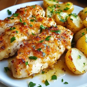 To make Garlic Parmesan Chicken & Potatoes, you will need simple yet tasty items. Here&rsquo;s a list of what you need: - 4 boneless, skinless chicken breasts - 1 pound baby potatoes, halved - 4 tablespoons unsalted butter, melted - 4 cloves garlic, minced - 1 cup grated Parmesan cheese - 1 teaspoon dried Italian herbs (oregano, basil, thyme) - Salt and pepper to taste - 2 tablespoons fresh parsley, chopped (for garnish) These ingredients come together to create a dish that is both hearty and full of flavor. The chicken becomes juicy and cheesy, while the potatoes turn golden and buttery. Each bite offers a delightful mix of garlic and Parmesan that you will love. Don&rsquo;t skip any of these items; they all work together for the best taste. Enjoy gathering these ingredients before you start cooking! {{ingredient_image_1}} - Preheat the oven: Start by setting your oven to 400&deg;F (200&deg;C). This will help cook everything evenly and give a nice crisp. - Mix garlic butter and herbs: In a large bowl, combine 4 tablespoons of melted butter, 4 minced garlic cloves, 1 teaspoon of dried Italian herbs, salt, and pepper. This mix is the key to flavor. - Toss potatoes in garlic mixture: Add 1 pound of halved baby potatoes to the bowl. Toss them well until each piece gets coated in that tasty garlic butter mix. - Prepare baking sheet: Spread the coated potatoes in a single layer on a baking sheet. This helps them roast nicely without steaming. - Coat chicken with Parmesan: In the same bowl, place 4 boneless, skinless chicken breasts. Sprinkle &frac12; cup of grated Parmesan cheese over the chicken. Make sure every piece is covered. - Arrange chicken and potatoes on baking sheet: Now, place the chicken breasts next to the potatoes on your baking sheet. Sprinkle the rest of the cheese on top of both the chicken and potatoes. - Bake chicken and potatoes: Place the baking sheet in your preheated oven. Bake for 25-30 minutes. - Check for doneness: Use a meat thermometer to check the chicken's internal temperature. It should reach 165&deg;F (75&deg;C). The potatoes should be tender and golden. Enjoy the delicious aroma filling your kitchen! - Ensuring chicken is tender: To keep your chicken juicy, don&rsquo;t overcook it. Baking at 400&deg;F helps. Use a meat thermometer to check for 165&deg;F. This way, you avoid dry meat. - Perfect potato texture: For soft, buttery potatoes, cut them in half. This helps them cook evenly. Toss them well in the garlic butter mix to coat every piece. Bake until golden and tender for the best results. - Adding herbs or spices: Feel free to experiment! Adding fresh rosemary or thyme can boost flavor. You might also try crushed red pepper for a bit of heat. Mix in what you love. - Alternative cheese options: If you want a twist, try using mozzarella or gouda. These cheeses melt well and add a nice stretch. You can also mix cheeses for a richer taste. - Garnishing ideas: Fresh parsley adds a pop of color. Sprinkle it over the dish right before serving. You can also use lemon zest for a bright touch. - Serving suggestions: Serve this dish on a big plate. Lay the chicken beside the potatoes. You can add a side salad for a fresh crunch. This makes your meal look tasty and inviting. Pro Tips Use Fresh Garlic: Fresh garlic provides a more robust flavor compared to pre-minced garlic, enhancing the overall taste of the dish. Even Cooking: Ensure chicken breasts are of uniform thickness for even cooking. If needed, gently pound them to achieve this. Parmesan Variations: Experiment with different types of grated cheese, such as Pecorino Romano, for a unique flavor twist. Check Potato Doneness: Test potato tenderness with a fork; they should be easily pierced yet hold their shape. {{image_2}} You can switch up the chicken cut for this dish. Thighs or drumsticks add more flavor. They also stay juicy during cooking. If you want to change the potatoes, try sweet potatoes. They bring a nice sweetness and color. You can also add other veggies like carrots or green beans for extra nutrition. If you need gluten-free options, this recipe works great. The main ingredients are naturally gluten-free. For those on a low-carb diet, you can skip the potatoes. Try using cauliflower instead. It roasts well and soaks up the garlic flavor. This keeps your meal tasty without the carbs. Want a quicker meal? Use an air fryer. Cook the chicken and potatoes at 375&deg;F for about 25 minutes. This gives you a crispy texture without the oven time. You can also use a slow cooker. Just add all the ingredients, cover, and cook on low for 4-6 hours. This method makes the chicken super tender and full of flavor. To store leftover Garlic Parmesan Chicken and potatoes, wait for them to cool. Place them in an airtight container. This keeps them fresh and tasty. Use glass or plastic containers with tight lids. Make sure to store them in the fridge. They can last for 3 to 4 days. When reheating, you can use a microwave or an oven. The microwave is quick, but it may lose some crispiness. To keep the texture, heat it in the oven. Preheat the oven to 350&deg;F (175&deg;C). Place the chicken and potatoes on a baking sheet. Heat for about 15 to 20 minutes, or until hot. This will help keep the flavors intact. You can freeze Garlic Parmesan Chicken and potatoes for later use. First, let the dish cool completely. Then, wrap it tightly in plastic wrap. Place it in a freezer-safe container or bag. This will prevent freezer burn. When ready to eat, thaw it in the fridge overnight. Reheat in the oven or microwave as mentioned before. Enjoy a quick and easy meal! Can I use frozen chicken? Yes, you can use frozen chicken. Just make sure to thaw it fully before cooking. This helps the chicken cook evenly. If you put frozen chicken directly in the oven, it may not cook through properly. How can I make this dish ahead of time? You can prepare the chicken and potatoes ahead of time. Mix the garlic butter and coat the chicken and potatoes. Then, cover and refrigerate. When ready, bake it straight from the fridge, adding a few extra minutes to the cooking time. What to serve with Garlic Parmesan Chicken & Potatoes? This dish pairs well with a fresh salad or steamed veggies. You can also serve it with crusty bread to soak up all the tasty garlic butter. What to do if chicken is not cooked through? If the chicken is not cooked through, return it to the oven. Check the internal temperature. It should reach 165&deg;F (75&deg;C). Cook it for another 5 to 10 minutes, checking often. How to prevent potatoes from burning? To prevent potatoes from burning, spread them out on the baking sheet. Avoid stacking them too closely. You can also cover them loosely with foil for part of the baking time. Caloric content per serving Each serving has about 500 calories. This includes both the chicken and potatoes. Nutritional breakdown (protein, carbs, fats) - Protein: 35g - Carbohydrates: 40g - Fats: 25g This dish is balanced and provides a good mix of nutrients to keep you satisfied. This recipe for Garlic Parmesan Chicken and Potatoes is simple and delicious. We covered ingredients, step-by-step instructions, and useful tips. You learned how to customize the dish with variations and storage tips. Cooking can be fun and easy, even for beginners. Try this tasty meal for your family. Enjoy experimenting with flavors and methods. You'll impress everyone with your cooking skills. Happy cooking!