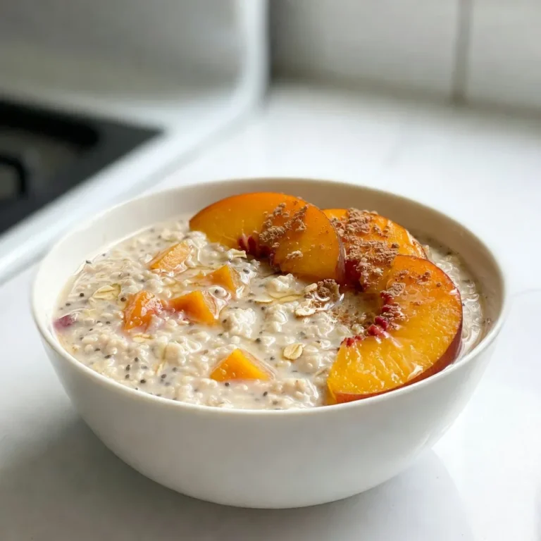- 1 cup rolled oats - 1 cup unsweetened almond milk (or milk of choice) - 1 ripe peach, diced (plus extra for topping) - 1 tablespoon chia seeds - 1 tablespoon maple syrup (or honey) - 1/2 teaspoon cinnamon - 1/4 teaspoon vanilla extract - A pinch of salt The main ingredients for peach pie overnight oats create a creamy and sweet dish. Rolled oats serve as the base. They soak up the almond milk and become soft. I like unsweetened almond milk, but any milk works fine. The diced peach brings a fresh, fruity taste. It also adds nice texture. Chia seeds are great for thickening and add healthy omega-3s. Maple syrup or honey sweetens the oats naturally. Cinnamon and vanilla extract give a warm flavor. Lastly, a pinch of salt enhances all these tastes. - Granola - Chopped nuts - Shredded coconut Toppings can take your overnight oats to the next level. Granola adds a crunchy bite. Chopped nuts, like almonds or walnuts, provide protein and texture. Shredded coconut gives a tropical flair. Feel free to mix and match your favorite toppings! They make each bite special and fun. {{ingredient_image_1}} - Mix the base ingredients In a medium bowl or jar, combine 1 cup of rolled oats, 1 cup of unsweetened almond milk, 1 tablespoon of chia seeds, 1 tablespoon of maple syrup, 1/2 teaspoon of cinnamon, 1/4 teaspoon of vanilla extract, and a pinch of salt. Stir well until all ingredients blend. - Incorporate the diced peach Take 1 ripe peach and dice it into small pieces. Gently fold the diced peach into the mixture. Make sure you mix it well so every bite has peachy goodness. - Refrigerate the mixture Cover the bowl or jar with a lid or plastic wrap. Place it in the refrigerator overnight. This allows the oats to soak up the milk and flavors. You can also let it chill for at least 4 hours if you're short on time. - Check the consistency and adjust with almond milk In the morning, take the oats out of the fridge. Give it a good stir. If the oats seem too thick, add a splash of almond milk to loosen them up. - Serve and add toppings Spoon the overnight oats into bowls. Top with extra slices of peach and your choice of granola, chopped nuts, or shredded coconut. This adds great texture and flavor to your meal. Enjoy your delicious and easy peach pie overnight oats! To make your peach pie overnight oats just right, you can change the sweetness. If you want it sweeter, add more maple syrup or honey. For a less sweet flavor, use less. This lets you enjoy it just how you like. You can also change how thick your oats are by adding more or less milk. If you like it thicker, use less milk. If you want it runny, add a splash more. This helps you find the perfect texture. Store your overnight oats in a sealed jar or container. This keeps them fresh and tasty. You can make a few jars at once for quick breakfasts. Just make sure to leave some room at the top. You can keep them in the fridge for up to five days. This makes meal prep easy and saves time during busy mornings. Pro Tips Use Fresh Peaches: For the best flavor, opt for ripe, in-season peaches. They add a natural sweetness and vibrant flavor to your overnight oats. Chia Seed Benefits: Chia seeds not only help to thicken the oats but also provide a good source of omega-3 fatty acids and fiber, making your breakfast more nutritious. Make Ahead: Prepare several jars of overnight oats at once for a quick and easy breakfast option throughout the week. Just switch up the fruit and toppings for variety! Customize the Sweetness: Adjust the amount of maple syrup or honey based on your sweetness preference. You can also omit it for a sugar-free version. {{image_2}} You can change the taste of your Peach Pie Overnight Oats in fun ways. - Adding spices: A dash of nutmeg or ginger can give your oats a warm kick. Nutmeg adds a sweet note, while ginger brings a fresh zing. Just a pinch goes a long way! - Using different fruits: While peaches are great, you can swap in other fruits. Try fresh strawberries, blueberries, or even ripe bananas. Each fruit brings its own unique flavor and texture. If you need to make your oats fit your diet, here are some easy swaps. - Dairy-free alternatives: You can use any plant-based milk. Almond milk works well, but oat or coconut milk can be tasty too. Choose what you like best! - Gluten-free options: Make sure to use certified gluten-free oats. This way, you can enjoy your oats without worry. Always check labels for safety! Experimenting with these ideas helps you create a bowl of oats just for you. To keep your peach pie overnight oats fresh, use an airtight container. Glass jars work great, as they seal well and let you see the oats. You can also use plastic containers if you prefer. Just make sure the lid fits tightly. Store them in the fridge for up to 4 days. If you want to freeze them, use freezer-safe containers. Leave some space at the top, as the oats will expand when frozen. They can last up to 3 months in the freezer. Thaw them in the fridge overnight before eating. If you like warm oats, you can reheat them. Pour the oats into a bowl and microwave for about 30 to 60 seconds. Stir and check the temperature. If they are too thick, add a splash of almond milk to loosen them up. For serving, this recipe makes two portions. You can divide the oats into two bowls. Top each bowl with extra peach slices and your choice of granola, nuts, or coconut. Enjoy your tasty and healthy breakfast! Yes, you can use quick oats. They will soak up liquid faster. This means your oats might be softer. But the flavor will still be great! Just watch the soaking time. Aim for about 2-3 hours instead of overnight. Overnight oats last for about 3-5 days in the fridge. Store them in a sealed jar or container. This keeps them fresh and tasty. Just remember to add your toppings before serving. This helps keep them crunchy. Absolutely! To make it vegan, use almond milk or any plant-based milk. Swap honey for maple syrup. All other ingredients are already vegan-friendly. This way, everyone can enjoy this delicious breakfast. Many fruits go well with peach pie overnight oats. Try strawberries, blueberries, or raspberries. Apples or bananas also add great flavor. Mix and match to find your favorite combo. This keeps breakfast fun and tasty! Peach pie overnight oats are simple and tasty. We learned the best ingredients, how to prepare them, and tips for storage. You can adjust sweetness and try different fruits too. Use this recipe to boost your mornings. Enjoy a delicious start each day with your own peach pie overnight oats!