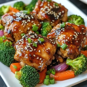 - 4 boneless, skinless chicken thighs - 1 cup teriyaki sauce (store-bought or homemade) - 2 cups broccoli florets - 1 large red bell pepper, sliced - 1 medium carrot, sliced thinly - 1 medium red onion, cut into wedges - 2 tablespoons sesame oil - 3 cloves garlic, minced - 1 teaspoon grated ginger - Salt and pepper to taste These ingredients create a tasty dish that is easy to make. The chicken thighs bring flavor and moisture. The teriyaki sauce adds a sweet, salty kick that everyone loves. Fresh veggies like broccoli and bell pepper bring crunch and color. You can add other ingredients for more depth. Try adding: - Pineapple chunks for sweetness - Snap peas for extra crunch - Mushrooms for an earthy taste These additions can change the taste and make it your own. To finish your dish, I suggest adding: - 1 tablespoon sesame seeds - 2 green onions, chopped These garnishes add a pop of color and texture. They also make the dish look fancy. You&rsquo;ll impress your family and friends with this easy meal! {{ingredient_image_1}} Start by preheating your oven to 400&deg;F (200&deg;C). This ensures even cooking. In a large bowl, mix the chicken thighs with teriyaki sauce, garlic, and ginger. Let them soak in these flavors for at least 15 minutes. If you have more time, let them marinate in the fridge for up to 2 hours. This step makes the chicken juicy and tasty. While the chicken marinates, prepare the vegetables. In another bowl, toss the broccoli, red bell pepper, carrot, and red onion with sesame oil, salt, and pepper. Make sure they are well coated. This adds flavor and helps them roast nicely. Line a large baking sheet with parchment paper. Place the marinated chicken thighs in the center. Arrange the vegetables around the chicken in a single layer. This helps everything cook evenly and look great. Put the sheet pan in the oven. Bake for 25-30 minutes. The chicken should reach an internal temperature of 165&deg;F (74&deg;C). The veggies should be tender. Keep an eye on them to avoid overcooking. In the last 5 minutes of baking, brush more teriyaki sauce over the chicken. This gives it a shiny look and extra flavor. Once it's done, take the pan out of the oven. Let it cool for a few minutes. Then, garnish with sesame seeds and chopped green onions. This adds a nice crunch and fresh taste. Enjoy your delicious sheet pan teriyaki chicken and vegetables! To boost the teriyaki taste, marinate the chicken longer. A full two hours makes a big difference. You can also add a splash of rice vinegar for brightness. Mixing in a bit of honey or brown sugar can give added sweetness. If you like heat, try adding a touch of sriracha to the sauce. Oven temperatures may vary, so keep an eye on your dish. If you use chicken breasts instead of thighs, they may cook faster. Check the chicken's internal temperature. It should reach 165&deg;F (74&deg;C) to be safe. If the chicken looks done but the veggies are still crunchy, give them more time. Cut your vegetables into similar sizes for even cooking. Broccoli and bell peppers usually cook well with chicken. Carrots take longer, so slice them thin. If you like your veggies softer, add them to the pan ten minutes after the chicken. This way, they won&rsquo;t overcook. Pro Tips Marinate for Maximum Flavor: Letting the chicken marinate for at least 2 hours will enhance the flavors significantly. If you're short on time, even 15 minutes will help, but longer is better! Cut Vegetables Evenly: To ensure even cooking, slice your vegetables into uniform sizes. This way, they will all cook through at the same rate, making for perfectly tender veggies. Use Parchment Paper: Lining your baking sheet with parchment paper not only makes clean-up easier but also prevents the chicken and veggies from sticking, helping them roast beautifully. Check Chicken Temperature: Always use a meat thermometer to check the internal temperature of the chicken. It should read 165&deg;F (74&deg;C) to ensure it's fully cooked and safe to eat. {{image_2}} You can swap chicken thighs for chicken breasts. Breasts cook faster, so check them early. If you want a plant-based option, use firm tofu. Press it to remove moisture and cut it into cubes. Marinate just like chicken for great flavor. Feel free to mix up the veggies! Snap peas and zucchini work well. You can also add mushrooms for extra taste. Use whatever you have on hand. Just make sure to cut them into similar sizes for even cooking. Making your own teriyaki sauce is fun and easy! Here&rsquo;s a simple recipe: - Ingredients - 1/2 cup soy sauce - 1/4 cup honey or brown sugar - 1/4 cup rice vinegar - 1 tablespoon minced garlic - 1 teaspoon grated ginger - 1 tablespoon cornstarch mixed with 2 tablespoons water 1. Combine all ingredients in a pot. 2. Heat over medium until the sauce thickens. 3. Stir often to avoid burning. This sauce adds a personal touch to your dish! To store your leftovers, let the dish cool down. Place the chicken and veggies in an airtight container. This keeps them fresh for up to three days in the fridge. Make sure to separate the chicken from the veggies if possible. This helps each keep its texture. To reheat, you can use the oven or microwave. If using the oven, set it to 350&deg;F (175&deg;C). Place the chicken and veggies on a baking sheet. Heat for about 10-15 minutes, or until warm. In the microwave, use a microwave-safe plate. Heat for 1-2 minutes, checking to avoid overheating. If you want to freeze your teriyaki chicken and veggies, do it right after cooking. Let the dish cool completely. Then, place it in a freezer-safe container. It can last up to three months in the freezer. When ready to eat, thaw it in the fridge overnight before reheating. Yes, you can use frozen chicken or vegetables. However, you need to adjust the cooking time. Frozen chicken may take longer to cook. Make sure the chicken reaches an internal temperature of 165&deg;F (74&deg;C). Frozen vegetables may not need as much time to bake. Check for tenderness. The best way to check chicken is with a meat thermometer. Insert it into the thickest part of the thigh. It should read 165&deg;F (74&deg;C). If you don&rsquo;t have a thermometer, cut into the chicken. It should be white and no longer pink inside. You can use soy sauce mixed with honey or brown sugar. Mix equal parts to get a sweet flavor. You can also try hoisin sauce or a mix of soy sauce and rice vinegar. These options provide a similar taste profile. Yes, you can make this dish gluten-free. Use gluten-free teriyaki sauce or soy sauce. Always check the labels to ensure no gluten-containing ingredients are included. The vegetables and chicken are naturally gluten-free. You can prepare the chicken and veggies ahead of time. Marinate the chicken for up to two hours in the fridge. You can also chop the vegetables a day before. Store them in an airtight container in the fridge. This saves time when you are ready to cook. Sheet pan teriyaki chicken is simple and tasty. We covered the main ingredients, easy steps, and helpful tips. You learned how to enhance flavors and try new ingredients. Don&rsquo;t forget to store leftovers properly for later enjoyment. This dish is flexible, so feel free to modify. With practice, you&rsquo;ll create a meal everyone loves. Enjoy cooking and have fun experimenting with new flavors!