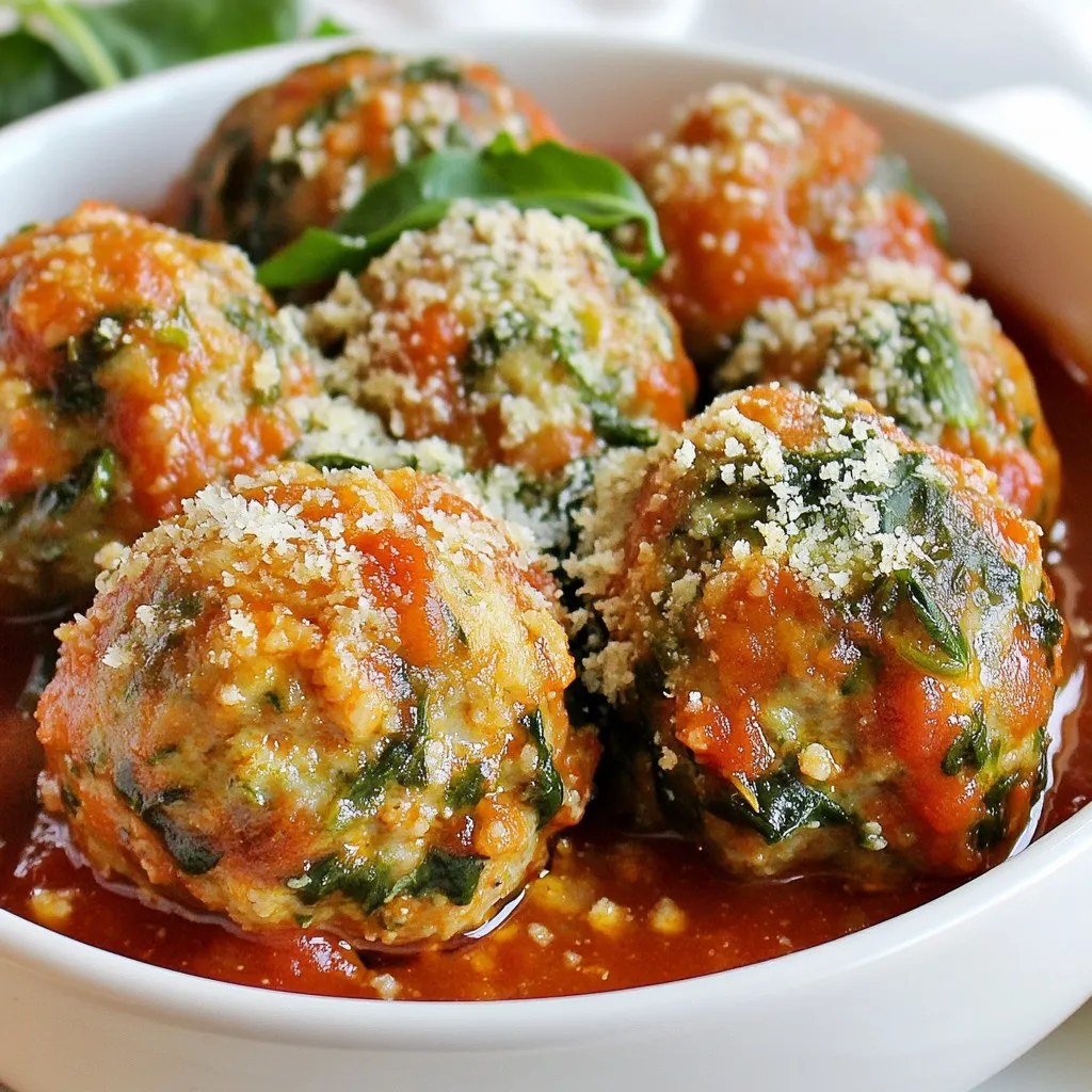 - 1 pound ground turkey - 2 cups fresh spinach, finely chopped - 1/2 cup breadcrumbs (preferably whole wheat) - 1/4 cup grated Parmesan cheese - 1 small onion, finely chopped - 2 cloves garlic, minced - 1 teaspoon dried oregano - 1 teaspoon salt - 1/2 teaspoon black pepper - 1/4 teaspoon red pepper flakes (optional) - 1 tablespoon olive oil (for cooking) - 1 jar (about 24 ounces) marinara sauce (for serving) The main stars of this recipe are ground turkey and fresh spinach. Ground turkey is lean and healthy. It packs protein without too much fat. Fresh spinach adds nutrients and flavor. You can also use frozen spinach if needed, but fresh tastes best. Breadcrumbs help bind the meatballs. I love using whole wheat for added fiber. Parmesan cheese gives a rich taste. Chopped onion and minced garlic add depth to the flavor. For seasoning, dried oregano brings a warm, earthy taste. Salt and black pepper enhance all the flavors. If you like a bit of heat, add red pepper flakes. Usually, I leave this out for kids. You need olive oil to cook the meatballs and marinara sauce to serve them. The sauce adds moisture and flavor to the dish. You can use store-bought sauce or make your own if you have time. Gather these ingredients, and you are ready to make tasty and healthy spinach turkey meatballs! {{ingredient_image_1}} - In a large mixing bowl, combine: - 1 pound ground turkey - 2 cups fresh spinach, finely chopped - 1/2 cup breadcrumbs - 1/4 cup grated Parmesan cheese - 1 small onion, finely chopped - 2 cloves garlic, minced - 1 large egg - 1 teaspoon dried oregano - 1 teaspoon salt - 1/2 teaspoon black pepper - 1/4 teaspoon red pepper flakes (optional) - Mix all the ingredients well using your hands. Be careful not to over-mix. Over-mixing makes meatballs tough. Aim for a gentle touch to keep them tender. - Preheat your oven to 400°F (200°C). - Line a baking sheet with parchment paper for easy cleanup. - Wet your hands before forming meatballs. Shape them into balls about 1 to 1.5 inches in diameter. Place them on the baking sheet. - While the meatballs bake for about 20 minutes, heat 1 tablespoon of olive oil in a large skillet over medium heat. - Add 1 jar of marinara sauce to the skillet. Let it simmer until warm. - Once the meatballs are golden brown, add them to the skillet. Gently toss to coat them in the sauce. Let them simmer together for about 5 minutes. - Serve the meatballs hot, adding extra Parmesan if you like. To get great meatballs, don’t overwork the mixture. When you mix the ground turkey and spinach, do so gently. After adding the breadcrumbs, cheese, and spices, use your hands to combine. Make sure everything is mixed well, but stop once it feels uniform. Over-mixing can make your meatballs tough instead of tender. When forming the meatballs, wet your hands first. This helps the mixture come together without sticking too much. Aim for meatballs about 1 to 1.5 inches in size. This helps them cook evenly. You can choose to bake or pan-fry your meatballs. Baking is easier and cuts down on added oil. To bake, preheat your oven to 400°F (200°C). Line a baking sheet with parchment paper and place your meatballs on it. Bake for about 20 minutes until they're cooked through and golden brown. If you prefer pan-frying, use a bit of olive oil in a skillet over medium heat. Cook the meatballs for about 10 minutes, turning them often. This gives them a nice brown crust. Garnish your meatballs with extra grated Parmesan and some fresh basil for a nice touch. Serve them with marinara sauce for a classic flavor. You can also pair them with whole wheat pasta, rice, or a fresh salad for a balanced meal. Want to switch it up? Try serving them in a sub with melted cheese. Pro Tips Use Fresh Spinach: Fresh spinach not only adds flavor but also enhances the nutritional value of your meatballs. Be sure to chop it finely for a better texture. Keep It Tender: Avoid over-mixing the meatball mixture. This will help maintain a tender, juicy texture. Mix just until combined. Adjust Seasoning: Feel free to modify the spices based on your taste. Adding herbs like basil or parsley can elevate the flavor profile. Perfect Baking: For a crispy exterior, broil the meatballs for the last 1-2 minutes of baking. Just keep an eye on them to prevent burning! {{image_2}} You can easily change the protein in this recipe. Ground chicken or beef are great options. You can also try plant-based meat for a vegetarian dish. For greens, swap spinach with kale or Swiss chard. You can even add finely chopped bell peppers or carrots for extra flavor and nutrients. Spices and herbs can boost the taste. Try adding basil, thyme, or parsley. You can also add a pinch of cumin for warmth. Different cheeses can change the flavor too. Use feta for a tangy taste or mozzarella for a creamy touch. Experiment with what you like best! Meatball subs are a fun option. Just place the meatballs in a sub roll and add marinara sauce. Top with cheese and bake for a melty finish. You can also serve the meatballs with pasta or rice. The marinara sauce pairs well with both. Serve with a sprinkle of cheese on top for extra yum! To store your spinach turkey meatballs, let them cool first. Place them in an airtight container. They can last in the fridge for 3 to 4 days. Make sure to cover them well to keep moisture in. If you want to enjoy them later, refrigeration is your best choice. You can freeze these meatballs for up to 3 months. First, let them cool completely. Then, arrange them in a single layer on a baking sheet. Freeze until firm, about 1 hour. After that, transfer them to a freezer bag. Remove any air from the bag to prevent freezer burn. When you want to eat them, it’s easy! Take the meatballs out and let them thaw in the fridge overnight. There are a few great ways to reheat your meatballs. You can use the oven, stovetop, or microwave. If using the oven, preheat to 350°F (175°C). Place the meatballs on a baking sheet and heat for 15-20 minutes. For stovetop reheating, add a little marinara sauce to a skillet. Heat the sauce over medium heat, then add the meatballs. Simmer gently until warm. If you’re in a hurry, the microwave works too. Place the meatballs on a plate and cover them with a damp paper towel. Heat in short bursts, checking often to keep them moist. No matter how you reheat them, keep the meatballs juicy. This helps them stay tasty and full of flavor. You can swap ground turkey for several meats. Here are some good options: - Ground chicken - Lean ground beef - Ground pork - Ground lamb - Plant-based meat substitutes Each option gives a different flavor. Ground chicken is similar in taste. Lean ground beef brings a richer taste. Ground pork adds moisture. Plant-based options are great for vegans. Yes, you can use frozen spinach! Here are some tips: - Thaw the spinach first. - Squeeze out excess water. - Use about 1 cup of thawed spinach. Frozen spinach is convenient and saves time. It also packs good nutrients. Just be sure to drain it well, or your meatballs may become soggy. These meatballs last about 3 to 4 days in the fridge. Here are some safety tips: - Store in an airtight container. - Cool them down before sealing. - Reheat to at least 165°F (74°C). This way, you can enjoy your leftovers safely. If you want to keep them longer, consider freezing them! This blog post covered how to make delicious meatballs with ground turkey and fresh spinach. We discussed the key ingredients, step-by-step instructions, expert tips, and variations to keep meals fresh. Remember, using the right techniques ensures tasty and moist meatballs every time. Feel free to adapt the recipe by swapping ingredients or trying different styles. With the right storage methods, you can enjoy them later. Happy cooking, and may your meatballs always be a hit!