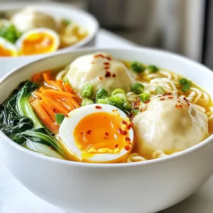 - 4 cups chicken broth - 2 packs of instant ramen noodles (discard seasoning packets) - 1 cup dumplings (store-bought or homemade, any filling you prefer) - 1 cup baby bok choy, halved - 1 carrot, julienned - 2 green onions, sliced - 1 tablespoon soy sauce - 1 tablespoon sesame oil - 1 teaspoon ginger, grated - 2 cloves garlic, minced - Salt and pepper to taste - Soft-boiled eggs - Chili oil In creating a savory dumpling ramen bowl, having the right ingredients is key. Start with fresh chicken broth as it adds depth. Use instant ramen noodles for quick cooking. You can choose dumplings that fit your taste, whether they are filled with meat or vegetables. Baby bok choy and julienned carrots not only add color but also nutrients. Don't forget the seasonings! Soy sauce gives a salty depth. Sesame oil adds a nutty flavor. Grated ginger and minced garlic enhance the aroma and taste. Taste and adjust with salt and pepper. For extra flair, consider optional toppings. A soft-boiled egg makes the bowl rich and creamy. A drizzle of chili oil can spice things up. You can mix and match based on what you love! {{ingredient_image_1}} 1. In a large pot, heat 4 cups of chicken broth over medium heat. 2. Add 1 teaspoon of grated ginger and 2 minced garlic cloves to the broth. 3. Let it simmer for 5 minutes to infuse the flavors. 1. Carefully add 1 cup of dumplings to the broth. 2. Cook for about 5 to 7 minutes until they are tender and heated. 1. Cook 2 packs of instant ramen noodles in a separate pot. 2. Follow the package instructions, then drain and set aside. 1. After dumplings are done, add 1 cup of halved baby bok choy and 1 julienned carrot to the broth. 2. Cook for an additional 2 to 3 minutes until the bok choy is vibrant. 3. Stir in 1 tablespoon of soy sauce and 1 tablespoon of sesame oil. 4. Season with salt and pepper to taste. 1. Divide the cooked ramen noodles evenly into 4 bowls. 2. Ladle the broth, dumplings, bok choy, and carrot over the noodles. 3. If you like, top each bowl with a soft-boiled egg and a drizzle of chili oil. 4. Garnish with sliced green onions before serving. To cook dumplings well, timing is key. For frozen dumplings, aim for 5 to 7 minutes in the broth. Fresh dumplings often need only 3 to 5 minutes. Look for these signs to know your dumplings are done: - They float to the top of the broth. - They feel soft yet firm to the touch. - The filling is hot when you cut one open. You can boost the flavor of your ramen with extra seasonings. Try adding a splash of rice vinegar or a pinch of five-spice powder. Using homemade broth adds depth. Simmer chicken bones with ginger and garlic for hours. This makes a rich, tasty broth. Make your bowl look great! Start by placing the ramen noodles in the center. Pour broth around the noodles. Arrange toppings in a colorful way: - Lay the dumplings neatly on one side. - Scatter bok choy and carrots around. - Finish with the green onions on top. A soft-boiled egg can be cut in half and placed on top for a fancy touch. Pro Tips Use Homemade Broth: For a richer flavor, consider making your own chicken broth. It enhances the overall taste of the ramen. Perfecting Dumplings: If using frozen dumplings, ensure they are fully cooked by checking the packaging instructions. This ensures they are safe to eat and delicious. Vegetable Variations: Feel free to swap out bok choy and carrots for other veggies like spinach or snap peas, depending on your preference or what you have on hand. Spice It Up: Adjust the amount of chili oil to your liking. Start with a small drizzle and add more if you prefer extra heat! {{image_2}} You can switch things up with different proteins. Chicken is a classic choice. Beef adds a hearty touch. Tofu is great for a plant-based option. If you want to keep it vegetarian, look for dumplings filled with veggies. Many stores offer these tasty options, or you can make your own. Not a fan of bok choy? Try spinach or kale instead. Both add great flavor and nutrition. You can also use snap peas or bell peppers for a nice crunch. They add color and texture to your ramen bowl. Want to kick up the heat? Add chili oil on top. It gives your bowl a nice kick. You can also include sliced jalape&ntilde;os or crushed red pepper. For a spicy broth, add a dash of sriracha while cooking. Adjust the amount to suit your taste. To store your ramen bowls, let them cool first. Place them in airtight containers. This keeps them fresh in the fridge. The dish stays good for about 3 days. After that, the flavors fade. When reheating, use a pot on low heat. This warms the broth gently. Stir it often to keep the texture. Heat until it reaches at least 165&deg;F. This ensures it is safe to eat. You can also use the microwave. Heat in short bursts, stirring in between. Yes, you can freeze the broth and noodles. However, it's best to freeze them separately. This keeps the noodles from getting mushy. Dumplings can also be frozen. Place them in a single layer on a tray. Once frozen, transfer them to a bag. They last up to 3 months in the freezer. Yes, you can use many types of noodles. Some good options are: - Udon noodles - Soba noodles - Rice noodles These noodles can change the dish's texture and flavor. Udon gives a chewy bite, while soba adds a nutty taste. Rice noodles are light and great for gluten-free diets. Making dumplings from scratch is simple. Here&rsquo;s a quick overview: 1. Dough: Mix flour and water to form a dough. Knead until smooth. 2. Filling: Use ground meat, veggies, or tofu. Add seasonings like garlic and ginger. 3. Shape: Roll out small circles of dough. Place filling in the center and fold over. Pinch to seal. 4. Cook: Boil, steam, or pan-fry until cooked through. Homemade dumplings taste fresh and add a personal touch to your ramen bowl. You can enhance your broth in many ways without store-bought additives. Consider these ideas: - Fresh herbs: Add cilantro or basil for a fresh taste. - Spices: A pinch of chili flakes adds warmth. - Citrus: A squeeze of lime or lemon brightens the flavors. - Miso paste: Stir in a spoonful for umami depth. These additions can make your broth richer and more exciting. Yes, this recipe is great for meal prep! Here are some tips: - Batch cook: Make a large pot of broth and dumplings. - Store separately: Keep broth, noodles, and toppings in different containers. This keeps the noodles from getting soggy. - Refrigerate: The dish stays fresh for up to 3 days. - Reheat: Warm the broth and noodles separately to maintain texture. Meal prepping helps you enjoy this tasty dish throughout the week! This blog post explored all the essential parts of making a delicious ramen bowl. We covered ingredients like chicken broth, dumplings, and fresh veggies. You learned how to cook the broth, prepare dumplings, and serve a tasty meal. Plus, I shared tips for flavor and presentation. In the end, this dish is all about creativity and comfort. Feel free to mix and match flavors to suit your tastes. Enjoy making it, and happy cooking!