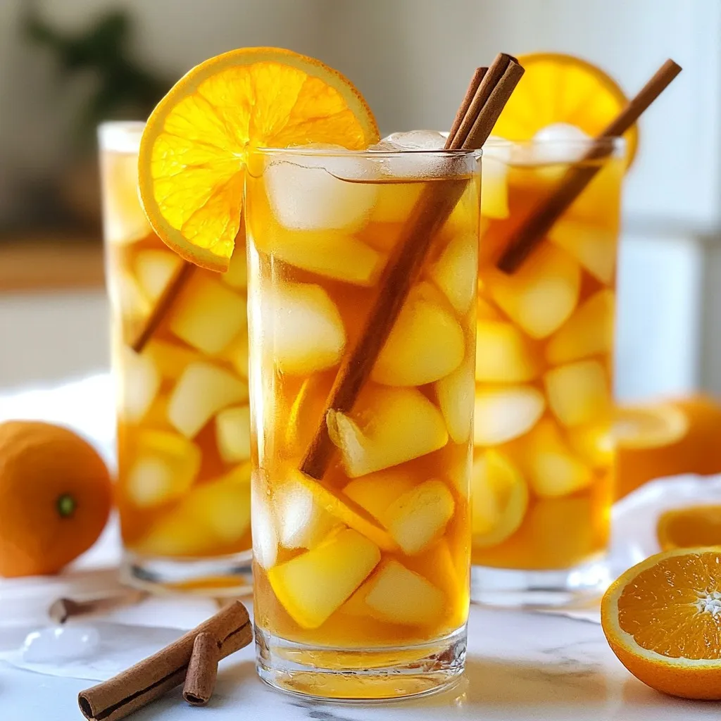 The key to a great Orange Cinnamon Iced Tea lies in the ingredients. Here’s what you need: - 4 black tea bags - 4 cups boiling water - 1 orange, zested and juiced - 2 cinnamon sticks - 1/4 cup honey (or to taste) - 4 cups cold water - Ice cubes - Orange slices for garnish - Cinnamon sticks for garnish Each ingredient in this drink offers unique benefits: - Black tea: Rich in antioxidants. It can help boost heart health. - Orange: High in vitamin C. It supports the immune system and adds a fresh taste. - Cinnamon: Known for its anti-inflammatory properties. It can help stabilize blood sugar levels. - Honey: A natural sweetener. It has antibacterial properties and adds a lovely flavor. - Water: Essential for hydration. It helps you feel refreshed on hot days. You can adjust the recipe based on what you have: - Black tea: Use green tea or herbal tea for a different flavor. - Honey: Maple syrup or agave nectar works well if you prefer a vegan option. - Orange: Lemon or lime can add a tangy twist. - Cinnamon sticks: Ground cinnamon can be used, but add it slowly since it’s stronger. Feel free to mix and match based on your taste and what’s in your kitchen! {{ingredient_image_1}} Start by boiling 4 cups of water. Use a kettle for this. Once it boils, pour it into a heatproof pitcher. Add 4 black tea bags to the hot water. Let the tea steep for 5 to 7 minutes. The longer it steeps, the stronger it gets. After steeping, remove the tea bags. This step is key to avoid bitterness. Next, add the juice and zest of one orange. This gives the tea a fresh taste. Then, drop in 2 cinnamon sticks. These add warmth and spice. While the tea is still warm, stir in 1/4 cup of honey. Mix it well until the honey fully dissolves. Let the tea cool at room temperature. This step is important for the best flavor. Once cooled, stir in 4 cups of cold water. This will help chill the tea even more. Now, place the pitcher in the fridge. Let it chill for at least 2 hours. This allows the flavors to blend nicely. When you are ready to serve, fill tall glasses with ice cubes. Pour the chilled tea over the ice. For a finishing touch, add an orange slice and a cinnamon stick to each glass. This looks great and adds more flavor. To get the best taste, use fresh ingredients. Fresh oranges and good-quality tea bags matter. If you want less sweetness, start with less honey. You can always add more later. Adjust the orange juice to make it brighter. Don’t forget to taste as you go. This helps you find the perfect balance. When making Orange Cinnamon Iced Tea, avoid oversteeping the tea bags. This can make the tea bitter. Keep an eye on the steeping time, around 5-7 minutes, is best for flavor. Remember to remove the tea bags right after steeping. If you add honey to hot tea, it will dissolve well. If you wait too long, it may not mix in properly. Also, don’t skip the cooling step. Letting the tea cool before adding cold water helps the flavors blend better. Adjusting sweetness in your iced tea is easy. Start with 1/4 cup of honey and taste. If you like it sweeter, add more honey a bit at a time. You can also use other sweeteners like agave or maple syrup. Just remember, sweeteners can change the flavor a little. If you want a healthier option, try adding a splash of orange juice instead of more sugar. Fresh ingredients make a big difference in taste. For extra flavor, add fresh orange slices or mint leaves when serving. You can also try other spices like ginger or cardamom for a new twist. If you want a more intense flavor, let the tea sit in the fridge longer. The longer it sits, the more the flavors mix and develop. Enjoy experimenting to find your perfect mix! Pro Tips Choose Quality Tea: Using high-quality black tea bags will enhance the flavor of your iced tea significantly. Experiment with Sweetness: Adjust the amount of honey based on your taste preferences; you can also use agave or maple syrup as alternatives. Chill Time Matters: Allowing your tea to chill for at least 2 hours helps the flavors develop and results in a more refreshing drink. Garnish for Aesthetic: Add extra orange slices and cinnamon sticks not only for decoration but also to infuse more flavor as it sits. {{image_2}} You can add a twist to your Orange Cinnamon Iced Tea by using other citrus fruits. Try adding lemon, lime, or grapefruit. Each fruit brings a different zing. For lemon, use the juice and zest. Lime adds a fresh taste. Grapefruit gives a nice balance of sweet and tart. Experiment with these fruits to find your favorite blend. If you want to change the sweetness, you can swap honey for other options. Agave syrup is a great substitute. It dissolves well and has a mild taste. You can also use maple syrup for a rich flavor. Just remember to start with less and adjust to your taste. Each sweetener changes the drink's character, so have fun with it! For those who prefer herbal tea, you can easily make this drink. Use herbal tea bags instead of black tea. Look for flavors like chamomile or hibiscus. These add a lovely floral note. If you want decaf, check for decaffeinated black tea bags. This way, you can enjoy your drink any time without the caffeine buzz. To store leftover iced tea, pour it into a clean pitcher. Make sure the pitcher has a lid. This helps keep the tea fresh. Place the pitcher in the fridge. It stays good for about 3 to 5 days. If you want extra cold tea, add ice just before serving. Keep your iced tea covered. This prevents it from absorbing other smells in the fridge. Use a glass or plastic pitcher. Avoid metal containers, as they may change the taste. If you notice any strange smells or flavors, it's time to toss it. Always check for freshness before drinking. You can reuse the orange slices and cinnamon sticks! After you finish your tea, put them in water for a light flavor. This can be a fun way to make a quick drink. You can also use the spent tea bags for compost. They help nourish your plants. The best tea for iced tea is black tea. It has bold flavors that mix well with orange and cinnamon. You can also use green tea for a lighter taste. Each type of tea gives a unique flavor. I prefer black tea for this recipe. It makes the orange and cinnamon pop! Yes, you can make this iced tea without honey. If you want it sweet, try using sugar or agave. You can also skip sweeteners for a less sweet drink. The orange juice adds natural sweetness too. Adjust it to your taste to enjoy your drink. You can store Orange Cinnamon Iced Tea in the fridge for up to 5 days. Keep it in a sealed pitcher to stay fresh. If you see any changes in color or smell, it’s best to toss it out. Enjoy your tea while it’s fresh for the best flavor! I shared key ingredients and their benefits for making great iced tea. We discussed easy steps for brewing, cooling, and serving it. I also offered tips to avoid common mistakes and enhance flavors. You now know how to store leftovers and explore fun variations. Remember, experimenting can lead to your favorite drink. Enjoy your iced tea and share it with friends!