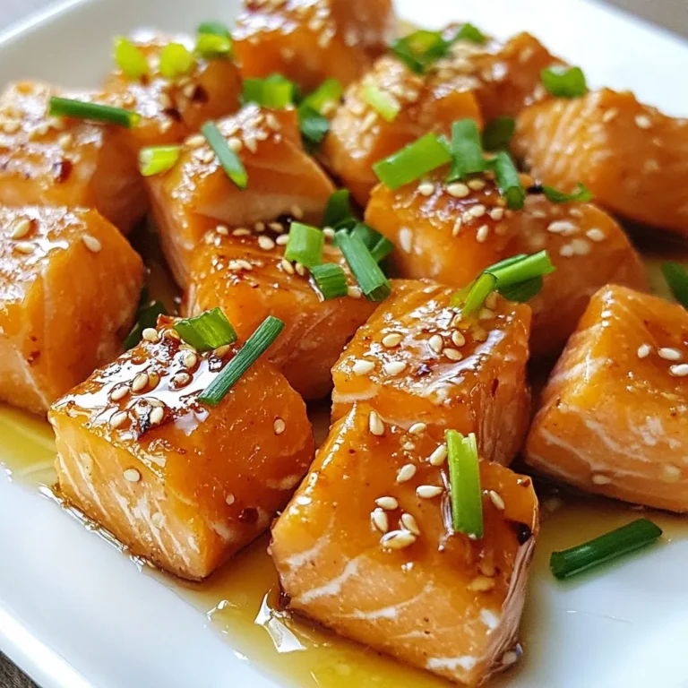 - 1 lb fresh salmon fillet, skin removed and cut into bite-sized cubes - 1/4 cup honey - 3 tablespoons soy sauce (low sodium) - 2 cloves garlic, minced - 1 tablespoon fresh ginger, grated - 1 tablespoon olive oil - 1 teaspoon sesame oil - 1 tablespoon sesame seeds - 2 green onions, chopped - Salt and pepper to taste Gather these ingredients to make your honey garlic salmon bites. Fresh salmon is key. It should be firm and bright. Honey adds sweetness and depth. Low-sodium soy sauce gives a rich umami flavor. Garlic and ginger bring warmth and zest. Olive oil helps the marinade stick and adds a nice mouthfeel. For garnish, sesame seeds and green onions add crunch and color. Salt and pepper enhance all the flavors. These simple ingredients come together to create a dish that is both savory and sweet. Trust me; they will impress your family and friends! {{ingredient_image_1}} To start, gather your ingredients. In a medium bowl, mix together the honey, soy sauce, minced garlic, grated ginger, olive oil, and sesame oil. Whisk it all until it blends well. This mix is your marinade. It gives the salmon its sweet and savory flavor. Next, take your fresh salmon fillet. Cut it into bite-sized cubes. Place these cubes in the bowl with the marinade. Gently toss them to coat every piece evenly. Cover the bowl and put it in the fridge. Let it marinate for 15 to 30 minutes. This step is key. It helps the salmon absorb the flavors. Now, it's time to bake. Preheat your oven to 400°F (200°C). While it heats up, line a baking sheet with parchment paper. This keeps the salmon from sticking. Once the oven is ready, take the salmon out of the fridge. Spread the marinated salmon bites on the baking sheet in a single layer. Pour any leftover marinade over the top. This adds extra flavor while baking. Bake the salmon for 12 to 15 minutes. Keep an eye on it. You want the pieces to be cooked through and slightly caramelized. For even cooking, turn them halfway through. When the salmon bites are done, take them out of the oven. Let them cool for a few minutes. This helps with handling. Now, it’s time for garnish. Sprinkle sesame seeds and chopped green onions over the salmon. This adds a nice crunch and brightness. You can serve these bites warm or let them cool to room temperature. They make a great appetizer or a main dish. Enjoy your sweet and savory honey garlic salmon bites! To make your marinade just right, you can adjust the sweetness and saltiness. If you like it sweeter, add more honey. For a saltier taste, increase the soy sauce. I suggest letting the salmon marinate for a longer time. This helps the flavors soak in better. Aim for at least 30 minutes if you can. The longer, the tastier! You can choose between baking and pan-searing. Baking is simpler and gives even cooking. Preheat your oven to 400°F (200°C) for the best results. If you want a crispier bite, try pan-searing. It cooks the salmon quickly and adds a nice crust. Broiling is another great option. It caramelizes the honey and gives a rich flavor. Just keep an eye on it to avoid burning. Pair these salmon bites with tasty sides. Rice, quinoa, or steamed veggies work well. For a fresh twist, serve with a salad. When it comes to presentation, use a nice platter. Arrange the bites neatly and sprinkle with sesame seeds and green onions on top. This adds color and makes it look fancy! Pro Tips Marinate for Maximum Flavor: Allowing the salmon to marinate for at least 30 minutes enhances the flavor and tenderness of the fish. Even Cooking: Make sure to cut the salmon into uniform pieces to ensure they cook evenly and avoid overcooking some pieces. Check for Doneness: Salmon is perfectly cooked when it flakes easily with a fork and has an internal temperature of 145°F (63°C). Garnish for Presentation: Adding sesame seeds and green onions not only enhances the visual appeal but also adds an extra crunch and flavor to the dish. {{image_2}} You can change the flavor of honey garlic salmon bites easily. Adding spices makes it fun. Consider adding red pepper flakes for heat. Fresh herbs like cilantro or basil can brighten the dish. You might also use alternative sweeteners. Maple syrup or agave can replace honey. Each option gives a new twist to the flavor! If you need gluten-free options, use tamari instead of soy sauce. This keeps the dish tasty without gluten. For low-carb variations, reduce the honey. You can also serve the salmon on a bed of veggies instead of rice. This keeps it light and healthy while still being filling. You don’t have to stick with salmon! Other fish like tilapia or cod work well too. They absorb flavors nicely and cook quickly. If you want a different protein, chicken or tofu can be great substitutes. Marinate them just like the salmon for a delicious meal. Each protein brings its own unique taste to your dish. To keep your honey garlic salmon bites fresh, store them in the fridge. Use an airtight container. They will last for up to three days. For longer storage, you can freeze them. Place the salmon bites in a freezer-safe bag. Make sure to remove as much air as possible. They can stay good for up to three months in the freezer. When you’re ready to eat, reheating is key. The best way is to use the oven. Preheat it to 350°F (175°C). Place the salmon bites on a baking sheet. Cover them with foil to keep them moist. Heat for about 10 minutes. Check to see if they are warm throughout. You can also use a microwave. Heat in short bursts of 30 seconds. This keeps the texture soft and tasty. You can prepare these salmon bites in advance. Marinate the salmon the night before. This lets the flavors blend well. For quick meals, try adding leftovers to salads or rice bowls. They also taste great in a sandwich. Just chop them up and mix with some greens. This way, you create a tasty meal in no time! Yes, you can use frozen salmon. First, thaw it safely. Place the salmon in the fridge overnight. If you need it faster, use the cold water method. Just seal the fish in a bag and soak it in cold water for about an hour. Make sure the water stays cold. Once thawed, pat the salmon dry. This helps the marinade stick better. I recommend marinating the salmon for 15 to 30 minutes. This time allows the flavors to soak in well. If you use a longer time, the salmon can become too salty. Always check the taste after the recommended time. You want a good balance of sweet and savory. Many sides complement honey garlic salmon bites. Here are some tasty options: - Steamed rice: White or brown rice works great. - Quinoa: This adds a nutty flavor and is healthy. - Roasted vegetables: Choose your favorites like broccoli or carrots. - Green salad: A fresh salad with a light dressing brightens the meal. - Cucumber salad: This adds a nice crunch and coolness. These sides make your meal even more delicious and satisfying. This blog post covered everything you need to make tasty honey garlic salmon bites. We discussed the main ingredients, flavor boosters, and how to cook the salmon perfectly. I shared tips and tricks to enhance your dish and even offered suggestions for variations. Remember, you can easily store and reheat leftovers, too. With these easy steps and ideas, you can enjoy delicious meals any time. Embrace your cooking skills and try it out!