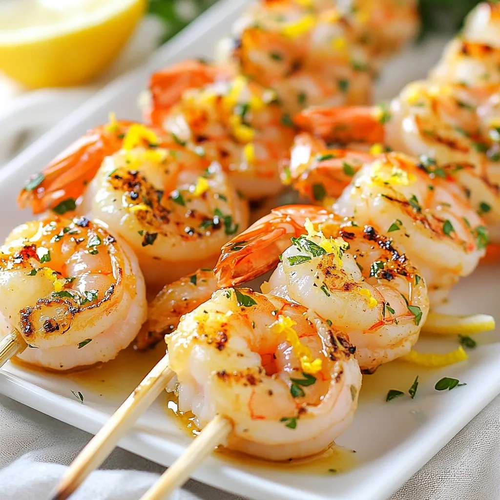 Here’s what you need for Lemon Herb Grilled Shrimp Skewers: - 1 lb large shrimp, peeled and deveined - 3 tablespoons olive oil - 2 tablespoons fresh lemon juice - Zest of 1 lemon - 2 garlic cloves, minced - 1 teaspoon dried oregano - 1 teaspoon dried thyme - Salt and pepper to taste - Skewers (wooden or metal) - Fresh parsley, chopped (for garnish) If you don’t have some ingredients, here are some easy swaps: - Shrimp: Use scallops or firm fish. - Olive oil: Canola or avocado oil works too. - Fresh lemon juice: Use lime juice for a twist. - Dried herbs: Fresh herbs can replace dried ones; just use more. - Garlic: Garlic powder can work if you’re in a pinch. To make this dish, you will need a few tools: - Mixing bowl for the marinade - Whisk to blend the ingredients - Skewers for grilling - Grill or grill pan for cooking - Tongs to flip the skewers - Serving platter for presentation With these ingredients, substitutions, and tools ready, you can prepare a tasty dish that everyone will love. {{ingredient_image_1}} Start with one pound of large shrimp. Make sure they are peeled and deveined. This means you remove the shell and the dark vein on the back. Rinse the shrimp under cold water. Pat them dry with a paper towel. If you are using wooden skewers, soak them in water for at least 30 minutes. This step helps prevent burning on the grill. In a mixing bowl, add three tablespoons of olive oil. Next, squeeze in two tablespoons of fresh lemon juice. Add the zest of one lemon for extra flavor. Mince two garlic cloves and add them to the bowl. Then, sprinkle in one teaspoon of dried oregano and one teaspoon of dried thyme. Season with salt and pepper to taste. Whisk everything together until well mixed. Now, add the shrimp to the marinade. Toss them gently to coat all sides. Let the shrimp soak in the marinade for at least 15 minutes. This step allows the shrimp to absorb those lovely flavors. Preheat your grill to medium-high heat. While the grill heats up, thread the marinated shrimp onto the skewers. Leave a little space between each shrimp. This helps them cook evenly. Once the grill is ready, place the skewers on it. Grill the shrimp for about 2 to 3 minutes on each side. You know they are done when they turn pink and opaque. Carefully remove the skewers from the grill. Place them on a serving platter and garnish with chopped parsley for a fresh touch. Marinating shrimp is key to great flavor. Use fresh lemon juice, olive oil, garlic, oregano, and thyme. Mix these in a bowl. Toss the shrimp into the marinade. Make sure each shrimp gets coated well. Let them sit for at least 15 minutes. This time helps the shrimp soak up all the tasty flavors. For more flavor, you can marinate longer, but don’t go over an hour. Grilling shrimp takes some care. Start by preheating your grill to medium-high heat. This ensures the shrimp cook evenly. When threading shrimp onto skewers, leave a little space between each one. This helps heat reach all sides. Grill the shrimp for 2-3 minutes on each side. Watch for color change; they should turn pink and opaque. Overcooking can make shrimp tough, so stay close! When the skewers are done, move them to a serving platter. A sprinkle of fresh parsley adds color and taste. You can serve these skewers with rice or a fresh salad. They also pair well with dips like garlic sauce or lemon aioli. For a fun twist, add grilled vegetables for extra flavor. Enjoy your flavorful feast! Pro Tips Pre-soak Wooden Skewers: Soaking wooden skewers in water for at least 30 minutes prevents them from burning on the grill, ensuring they hold your shrimp securely while cooking. Marinate Longer for Flavor: For a deeper flavor, consider marinating the shrimp for 30 minutes to an hour. This allows the herbs and spices to penetrate the shrimp better. Use High Heat: Grilling at medium-high heat ensures that the shrimp cook quickly, keeping them juicy and preventing them from becoming rubbery. Garnish Just Before Serving: Add freshly chopped parsley right before serving for a vibrant color and fresh flavor, enhancing the overall presentation of your dish. {{image_2}} To add some heat, mix in red pepper flakes. I suggest starting with half a teaspoon. This gives the shrimp a nice kick without being too spicy. You can also use a spicy sauce in the marinade for an extra layer of flavor. Try sriracha or chili garlic sauce for a fun twist. Adjust the amount based on your heat preference. Adding vegetables makes these skewers colorful and tasty. Bell peppers, zucchini, and cherry tomatoes work well. Cut the veggies into similar sizes as the shrimp. Marinate them with the shrimp for the best flavor. Thread the shrimp and veggies onto the skewers, alternating between them. This adds a delightful crunch while grilling! You can easily cook these skewers in the oven or on the stovetop. For the oven, preheat it to 400°F (200°C). Place the skewers on a baking sheet lined with foil. Cook for about 8-10 minutes, flipping halfway. For skillet cooking, heat a bit of oil in a pan over medium-high heat. Cook the shrimp for about 2-3 minutes on each side until pink. Both methods yield juicy, flavorful shrimp! Store your leftover shrimp skewers in an airtight container. Place them in the fridge. They stay fresh for up to three days. Make sure to cool them down before storing. This keeps the shrimp safe to eat. To reheat, you can use the grill or a skillet. Heat the grill to medium. Place the skewers on the grill for about two minutes. You can also heat them in a skillet on medium heat. Cook each side for about two to three minutes. If you want to freeze marinated shrimp, do it before cooking. Place the shrimp and marinade in a freezer bag. Squeeze out as much air as you can before sealing. They will last in the freezer for up to three months. When you’re ready to cook, thaw them in the fridge overnight. You should marinate the shrimp for at least 15 minutes. This time lets the shrimp soak up the flavors of the olive oil, lemon juice, garlic, and herbs. If you have more time, you can marinate them for up to an hour. This longer time deepens the taste. Yes, you can use frozen shrimp. Just make sure to thaw them first. Place them in the fridge overnight or run them under cold water for a quick thaw. Once thawed, peel and devein them if needed. This way, they will absorb the marinade well. Many side dishes go well with the shrimp skewers. Here are some ideas: - A fresh green salad with lemon vinaigrette - Grilled vegetables like zucchini and bell peppers - Rice or quinoa for a filling option - Garlic bread for a tasty bite Shrimp cook quickly, so watch them closely. They are done when they turn pink and opaque. Each side usually takes about 2-3 minutes on the grill. If you see them curling tightly, they are likely cooked through. Yes, you can prepare the skewers in advance. Marinate the shrimp and thread them onto the skewers. Store them in the fridge for up to 2 hours before grilling. This helps save time and keeps the flavors fresh. In this post, I covered everything you need for perfect lemon herb shrimp skewers. We looked at key ingredients and easy substitutions. I shared step-by-step instructions and grilling tips. You learned how to store leftovers and reheating methods. Finally, I included variations to keep things fresh. Remember, practice makes perfect. With these tips, you can create tasty skewers every time. Enjoy sharing your delicious results with family and friends!